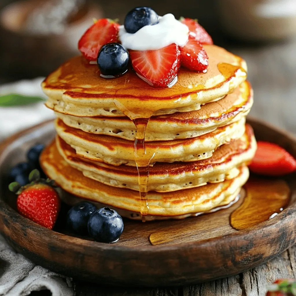- 1 cup cottage cheese - 1/2 cup rolled oats - 3 large eggs - 1 teaspoon vanilla extract - 1 teaspoon baking powder - 1/4 teaspoon cinnamon - Pinch of salt - Coconut oil or butter (for cooking) - Fresh fruit, honey, or yogurt for serving To make high-protein cottage cheese pancakes, you need a few simple ingredients. First, the cottage cheese. It adds protein and a nice texture. I always choose a cup for the best results. Next, I use rolled oats. This ingredient gives the pancakes a hearty feel. A half-cup works well here. Next up are the eggs. They help bind the batter and add more protein. I use three large eggs for a fluffy finish. Vanilla extract adds a sweet flavor, so I include one teaspoon. Baking powder is key for fluffiness too, so don't skip the teaspoon of that. Cinnamon gives a warm spice note. Just a quarter teaspoon is perfect. Don't forget a pinch of salt; it enhances all the flavors. For cooking, I use coconut oil or butter. Both work great for that golden crust. Finally, think about toppings. Fresh fruit, honey, or yogurt makes the pancakes even better. These ingredients create a delicious and nutritious breakfast. Enjoy the process! Blending the batter Start by adding the cottage cheese to your blender. Next, add the rolled oats, eggs, vanilla extract, baking powder, cinnamon, and a pinch of salt. Blend on medium speed until you get a smooth batter. It should be thick, not runny. Preheating the skillet While blending, heat your non-stick skillet over medium heat. Add a small amount of coconut oil or butter to coat the skillet. This helps prevent sticking and gives a nice flavor. Cooking the pancakes Once your skillet is hot, pour about 1/4 cup of batter onto the skillet for each pancake. Cook for 2-3 minutes. Watch for bubbles to form on the surface. The edges should start to look set before you flip. Flipping technique Gently flip the pancakes using a spatula. Cook the other side for another 2-3 minutes until golden brown. Make sure they are cooked through. Remove them from the skillet and keep them warm while you cook the rest. Suggested toppings You can top your pancakes with fresh fruit like berries or sliced bananas. A drizzle of honey adds sweetness. Yogurt makes a creamy addition that pairs well with the pancakes. Presentation tips Stack the pancakes high on a plate. Serve them warm for the best taste. Add your chosen toppings for a beautiful and tasty meal. Enjoy the colorful look and delicious flavors! To make great pancakes, the batter must be just right. If it is too thick, add a little water or milk. If it is too runny, add a bit more oats. The batter should look thick but pourable. Cooking is key for even browning. Preheat your skillet on medium heat. This helps the pancakes cook evenly. Use a non-stick pan to avoid sticking. Coat it lightly with coconut oil or butter. When you pour the batter, do it gently. This helps keep the pancake shape. Watch for bubbles on the surface. That means it is time to flip! Cook until both sides are golden brown. For blending, a good blender makes a big difference. Use a high-power blender for a smooth batter. A regular blender can work too, just blend longer. For cooking, a non-stick skillet is best. You can also use a griddle if you have one. Both options provide even heat and make flipping easy. Remember to choose the right size based on your pancake. {{image_2}} You can make these high-protein cottage cheese pancakes even better by adding flavors. For example, try mixing in a bit of nutmeg. This spice gives a warm flavor that works well. You can also add some vanilla extract. It adds a sweet touch that makes each bite delightful. If you want to add fruits, bananas and blueberries are great choices. Mashed bananas will keep the pancakes moist and sweet. Blueberries add nice bursts of flavor. Just fold them into the batter before cooking. You can easily adapt these pancakes for different diets. If you need a gluten-free option, use gluten-free rolled oats. They work just as well and keep the texture nice. For those who want a dairy-free version, swap the cottage cheese for a dairy-free alternative. Look for options made from almond or soy. This change keeps the pancakes tasty while fitting your needs. To store leftover pancakes, first let them cool completely. Place them in a single layer on a plate. Cover the plate with plastic wrap or foil. You can also stack them with parchment paper between each pancake. This helps to prevent sticking. For longer storage, use an airtight container. This keeps them fresh for up to three days in the fridge. The best way to reheat pancakes is in the microwave. Place a pancake on a microwave-safe plate. Heat for about 20-30 seconds. Check if it's warm enough; if not, heat it for a few more seconds. You can also use a skillet. Heat the skillet on low, add the pancake, and cook for about 1-2 minutes on each side. This method keeps them soft and tasty. Yes, these pancakes can be gluten-free. Use certified gluten-free oats. Check the label to be sure. You can try different cheeses. Ricotta or cream cheese works well too. Each offers a unique taste. To make vegan pancakes, swap eggs for flax eggs. Use plant-based yogurt instead of cottage cheese. You can serve these pancakes with fresh fruit, honey, or yogurt. Maple syrup is also a tasty option. These high-protein pancakes are easy to make and tasty. We covered the main ingredients, steps, and adjustments for flavor and diet. Remember, the right tools and tips make cooking fun and simple. You can mix and store them for quick meals later. Keep experimenting with toppings and flavors. Pancakes can fit your taste and needs. Enjoy making them and sharing them with others!
