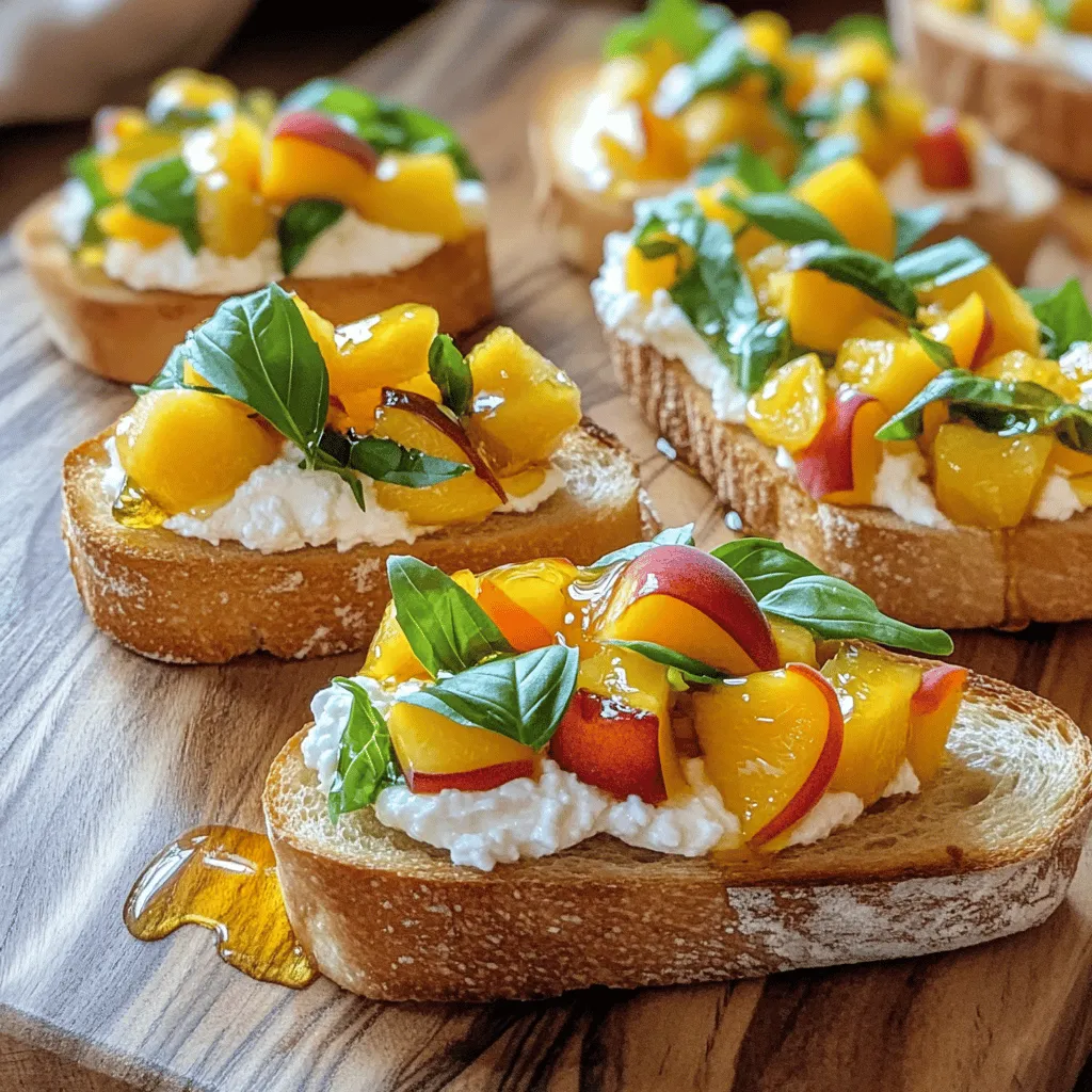 To create the perfect Peach Bruschetta with Whipped Ricotta, gather these fresh ingredients: - French baguette - Ripe peaches - Ricotta cheese - Honey - Vanilla extract - Fresh lemon juice - Fresh basil - Salt and black pepper - Extra virgin olive oil Each ingredient plays a key role in the flavor and texture of this dish. The French baguette serves as a sturdy base, while ripe peaches bring a sweet touch. Ricotta cheese adds creaminess, and honey gives a hint of sweetness. Vanilla extract enhances the flavor, while lemon juice adds brightness. Fresh basil contributes a fragrant aroma. Finally, salt and black pepper balance the dish, and extra virgin olive oil enriches everything. Always aim for the best quality ingredients. Fresh, ripe peaches will make a big difference. Look for peaches that are soft but not mushy. Trust me, using fresh herbs like basil elevates the taste. You'll enjoy the rich flavors in every bite. First, take a mixing bowl. Add 1 cup of ricotta cheese. Then, mix in 2 tablespoons of honey, 1 teaspoon of vanilla extract, and 1 tablespoon of fresh lemon juice. Sprinkle in a pinch of salt for flavor. Use a fork or whisk to whip this mixture until it is creamy and smooth. Set this aside for later. Next, preheat your oven to 400°F (200°C). While it heats, slice your French baguette into 1/2-inch pieces. Place these slices on a baking sheet in a single layer. Lightly brush each slice with extra virgin olive oil. Toast them in the oven for about 5-7 minutes. You want them golden brown and crisp. Now, take another bowl and add 2 ripe peaches, diced into small pieces. Toss in 1 tablespoon of fresh basil, finely chopped. Add a drizzle of olive oil, 1 tablespoon of lemon juice, and a pinch of salt and black pepper. Mix gently to combine. This helps all the flavors mix well. Once your baguette slices are toasted, take each slice and spread a generous dollop of the whipped ricotta on top. Then, add a spoonful of the peach mixture over the ricotta. This layering gives each bite a perfect balance of flavors. For the finishing touch, drizzle a little more honey over the top if you like it sweet. Add a few more basil leaves as a garnish for color. Serve these delightful bites right away while the bread is warm. Enjoy each bite of this peach bruschetta with whipped ricotta! Toasting the baguette right makes a big difference. Start by preheating your oven to 400°F (200°C). Arrange the sliced baguette on a baking sheet. Make sure they lie flat and don’t overlap. Brush a little extra virgin olive oil on each slice. This helps them turn golden brown. Toast them for about 5-7 minutes. Keep an eye on them to avoid burning. Once done, they should be crisp and warm. Pick ripe peaches for the best flavor. Look for peaches that are firm but give slightly when you press them. They should smell sweet, hinting at their ripeness. Avoid peaches with bruises or soft spots. When you dice them, they should be juicy and vibrant. Fresh peaches add a burst of flavor to your bruschetta. If fresh peaches are not available, you can use canned peaches in juice, but fresh is best. If you have leftover ricotta, store it in an airtight container. It stays fresh for about 3-5 days in the fridge. For leftover peaches, keep them in a bowl covered with plastic wrap. Use them within 2 days for the best taste. If you have extra baguette, wrap it in foil or plastic. Store it at room temperature to keep it fresh. Never refrigerate bread, as it can turn stale quickly. {{image_2}} You can add nuts to your bruschetta for extra crunch. Try chopped walnuts or sliced almonds. Nuts bring a nice texture to the dish. Toast them lightly for a rich flavor. Just sprinkle them on top of the peach mixture before serving. This adds a fun twist and a healthy boost. Herbs can change the flavor of your bruschetta. Instead of basil, try mint or thyme. They add freshness and a new taste. Chopped mint pairs well with peaches and gives a bright note. Thyme adds a warm, earthy depth. Feel free to mix herbs, too. A blend can create a unique flavor profile. You can also mix sweet and savory toppings. Consider adding some crumbled feta cheese for a salty kick. A drizzle of balsamic glaze adds sweetness and tang. You can also layer on thin slices of prosciutto. This adds a savory touch that balances the sweet peaches. These variations keep the dish exciting and fun for everyone. If you have leftover peach bruschetta, store it right away. Place the bruschetta in an airtight container. Keep it in the fridge for up to one day. The bread will get soggy if you wait too long. It is best to eat it fresh. To keep your ingredients fresh, store them separately. Place the whipped ricotta in a sealed container. Store diced peaches in another container. This way, the flavors stay bright. You can keep the ricotta for up to three days. The peaches last about two days in the fridge. When you want to eat your bruschetta again, reheat it carefully. Preheat the oven to 350°F (175°C). Place the bruschetta on a baking sheet. Heat for about 5-7 minutes. This warms the bread without making it too hard. Enjoy your tasty treat again! Yes, you can make parts of peach bruschetta ahead. Prepare the whipped ricotta and the peach mixture. Store them in the fridge for up to a day. Toast the baguette just before serving. This keeps the bread crisp and fresh. If you need a substitute for ricotta, try cream cheese or goat cheese. Both will offer a creamy texture. You could also use cottage cheese for a lighter option. Blend it until smooth for the best results. When picking peaches, look for ones that feel slightly soft. They should have a sweet smell. Check for a rich color, often a vibrant yellow or orange. Avoid peaches that have blemishes or are too hard. You’ve learned to make a delightful peach bruschetta. We covered ingredients, preparation, and storage tips. Remember to pick ripe peaches and toast the baguette just right. You can add nuts or herbs for extra flavor. Keep these simple steps in mind for a fresh and tasty treat. Enjoy your bruschetta with friends or family. It’s easy, fun, and sure to impress! Happy cooking!
