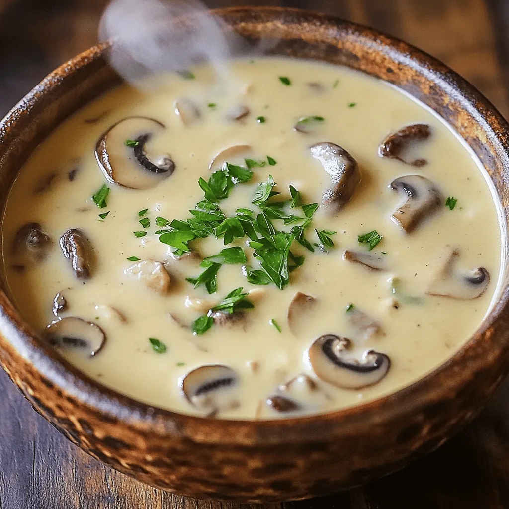 - 500g mixed mushrooms (cremini, button, shiitake) - 1 medium onion - 2 cloves garlic - 3 tablespoons olive oil - 1 teaspoon dried thyme - 4 cups vegetable broth - 1 cup heavy cream (or coconut cream) - Salt and pepper - Fresh parsley, chopped To make ultra creamy mushroom soup, you need a mix of fresh ingredients. The main stars are the mushrooms. I love using cremini, button, and shiitake for their depth of flavor. Each type adds a unique touch. Next, you need a medium onion. It gives a sweet base when cooked. Don’t forget the garlic! Just two cloves, minced, make a big impact. Garlic adds warmth and a savory punch. For cooking, you will use three tablespoons of olive oil. This helps to sauté the onion and garlic. It also enhances the flavor of the mushrooms. Now, let’s talk about the additional ingredients. You will need one teaspoon of dried thyme. This herb gives a lovely earthy tone to the soup. Four cups of vegetable broth are vital for the soup's body. It adds rich flavor without being heavy. If you want a creamier texture, use one cup of heavy cream. For a dairy-free option, coconut cream works well too. Finally, season with salt and pepper to taste. These simple ingredients help the flavors shine brightly. For the finishing touch, sprinkle fresh, chopped parsley on top. It adds a pop of color and freshness to your creamy mushroom delight. - Chopping vegetables Start by chopping the onion into small pieces. This helps it cook faster. Next, mince the garlic. Set both aside. Slice the mixed mushrooms into thin pieces. You can use cremini, button, or shiitake mushrooms for a rich flavor. - Sautéing onions and garlic In a large pot, heat three tablespoons of olive oil over medium heat. Add the chopped onion and cook for about five minutes. Stir it until it turns soft and clear. Then, add the minced garlic and cook for one more minute. This will make your kitchen smell amazing! - Cooking mushrooms with thyme Now, add the sliced mushrooms to the pot. Sprinkle in one teaspoon of dried thyme. Stir everything together and cook for about eight to ten minutes. The mushrooms will shrink and soften. Their flavor will deepen during this time. - Simmering with vegetable broth Next, pour in four cups of vegetable broth. Bring the mixture to a boil. Once it boils, reduce the heat. Let it simmer for 15 to 20 minutes. This step allows all the flavors to come together beautifully. - Blending the soup After simmering, use an immersion blender to blend the soup until it is smooth. If you like some chunks, blend only half of it. This creates a nice texture. - Incorporating cream and seasoning Finally, stir in one cup of heavy cream or coconut cream for a dairy-free option. Add salt and pepper to taste. Heat the soup just until warm, but do not let it boil again. Serve hot and garnish with fresh, chopped parsley for a lovely touch! To make your soup ultra creamy, you can choose between heavy cream or coconut cream. Heavy cream adds a rich taste, while coconut cream is great for dairy-free options. Both work well, so pick what you like best. When blending, use an immersion blender for best results. This tool keeps your soup warm and makes it easy to achieve a smooth texture. If you want some chunks, blend just half the soup. This adds a nice contrast to each bite. You can boost the flavor of your soup with simple spices or herbs. Adding a pinch of nutmeg or a dash of paprika can create depth. Fresh herbs like thyme or chives can also elevate the taste. Adjusting salt and pepper is key to balancing flavors. Taste your soup before serving and add more if needed. A little tweak can make a big difference in taste. For garnishes, fresh parsley is a fantastic choice. It adds a pop of color and freshness. You can also sprinkle some toasted nuts on top for a crunchy texture. When serving, use nice bowls to make your soup look inviting. Pair your soup with crusty bread or a simple salad for a complete meal. Enjoy the warm, creamy goodness! {{image_2}} You can easily make this soup dairy-free. Just use coconut cream instead of heavy cream. It keeps the soup rich and creamy. If you want a vegan option, skip the cream and use a nut milk. Almond or cashew milk works great. You can also add a touch of nutritional yeast for a cheesy flavor. Feel free to change the types of mushrooms in this soup. You can use portobello, oyster, or even wild mushrooms. Each type brings a unique taste. For the broth, vegetable broth is best. However, you can use mushroom broth for an even deeper flavor. Chicken broth also works well if you are not strictly vegetarian. Adding cheese can elevate the flavor of your soup. Try stirring in grated Parmesan or a bit of cream cheese. Both will add creaminess and a wonderful taste. You can also mix in veggies like spinach, kale, or carrots. They add color, nutrients, and even more flavor. Just be sure to cook them until tender before blending. To store leftovers, let the soup cool first. Pour it into a clean container. I like using glass jars or airtight plastic containers. These keep the soup fresh and safe. Make sure to seal the lid tightly. You can store the soup in the fridge for up to three days. You can freeze this soup for later. First, let it cool completely. Then, pour the soup into freezer-safe containers. Leave some space at the top for expansion. Label each container with the date. To thaw, place the soup in the fridge overnight. You can also thaw it in a pot over low heat. Stir it often to avoid burning. Reheat it gently on the stove before serving. In the fridge, this soup lasts about three days. For the best taste, eat it sooner rather than later. To keep it fresh, store it in the back of the fridge where it's coldest. Avoid leaving it out at room temperature for long. Proper storage helps maintain its rich and creamy flavor. You can serve many yummy sides with mushroom soup. Here are some ideas: - Crusty bread: Perfect for dipping. - Salad: A fresh green salad adds a nice crunch. - Grilled cheese: The cheesy goodness pairs well. - Rice or quinoa: Adds a filling touch to your meal. These sides complement the rich taste of the soup. You can mix and match to find your favorite pairings! Yes, this soup is great for making ahead of time. Here are some tips: - Cool before storing: Let it cool fully before putting it in the fridge. - Store in airtight containers: This keeps the soup fresh and tasty. - Reheat gently: Use low heat to warm it up. Avoid boiling to keep the cream smooth. Making it in advance saves time on busy days. Just heat it up and enjoy! Yes, you can freeze this soup. Here are some guidelines: - Cool it down: Let the soup cool completely before freezing. - Use freezer-safe containers: This helps prevent freezer burn. - Leave space at the top: The soup expands when frozen. To thaw, move it to the fridge overnight. Reheat slowly to keep it creamy. Enjoy your ultra creamy mushroom soup even later! This blog post shared how to make a delicious mushroom soup. I outlined the main ingredients needed, like mixed mushrooms and heavy cream, and gave step-by-step instructions for preparation and cooking. You learned about tips for creaminess and presenting your soup well. Variations for dietary needs and storage tips were also included. Mushroom soup is easy to make and full of flavor. With these simple steps, you can impress anyone at your table!