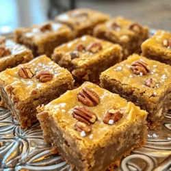 For these tasty brown butter pecan blondies, you need: - 1 cup unsalted butter (2 sticks) - 1 ½ cups brown sugar, packed - 2 large eggs - 2 teaspoons vanilla extract - 2 cups all-purpose flour - 1 teaspoon baking powder - ½ teaspoon baking soda - ½ teaspoon salt - 1 cup pecans, chopped - ½ cup chocolate chips (optional for extra sweetness) Brown butter is the star of this recipe. You make it by melting unsalted butter over medium heat. As it cooks, it changes color. It turns a lovely golden brown and gives off a nutty smell. This process takes about 5-7 minutes. Stir it often to prevent burning. Brown butter adds a rich, deep flavor to your blondies. It makes them special and gives a gourmet touch. You can make these blondies even more delicious. Adding chocolate chips gives a sweet contrast to the nutty pecans. If you want to change the flavor, try adding a pinch of cinnamon or nutmeg. Both spices pair well with the brown butter. You could also use different nuts, like walnuts or almonds. These options let you customize the recipe to fit your taste. First, preheat your oven to 350°F (175°C). This step is key for even baking. Next, take a 9x13-inch baking pan. Line it with parchment paper. Leave some overhang to help lift the blondies out later. This simple prep will save you time and effort when serving. To brown the butter, melt it in a medium saucepan over medium heat. Stir it often as it melts. After about 5 to 7 minutes, it will turn a lovely golden brown. You’ll know it’s ready when it smells nutty. Watch it closely; it can burn quickly. Once browned, remove the pan from heat and let it cool for a few minutes. This step adds depth and flavor to your blondies. In a mixing bowl, stir the brown sugar into the cooled butter. Mix well until it’s smooth. Next, add the eggs one at a time. Make sure to mix well after each addition. Then, stir in the vanilla extract. In a separate bowl, whisk together the flour, baking powder, baking soda, and salt. Gradually add this dry mix to the wet ingredients. Fold gently until just combined; avoid over-mixing. Lastly, fold in the chopped pecans and the chocolate chips if you choose to add them. Your batter will be thick and rich, ready for baking! To make brown butter, heat unsalted butter in a medium saucepan. Stir it often. Watch for it to bubble and froth. It will change color to a golden brown. The smell will be nutty and rich. This step adds a deep flavor. Do not walk away; it can burn fast. If you see dark bits, remove it from the heat. Let it cool a bit before mixing. One common mistake is overmixing the batter. Mix just until you see no flour. This keeps the blondies soft. Another mistake is not cooling the butter. Hot butter can cook the eggs too fast. Always let it cool for a few minutes. Lastly, make sure to measure your ingredients. Use packed brown sugar for the right sweetness. Serve these blondies warm for a gooey treat. Cut them into squares for easy sharing. You can sprinkle them with flaky sea salt for a nice contrast. Drizzle with melted chocolate to make them fancy. For a fun twist, add a scoop of ice cream on top. These blondies pair well with coffee or milk. {{image_2}} You can easily make nut-free blondies. Just leave out the pecans. Instead, add in more chocolate chips. You can also use seeds like sunflower or pumpkin seeds for a nice crunch. These seeds give a good texture and flavor. They keep the blondies rich without the nuts. If you want a different sweet flavor, try using coconut sugar. It has a lovely caramel taste. You can also use maple syrup, but it will change the texture a bit. If you want a low-calorie option, try a sugar substitute like stevia. Just check the package for measurements, as they can differ from sugar. To make your blondies unique, add spices or extracts. A pinch of cinnamon or nutmeg can enhance the flavor. You can also try adding almond or coconut extract. These will give your blondies a nice twist. For a fun addition, mix in dried fruit like cranberries or cherries. These will add a sweet and tart flavor. Store your brown butter pecan blondies in an airtight container. Line the bottom with parchment paper to keep them fresh. Keep the container at room temperature for the best texture. If you want them to last longer, consider refrigeration. However, cold blondies may lose some of their chewy texture. You can freeze these blondies for later. First, let them cool completely. Cut them into squares and wrap each piece tightly in plastic wrap. Place the wrapped squares in a freezer-safe bag or container. They can last up to three months in the freezer. When you want to enjoy them, let them thaw at room temperature. When kept at room temperature, these blondies last about five days. If you store them in the fridge, they can last up to a week. Always check for any signs of spoilage before eating. If they start to dry out, consider warming them slightly in the microwave. This makes them soft and chewy again. Yes, you can make these blondies gluten-free. Use a gluten-free flour blend instead of all-purpose flour. Many blends work well in recipes. Just make sure the blend includes xanthan gum for the best texture. You can tell when the blondies are done by checking the edges. They should be golden brown. Insert a toothpick into the center. If it comes out mostly clean, they are ready. Keep an eye on the time, about 25-30 minutes works well. If you don't have pecans, try walnuts or almonds. Both add a nice crunch. You can also skip nuts entirely for a nut-free version. Chocolate chips can add sweetness and texture too. In this post, we covered key ingredients, easy steps, and tips for brown butter pecan blondies. We explored variations to fit your taste and shared storage tips to keep them fresh. Remember, perfecting brown butter takes practice, but it’s worth it. Try these blondies with your own twists. They can be a hit for any occasion. Enjoy baking!
