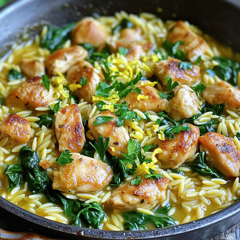 - 1 lb boneless, skinless chicken breasts, cut into bite-sized pieces - 1 cup orzo pasta - 2 tablespoons olive oil - 1 medium onion, diced - 3 garlic cloves, minced - 1 cup chicken broth - 1 lemon (zest and juice) - 1 cup spinach leaves, roughly chopped The main stars here are the chicken and orzo. The chicken gives you a nice protein boost. Orzo adds a fun pasta twist to this dish. The onion and garlic bring great flavor. They make the meal taste fresh and bright. - 1 teaspoon dried oregano - 1 teaspoon dried thyme - Salt and pepper to taste - Fresh parsley, chopped (for garnish) Seasoning is key! Oregano and thyme give the dish its herbaceous lift. Salt and pepper help enhance all the flavors. Fresh parsley adds a pop of color and freshness when you serve. - Skillet - Cooking utensils You need a large skillet for this dish. A sturdy spatula is great for stirring. These tools help you cook everything evenly and easily. - Heating the Olive Oil: Start by heating 2 tablespoons of olive oil in a large skillet over medium-high heat. This helps the chicken cook evenly. - Cooking the Chicken: Next, add 1 pound of boneless, skinless chicken breasts cut into bite-sized pieces. Season them with salt, pepper, 1 teaspoon of dried oregano, and 1 teaspoon of dried thyme. Sauté the chicken for 5 to 7 minutes. Cook until the chicken is golden and fully cooked. Remove the chicken from the skillet and set it aside. - Cooking Onion and Garlic: In the same skillet, add 1 medium diced onion. Cook it for about 2 to 3 minutes until it turns translucent. Then, add 3 minced garlic cloves and cook for an additional 30 seconds, just until fragrant. - Toasting Orzo: Stir in 1 cup of orzo pasta and toast it in the skillet for 1 minute. This step adds a nice nutty flavor to the dish. - Adding Broth and Cooking Orzo: Pour in 1 cup of chicken broth, the juice of 1 lemon, and the zest of that lemon. Bring the mixture to a simmer. - Stirring in Chicken and Spinach: Cover the skillet and reduce the heat to medium-low. Let the orzo simmer for 10 to 12 minutes or until it is al dente. Stir occasionally to prevent sticking. If the orzo absorbs all the broth but is not fully cooked, add a splash of water. Once the orzo is cooked, add the spinach leaves and the cooked chicken back into the skillet. Cook for an additional 2 to 3 minutes until the spinach wilts and everything is heated through. Adjust the seasoning with more salt and pepper if needed. Ensuring Perfectly Cooked Orzo Cooking orzo is easy. For the best texture, use enough broth. Bring it to a simmer before adding the orzo. Stir it every few minutes. This keeps it from clumping together. If it absorbs too much broth, just add a bit of water. The orzo should be tender but still firm when you bite into it. Avoiding Sticking in the Skillet To prevent sticking, heat your skillet before adding oil. This helps create a non-stick surface. When you add the orzo, stir it quickly to coat it in oil. Stirring frequently keeps the orzo moving and avoids sticking. If you notice it sticking, add a splash of broth or a little water. Adjusting Seasonings You can easily tweak the flavors. If you like it zestier, add more lemon juice or zest. A pinch of red pepper flakes adds heat. Adjust salt and pepper to suit your taste. Always taste as you go. This helps you find the perfect balance for your dish. Suggestions for Extra Veggies Want to add more veggies? Spinach is great, but try adding bell peppers, zucchini, or cherry tomatoes. Chop them into small pieces and add them when you sauté the onion. This keeps them tender but still bright and fresh. Serving Style For a pleasing presentation, serve the dish in shallow bowls. This showcases the colorful ingredients. You can add a sprinkle of parsley on top for a fresh look. Pair it with a lemon wedge for a pop of color. Garnishing Options Garnish your dish with fresh herbs like parsley or basil. A drizzle of olive oil adds a nice touch. You can also add grated Parmesan cheese for extra flavor. These simple steps elevate your meal and make it look gourmet. {{image_2}} Substituting Chicken You can easily swap chicken for other proteins. Try turkey or shrimp. Both add great taste. Just adjust the cooking time. For shrimp, cook until pink. For turkey, make sure it’s cooked through. Using Vegetables as a Protein If you want a veggie dish, use beans or tofu. Chickpeas also work well. They add protein and texture. You can sauté them just like chicken. This makes the dish vegetarian-friendly. Whole Wheat Orzo Whole wheat orzo is a healthy choice. It brings more fiber to the meal. Just cook it the same way as regular orzo. It will still absorb all the flavors. Gluten-Free Options For gluten-free needs, look for gluten-free orzo. These pastas are made from rice or corn. They cook quickly and still taste great. Follow the package instructions for best results. Different Herb Combinations You can mix up the herbs for new flavors. Try basil or rosemary instead of oregano. Each herb brings its unique taste. Feel free to experiment with what you like. Adding Spices for Heat If you like spice, add red pepper flakes. They give a nice kick to the dish. Start with a little, and add more if you want it spicier. This small change can really enhance the meal. - Cooling and Packing: Let the Lemon Herb Chicken Orzo Skillet cool down to room temperature. This helps avoid steam buildup in the container, which can make the dish soggy. Once cooled, place the leftovers in a container. - Recommended Containers: Use airtight glass or plastic containers for best results. These containers keep the meal fresh and prevent odors from mixing with other foods in your fridge. - Best Methods for Reheating: The microwave is quick and easy. Place a portion in a microwave-safe dish, cover it with a damp paper towel, and heat for 1-2 minutes. You can also reheat it on the stovetop in a skillet over low heat. - How to Maintain Texture: Add a splash of chicken broth or water while reheating. This keeps the orzo moist and prevents it from drying out. - Freezable Components: You can freeze the chicken and orzo mixture. However, spinach does not freeze well, so add it fresh when you reheat. - Thawing Recommendations: To thaw, place the frozen dish in the fridge overnight. If you need it sooner, you can use the microwave's defrost setting. Once thawed, reheat as directed above. Can I make this dish ahead of time? Yes, you can make Lemon Herb Chicken Orzo Skillet ahead of time. Cook the dish fully, then let it cool. Store it in an airtight container in the fridge for up to three days. When ready to eat, reheat on the stove until hot. How can I add more vegetables to the dish? You can add many vegetables to this dish. Try bell peppers, zucchini, or cherry tomatoes. Just chop them small and add them when you sauté the onion and garlic. This adds color and nutrition. Is this recipe gluten-free? No, this recipe is not gluten-free due to orzo pasta. However, you can use gluten-free pasta. Many brands make gluten-free orzo, which will work well in this dish. What are the nutrition facts for Lemon Herb Chicken Orzo Skillet? Each serving has about 400 calories. It contains protein from chicken and carbs from orzo. Adding spinach boosts vitamins A and C. The dish is balanced, tasty, and filling. Can I use a different type of pasta? Yes, you can use other pasta types. Penne or fusilli works great. Just adjust the cooking time as needed. Follow the package instructions for best results. How do I know when the chicken is fully cooked? The chicken is done when it reaches 165°F (75°C) inside. Cut a piece in the thickest part to check for any pink. If it’s white and juices run clear, it’s ready! This blog post covered how to make a tasty Lemon Herb Chicken Orzo Skillet. We went through the key ingredients, from chicken and orzo to fresh herbs for flavor. I provided step-by-step instructions, cooking tips, and variations for your taste. You can store leftovers, reheat them nicely, and even freeze some components. Cooking should be fun and simple. I hope this guide makes your meal enjoyable and easy!