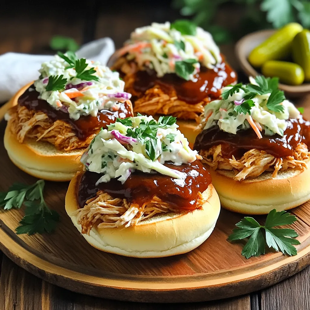 - 2 lbs boneless, skinless chicken breasts - 1 cup BBQ sauce - 1 tablespoon apple cider vinegar - 1 teaspoon garlic powder - 1 teaspoon onion powder - 1 teaspoon smoked paprika - 1/2 teaspoon black pepper - 1/4 teaspoon salt - 1 cup coleslaw mix - 1/4 cup mayonnaise - 1 tablespoon apple cider vinegar (for coleslaw) - 12 slider buns - Optional garnishes: pickles, sliced jalapeños, fresh parsley When I make these sliders, I always start with the main ingredients. First, I grab 2 pounds of boneless, skinless chicken. This is key for tender meat. Next, I use 1 cup of my favorite BBQ sauce. You can pick any brand or make your own. A tablespoon of apple cider vinegar adds a nice zing. The seasoning mix brings the flavor alive. I add 1 teaspoon of garlic powder, 1 teaspoon of onion powder, and 1 teaspoon of smoked paprika. These spices give the chicken depth. I finish the mix with 1/2 teaspoon of black pepper and 1/4 teaspoon of salt. For the coleslaw, I choose 1 cup of coleslaw mix. I mix it with 1/4 cup of mayonnaise and a tablespoon of apple cider vinegar. This adds creaminess and tang. Finally, I prepare 12 slider buns. You can also add optional garnishes like pickles, sliced jalapeños, or fresh parsley. These toppings add crunch and flavor. First, place the chicken breasts in the slow cooker. Make sure they fit well. Next, grab a mixing bowl. In it, combine the BBQ sauce, apple cider vinegar, garlic powder, onion powder, smoked paprika, black pepper, and salt. Mix everything until it's well blended. Now, pour the BBQ mixture over the chicken. Ensure every piece is well coated. Cover the slow cooker. You can cook it on low for 6-7 hours or on high for 3-4 hours. The chicken will be tender and easy to shred when done. After cooking, use two forks to shred the chicken right in the slow cooker. Mix the chicken with the BBQ sauce. This will keep it juicy and flavorful. In a separate bowl, combine the coleslaw mix, mayonnaise, and apple cider vinegar. Toss everything together until it is well mixed. The coleslaw should be creamy and tangy. To build the sliders, take the bottom half of each slider bun. Spoon the BBQ chicken onto it. Next, add a generous scoop of coleslaw on top. If you want, you can also add pickles or sliced jalapeños for extra flavor. Finally, place the top half of the bun on each slider and press down gently. To ensure tender chicken, cook it low and slow. Set your slow cooker to low for six to seven hours. This method allows the chicken to soak up all the juicy flavors. Use boneless, skinless chicken breasts for the best results. They shred easily and absorb the sauce well. For flavor balance, choose a BBQ sauce you love. Mix it with seasonings like garlic powder and smoked paprika. This combination gives the chicken a rich taste. Don't be shy; pour the sauce over the chicken. Make sure every piece is covered. To achieve the best coleslaw texture, use a fresh coleslaw mix. It should have a good crunch. Mix it with mayonnaise and apple cider vinegar for creaminess. This balance adds flavor and keeps it light. If you like a sweeter slaw, add a spoonful of sugar. Adjust coleslaw ingredients to taste. If it’s too tangy, add more mayo. Want some spice? Toss in a pinch of cayenne pepper. Keep tasting until it’s just right for you. Best side dishes to pair with sliders include chips or a fresh salad. They add a nice crunch and freshness to the meal. You can also serve baked beans or corn on the side for a classic BBQ feel. For presentation, arrange the sliders on a nice platter. Garnish with fresh parsley for color. Serve extra BBQ sauce and pickles on the side. This way, everyone can customize their sliders just how they like. {{image_2}} You can choose between homemade and store-bought BBQ sauce. Homemade sauce lets you control the flavors and sweetness. You can mix ketchup, brown sugar, and vinegar for a quick version. Store-bought sauces are convenient and come in many flavors. Explore brands like sweet, tangy, or spicy. People have strong tastes for regional BBQ sauces. For example, Kansas City sauce is thick and sweet. Meanwhile, South Carolina sauce is mustard-based and tangy. You can even try a vinegar-based sauce from North Carolina for a zesty kick. Pick what fits your taste! If you want to switch things up, try using turkey instead of chicken. Ground turkey or turkey breast works great. Both options cook well and stay moist. You can also use pork or beef for a different flavor profile. For a vegetarian twist, consider jackfruit. Jackfruit has a meaty texture that works well in BBQ dishes. Just shred it like you would chicken. Toss it in your BBQ sauce, and you'll have a tasty, meat-free slider. Coleslaw is not just cabbage and mayo. You can spice it up by adding fruits like apples or raisins. These add sweetness and crunch. Nuts like almonds or walnuts can also give a nice texture. For dressings, try yogurt instead of mayo for a lighter option. You can also add honey for sweetness or vinegar for tang. Experiment to find the mix you love best! To store leftover BBQ chicken sliders, first let them cool completely. Place the sliders in an airtight container. This keeps them fresh and tasty. You can stack them or lay them flat. Use small containers if you have extra coleslaw. The best containers are glass or BPA-free plastic. These materials help keep the flavors strong. You can freeze cooked chicken for later use. Shred the chicken before you freeze it. Place it in a freezer-safe bag or container. This helps save space and keeps the chicken fresh. To maintain flavor and texture, add a bit more BBQ sauce before freezing. This way, the meat stays juicy when you thaw it. To reheat sliders, the best method is using an oven. Preheat it to 350°F (175°C). Wrap the sliders in foil to keep them moist. Heat for about 10-15 minutes. You can also use a microwave for quick reheating. Place sliders on a plate and cover them with a damp paper towel. This helps keep them from drying out. For serving leftovers, add fresh coleslaw or extra pickles. This adds crunch and flavor to each bite. You can store BBQ chicken sliders in the fridge for up to four days. Make sure to keep them in an airtight container. This helps to keep the sliders fresh and prevents them from drying out. If you want to enjoy them later, check for any off smells or changes in texture before eating. Yes, you can make the coleslaw a day in advance. Just mix the coleslaw ingredients and store it in the fridge. This lets the flavors blend well. When you’re ready to serve, just scoop it onto your sliders. The coleslaw will stay crisp and tasty. These sliders pair great with many sides. Try serving them with: - Potato chips - Baked beans - Corn on the cob - A fresh garden salad These options add variety and balance to your meal. Yes, you can cook this recipe on the stove or in the oven. For the stove, cook the chicken in a pot with the BBQ sauce for about 30 minutes. If using the oven, bake at 375°F for about 25-30 minutes. Make sure the chicken is fully cooked before shredding. You can use frozen chicken breasts in the slow cooker. Just add the frozen chicken and the BBQ sauce directly to the cooker. It may take a bit longer to cook, about 8 hours on low. Make sure the chicken reaches a safe temperature of 165°F before shredding. You learned how to make delicious BBQ chicken sliders in this post. We covered key ingredients like chicken, BBQ sauce, and coleslaw. I shared step-by-step instructions for cooking, shredding, and assembling your sliders. We also explored tips for perfecting your dish and variations to keep it exciting. With these recipes and tips, you can create tasty meals everyone will enjoy. Don't hesitate to experiment and make this your own. Happy cooking!