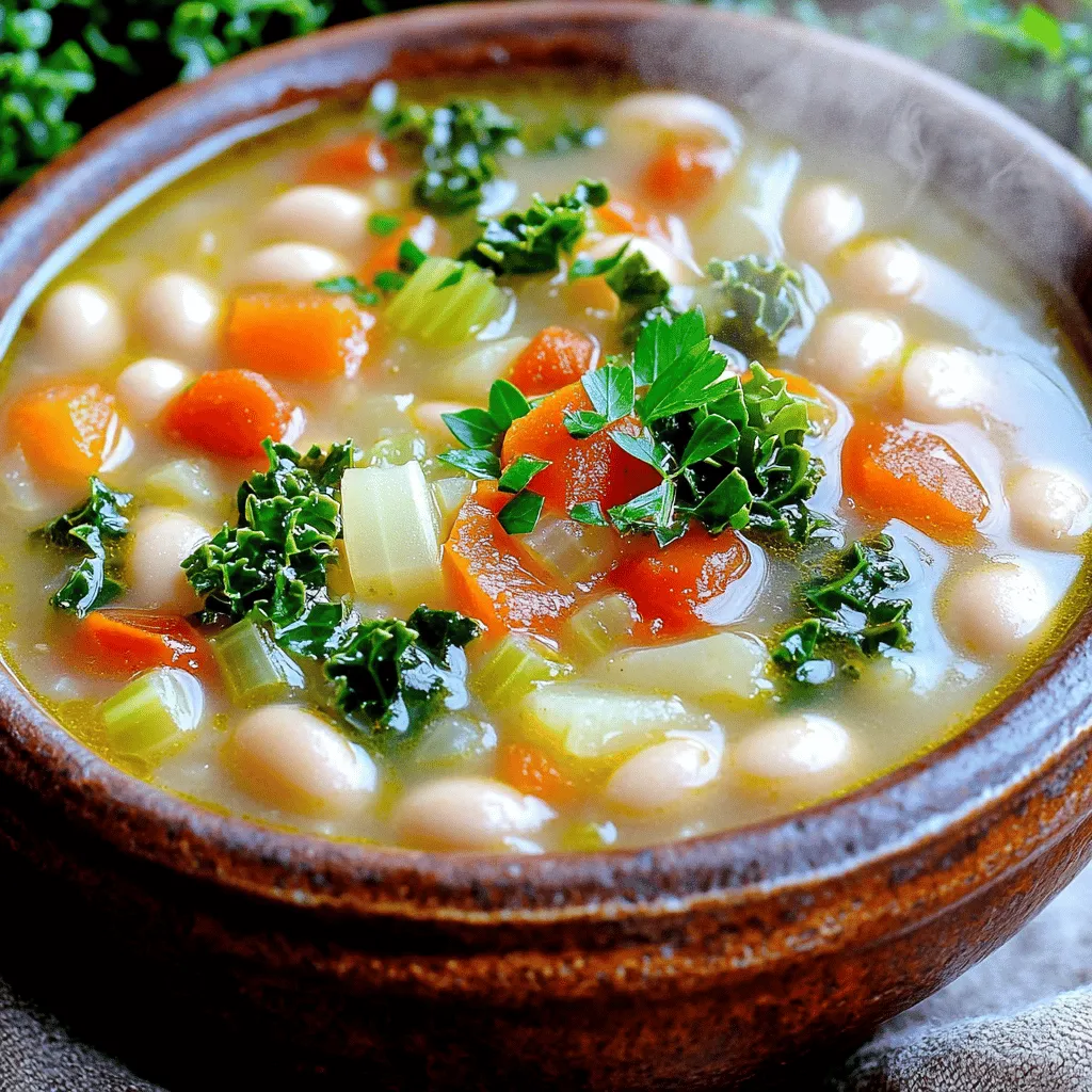 - 1 cup dried cannellini beans (or 2 cans, drained and rinsed) - 1 medium onion, diced - 3 cloves garlic, minced - 2 medium carrots, diced - 2 celery stalks, diced - 1 can (14 oz) diced tomatoes (with juices) - 4 cups vegetable broth - 1 teaspoon dried oregano - 1 teaspoon dried basil - 1/2 teaspoon crushed red pepper flakes (optional) - 2 cups kale, chopped - Salt and pepper to taste - 2 tablespoons olive oil - Fresh parsley or basil for garnish The heart of this soup lies in its simple yet hearty ingredients. I love using dried cannellini beans. They add creaminess as they cook. If you’re short on time, canned beans work just as well. Onions, garlic, carrots, and celery form the base. These veggies bring a sweet, rich flavor. Diced tomatoes add acidity and brightness. Vegetable broth enhances the soup’s depth. Herbs like oregano and basil give it a Tuscan touch. If you want heat, add crushed red pepper flakes. As the soup nears the end, stir in the chopped kale. It adds color and nutrients. Finish with salt and pepper to taste. A drizzle of olive oil adds richness. Don’t forget to garnish with fresh parsley or basil for a pop of flavor. This soup is truly a warm hug in a bowl. To start, you have two options for beans. If you choose dried cannellini beans, rinse them well. Soak them overnight in water. This helps soften the beans. The next day, drain the beans before using. If you prefer canned beans, just drain and rinse them. This option saves time and works great too. Next, heat two tablespoons of olive oil in a skillet over medium heat. Once hot, add the diced onion, carrots, and celery. Cook these veggies for about 5-7 minutes. They should become soft and fragrant. After that, stir in three minced garlic cloves. Cook for just one more minute to release the garlic's flavor. Now, it’s time to transfer the sautéed veggies to the slow cooker. Add your prepared beans, a 14-ounce can of diced tomatoes (with the juices), and 4 cups of vegetable broth. Sprinkle in one teaspoon each of dried oregano and basil. If you like a little heat, add ½ teaspoon of crushed red pepper flakes. Stir everything well to combine. Cover the slow cooker and set it to low. Cook for 6-8 hours or on high for 3-4 hours. The goal is to have tender beans. Check them near the end of cooking. They should be soft but not mushy. About 30 minutes before serving, add 2 cups of chopped kale to the soup. This adds color and nutrition. Season with salt and pepper to taste. Stir well and let it cook until the kale wilts. When ready, ladle the soup into bowls. For a lovely touch, garnish with fresh parsley or basil. This adds flavor and makes your meal look great. Enjoy your warm and hearty soup! When making Tuscan white bean soup, you can choose between dried or canned beans. Dried beans offer great flavor and texture. They are also more cost-effective. Canned beans save time and are convenient. If you use dried beans, soak them overnight for at least 8 hours. After soaking, drain and rinse them well. This helps remove any dirt and makes them easier to digest. To boost the flavor of your soup, add more spices. Consider using thyme, rosemary, or even a dash of smoked paprika. These spices can add depth and warmth. Feel free to add other vegetables too. Bell peppers, zucchini, or even potatoes can work well. If you want more protein, try adding diced chicken or sausage. For a plant-based option, add lentils or tofu for extra heartiness. If you like a creamy soup, blend a portion of the soup. You can use a blender or an immersion blender. Blend until smooth, then stir it back into the pot. This gives a rich, creamy texture without using cream. You can also add a splash of coconut milk for a different flavor. It adds creaminess and a touch of sweetness to your soup. {{image_2}} You can switch up the beans in this soup. While cannellini beans are great, you could also use navy beans or great northern beans. These beans have a creamy texture and soak up flavors well. If you prefer, you can use canned beans for a quicker option. Just drain and rinse them before adding to the slow cooker. This small change can make the soup your own. Want to make your soup heartier? You can add meat or plant-based proteins. For meat lovers, diced ham or cooked sausage works well. Just add it when you mix in the tomatoes and broth. If you want a plant-based option, consider adding lentils or chickpeas. They add protein and texture, making the soup filling and nutritious. Tailoring your soup to the season can make it even better. In the spring, try adding fresh asparagus or peas. In the fall, sweet potatoes or butternut squash fit perfectly. These veggies not only add flavor but also colors to your soup. Just chop them and add them when you put in the beans and tomatoes. This way, you can enjoy a new twist on this classic dish all year long! After you enjoy your Slow Cooker Tuscan White Bean Soup, let it cool. Place it in a clean container. Seal it tightly with a lid. Store it in the fridge. It will stay fresh for about 4 to 5 days. Make sure the soup cools down before putting it in the fridge. This helps keep the texture and flavor intact. To freeze the soup, first, let it cool completely. Use freezer-safe containers or bags. Fill them with portions of soup, leaving space for expansion. Label each bag with the date. This way, you know how long it has been in the freezer. The soup can last for up to 3 months in the freezer. When you're ready to eat it, just pull it out! To reheat your soup, you have a few options. If it's frozen, thaw it overnight in the fridge. You can also microwave it. Just heat it in short bursts, stirring in between. If it's in the fridge, pour it into a pot over medium heat. Stir often until it's hot. Always check the temperature before serving. Enjoy it warm for the best taste! Yes, you can use fresh beans. Fresh beans cook faster than dried ones. If you choose fresh beans, you do not need to soak them. Cook them in the slow cooker for about 2 to 3 hours on high heat. Keep an eye on them. You want them tender but not mushy. Dried beans, soaked overnight, often work best for flavor and texture. To make this soup gluten-free, choose gluten-free broth. Most vegetable broths are gluten-free, but always check labels. Ensure that all other ingredients, like canned tomatoes, are gluten-free as well. If you add any spices, check that they are also gluten-free. Yes, this soup is naturally vegan! Just use vegetable broth instead of chicken broth. All other ingredients are plant-based. The beans and veggies provide great flavor and nutrients. This soup is perfect for everyone, whether vegan or not. Enjoy a hearty bowl knowing it's good for you and the planet! This blog post guides you through making a tasty Slow Cooker Tuscan White Bean Soup. You learned the key ingredients, steps, and tips for success. Remember, you can customize this soup with different beans or add protein. Store leftovers for later enjoyment or freeze portions for meals ahead. This recipe is simple and satisfying. Enjoy this healthy soup anytime. Happy cooking!