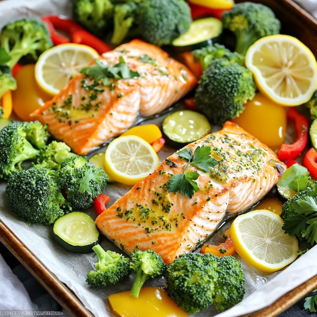 To make Sheet Pan Lemon Herb Salmon Veggies, gather the following items: - 4 salmon fillets - 2 cups broccoli florets - 1 bell pepper (any color), sliced - 1 zucchini, sliced - 1 red onion, cut into wedges - 3 tablespoons olive oil - 3 tablespoons fresh lemon juice - 3 cloves garlic, minced - 2 teaspoons dried oregano - 1 teaspoon dried thyme - Salt and pepper to taste - Lemon slices for garnish Each ingredient plays a role in creating a vibrant and tasty dish. The salmon provides protein and healthy fats. The assorted vegetables add color and crunch. Olive oil brings richness, while lemon juice gives a fresh zing. Garlic, oregano, and thyme add layers of flavor. Using fresh ingredients will improve your meal. Choose bright, crisp vegetables for the best taste. If you want to mix things up, you can swap in seasonal veggies or your favorites. Keep in mind that the key is balance. Enjoy experimenting with flavors while keeping this dish easy and fun! First, preheat your oven to 400°F (200°C). This hot oven makes the salmon cook fast and even. Next, line a large sheet pan with parchment paper. This helps with easy cleanup and keeps the food from sticking. In a small bowl, whisk together three tablespoons of olive oil and three tablespoons of fresh lemon juice. Add three minced garlic cloves, two teaspoons of dried oregano, one teaspoon of dried thyme, and a pinch of salt and pepper. Mix it well until all the ingredients blend nicely. Place your four salmon fillets in the center of the sheet pan. Arrange two cups of broccoli florets, sliced bell pepper, sliced zucchini, and red onion wedges around the salmon. This mix gives you bright colors and great taste. Drizzle half of your lemon herb mixture over the salmon and veggies. Make sure everything gets a nice coat. Bake your dish in the preheated oven for 15 to 20 minutes. Check to see if the salmon flakes easily with a fork. The veggies should be tender too. Halfway through baking, drizzle the rest of the lemon herb mixture over everything. This adds more flavor and keeps it moist. Once done, remove the pan and garnish with fresh lemon slices on top of the salmon. Enjoy your vibrant meal! To get perfectly cooked salmon, watch the time closely. Bake the salmon for 15-20 minutes. Check for doneness by using a fork. The salmon should flake easily. If it’s still raw in the middle, give it more time. The salmon should reach 145°F (63°C) for safety. For tender veggies, cut them into even pieces. This helps them cook at the same rate. Broccoli, bell peppers, zucchini, and red onion work well. Toss them in olive oil and herbs to keep them moist. Bake them alongside the salmon for a great flavor mix. You can serve the dish right from the sheet pan. This gives a casual feel and saves time. If you want a fancier look, use a large platter. Arrange the salmon and veggies nicely on it. Adding fresh herbs makes a big difference. Parsley or cilantro look great and add flavor. Sprinkle them on top just before serving. You can also add lemon slices for a pop of color and taste. This makes your dish even more inviting! {{image_2}} You can use other veggies in this dish. Carrots, asparagus, or green beans work well. You can also try sweet potatoes or cherry tomatoes for a sweet twist. Seasonal veggies add freshness. In spring, use snap peas or radishes. In summer, bell peppers shine. In fall, add squash or Brussels sprouts. Get creative with what you have! To boost flavor, try different spices. Paprika or cumin can add warmth. If you like heat, add red pepper flakes. You can also use different marinades. Teriyaki or honey mustard can change the taste. Switching the fish can be fun too. Try trout or tilapia for a different flavor profile. Each fish brings its own taste to the dish. Enjoy experimenting! To keep your leftovers fresh, start by letting the dish cool down. Then, place the salmon and veggies in an airtight container. Make sure to separate the salmon from the veggies if you can. This helps keep each component tasting great. Store the container in the fridge. Leftovers can last up to three days. Reheating salmon and veggies can be easy. For best results, use the oven. Preheat it to 350°F (175°C). Place the food on a baking sheet. Cover it with foil to keep moisture in. Heat for about 10-15 minutes. You can also use the microwave if you're in a hurry. Place the food in a microwave-safe dish. Heat in short bursts of 30 seconds, stirring in between. This way, you keep the flavors intact. You can tell if salmon is done when it flakes easily with a fork. The color should change from bright pink to a pale, opaque hue. The fish should feel firm, not mushy. If you press down gently, the flesh should spring back. For extra safety, use a food thermometer. The internal temperature should reach 145°F (63°C). Yes, you can use frozen salmon. Just make sure to thaw it first. Place the salmon in the fridge overnight or submerge it in cold water for faster thawing. Frozen salmon may release more moisture while cooking. You might need to bake it a bit longer. Check doneness by looking for the flaky texture we discussed earlier. Yes, this recipe is gluten-free. All the ingredients used, such as salmon, vegetables, and herbs, do not contain gluten. Always check labels if you buy pre-made items like sauces or seasonings. If you follow these tips, you can enjoy a safe and tasty meal! In this article, I shared a simple way to make a tasty salmon dish with veggies. We covered all the key ingredients, showed how to prepare and bake everything, and included helpful tips for cooking and serving. Remember, you can switch up the vegetables and flavors to fit your taste. Make sure to store leftovers properly so you can enjoy them later. With these steps, you’ll create a meal that’s both healthy and delicious. Happy cooking!
