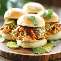 - 2 lbs boneless, skinless chicken breasts - 1 cup BBQ sauce - 1/2 cup chicken broth - 1 tablespoon garlic powder - 1 teaspoon smoked paprika - 1 teaspoon onion powder - 1/2 teaspoon black pepper - Salt to taste - 8 slider buns - Optional toppings: Coleslaw, sliced pickles The main ingredients for this dish are simple but full of flavor. You want good quality chicken breasts. They should be boneless and skinless for easy cooking. The BBQ sauce is key. Pick your favorite brand to get the taste you love. Chicken broth keeps the chicken moist and adds depth to the flavor. For seasoning, follow my list. Garlic powder adds a nice kick. Smoked paprika gives it that smoky flavor. Onion powder adds sweetness, while black pepper brings a little heat. Adjust the salt to your taste. Finally, don't forget the serving components. Slider buns are perfect for holding the BBQ chicken. You can add coleslaw for crunch and sliced pickles for zest. These toppings really elevate your sliders! First, take your chicken breasts and place them in the slow cooker. It’s simple and quick. You want to make sure they fit nicely and are not stacked too high. Next, grab a bowl. Combine 1 cup of BBQ sauce, 1/2 cup of chicken broth, and the seasonings. Use 1 tablespoon of garlic powder, 1 teaspoon of smoked paprika, 1 teaspoon of onion powder, and 1/2 teaspoon of black pepper. Add salt to taste. Stir everything together until well mixed. Now pour the sauce mixture over the chicken. Make sure the chicken is well coated in BBQ goodness. Cover the slow cooker and set the cooking time. You can cook on low for 6-8 hours or on high for 4-5 hours. The chicken should be fully cooked and shred easily. Once cooking time is up, carefully remove the chicken from the slow cooker. Use two forks to shred the chicken into bite-sized pieces. Return the shredded chicken to the sauce in the slow cooker. Mix well to coat the chicken in the delicious sauce. For the buns, slice them in half. If you like, toast them lightly for extra flavor. To assemble, place a good amount of BBQ chicken on the bottom half of each slider bun. You can add coleslaw and sliced pickles on top if you wish. Finally, place the top half of the bun on the slider and secure with a toothpick if desired. Enjoy your tasty BBQ chicken sliders! - Best practices for juicy chicken: Always use boneless, skinless chicken breasts. This cut cooks well and stays moist. Add chicken broth to the BBQ sauce for extra moisture. This keeps the chicken tender and flavorful. - Slow cooker temperature settings: Use the low setting for 6-8 hours or the high setting for 4-5 hours. The low setting gives a better, more tender result. Adjust the cooking time based on your schedule. - Creative ideas for slider accompaniments: Try adding coleslaw on top for crunch. It adds a nice texture and flavor. Sliced pickles also bring a tangy kick. You can serve these sliders with sweet potato fries or a fresh salad for a complete meal. - How to serve sliders attractively: Arrange the sliders on a large platter. Garnish with fresh parsley or cilantro for color. This makes the dish pop. Serve extra coleslaw on the side in a small bowl. It adds a nice touch and makes it easy for guests to add more. {{image_2}} You can easily spice up your BBQ chicken sliders. For a kick, try adding hot sauce to the BBQ mix. This will give your sliders a nice heat. You can also try different BBQ sauces. Each sauce brings its own taste. A honey BBQ sauce adds sweetness, while a mustard-based sauce gives a tangy twist. Experiment to find your favorite flavor! If you want to change things up, use beef or pulled pork. Just like chicken, these proteins work well with BBQ sauce. With beef, you can use brisket or ground beef. Pulled pork adds a rich flavor that matches the BBQ sauce perfectly. These options make great sliders too! Don't worry if you're vegetarian. Many plant-based options can replace chicken. Use jackfruit for a texture similar to pulled chicken. You can also try lentils or chickpeas. Mix them with BBQ sauce for a hearty filling. Serve on slider buns with your favorite toppings for a tasty meal. To store leftover sliders, let them cool down first. Place them in an airtight container. This keeps them fresh. You can store them in the fridge for up to three days. Make sure to separate the chicken from the buns. This prevents soggy buns when you reheat them. For freezing pre-made sliders, wrap each slider tightly in plastic wrap. Then, place them in a freezer bag. This keeps out air and moisture. You can freeze them for up to three months. When ready to eat, thaw them in the fridge overnight. To reheat sliders, the oven is best. Preheat the oven to 350°F. Place the sliders on a baking sheet. Cover them with foil to keep them moist. Heat for about 10-15 minutes until warm. You can also use the microwave. If you do, heat one at a time for about 30 seconds. Enjoy them warm for the best taste! Yes, you can use frozen chicken breasts in your slow cooker. However, you need to adjust the cooking time. If using frozen chicken, cook on low for about 8-10 hours or on high for 6-7 hours. This will ensure the chicken cooks through safely. Always check that the internal temperature reaches 165°F. Cooking times can vary. On low, your chicken will take about 6-8 hours. If you choose high, it will take about 4-5 hours. The chicken should be tender and easy to shred when done. Use a meat thermometer for accuracy. Many sides go great with BBQ chicken sliders. Here are a few ideas: - Coleslaw - Baked beans - Potato salad - Corn on the cob - Sweet potato fries These sides add color and flavor to your meal. Yes, you can make BBQ chicken sliders ahead of time. Cook the chicken and store it in the fridge for up to three days. You can also freeze the cooked chicken. Just thaw it in the fridge before reheating. Prepare the slider buns fresh when you are ready to eat. This makes for an easy and quick meal. This post covered making BBQ chicken sliders. We explored key ingredients, step-by-step cooking, and creative serving tips. Remember, using different proteins or sauces can change the flavor. Store leftovers properly for later enjoyment. With these tips, you can make tasty sliders anytime. Enjoy your cooking and impress your guests with your skills!