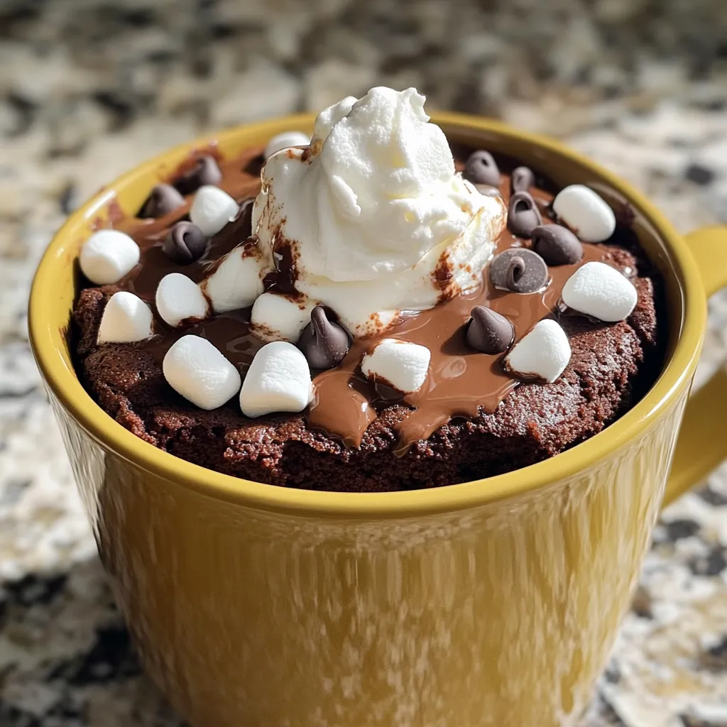 Here is what you need for the hot chocolate brownie mug cake: - 1/4 cup all-purpose flour - 1/4 cup granulated sugar - 2 tablespoons unsweetened cocoa powder - 1/8 teaspoon baking powder - 1/8 teaspoon salt - 1/4 cup milk - 2 tablespoons vegetable oil - 1/4 teaspoon vanilla extract - 2 tablespoons chocolate chips (plus extra for topping) - Optional toppings: whipped cream, mini marshmallows These ingredients come together to create a rich, chocolatey delight. Each item plays a key role. The flour gives the cake structure. Sugar adds sweetness. Cocoa powder delivers that deep chocolate flavor. Baking powder helps it rise, while salt enhances all the flavors. Milk and vegetable oil keep the cake moist. Vanilla extract adds a lovely aroma. Finally, chocolate chips provide extra gooeyness. You can even customize this treat with toppings like whipped cream or mini marshmallows. They make every bite feel special! Gather these ingredients, and you’ll be ready to whip up a quick and tasty treat. 1. In a microwave-safe mug, start by adding the dry ingredients. Mix together 1/4 cup all-purpose flour, 1/4 cup granulated sugar, 2 tablespoons unsweetened cocoa powder, 1/8 teaspoon baking powder, and 1/8 teaspoon salt. Use a fork to break up any lumps. This step helps the cake rise well. 2. Next, add the wet ingredients. Pour in 1/4 cup milk, 2 tablespoons vegetable oil, and 1/4 teaspoon vanilla extract. Mix the batter until it turns smooth. It should feel creamy, with no dry bits left. 3. Now, fold in the chocolate chips. Use 2 tablespoons of chocolate chips and make sure they spread evenly in the batter. This adds a rich chocolate flavor to each bite. 1. Place the mug in the microwave. Cook on high for 40 to 60 seconds. Start with 40 seconds, then check if it’s done. The cake should rise and look set. If a toothpick comes out clean, it’s ready. Be careful not to overcook; this can make it tough. 2. After cooking, let the mug cake cool for about one minute. This waiting time helps it firm up a bit. 1. For toppings, sprinkle extra chocolate chips on top while the cake is warm. They will melt slightly and add more sweetness. 2. For a special treat, add a dollop of whipped cream and a few mini marshmallows. This makes it look fun and festive. Enjoy your delicious mug cake warm! - Avoiding overcooking: Keep a close eye on your mug cake while it cooks. Start with 40 seconds in the microwave. Check if it’s done by inserting a toothpick in the center. If it comes out clean, it’s ready! If not, continue cooking in 10-second bursts. Overcooking can lead to a dry cake. - Ensuring even mixing: Mix your dry ingredients well before adding wet ones. Use a fork to break up any lumps. This ensures that every bite tastes great. When adding wet ingredients, stir until the batter is smooth. Make sure the chocolate chips are mixed in evenly, too. - Best mug sizes for baking: A 12-ounce mug works best for this recipe. It gives enough space for the cake to rise without spilling over. If your mug is smaller, the cake may overflow. - Importance of microwave-safe materials: Always choose microwave-safe mugs. Look for labels that say “microwave-safe.” Avoid using metal mugs or any that aren’t safe for the microwave. This keeps you safe and ensures your cake bakes properly. {{image_2}} You can make your hot chocolate brownie mug cake even better. Adding different flavors can change everything. Try a splash of peppermint extract for a festive twist. It gives a nice minty kick. You can also mix in nuts or dried fruit. Walnuts and pecans add crunch. Dried cherries or cranberries bring a fruity taste. These small changes make each bite special. If you need gluten-free options, you can use almond flour or gluten-free flour. Both work well in this recipe. For a vegan version, swap milk for almond milk or oat milk. Use a plant-based oil instead of vegetable oil. You can also leave out the chocolate chips or use dairy-free chips. This way, everyone can enjoy a tasty mug cake. Yes, you can save leftovers! To store your hot chocolate brownie mug cake, let it cool first. Transfer it to an airtight container. This will keep it fresh. Store it in the fridge for up to two days. When you want to eat it, just reheat it. To reheat, place the mug in the microwave. Heat it for 10 to 15 seconds. Check if it’s warm enough. If not, heat it a bit longer. Be careful not to overheat it, as this can dry it out. You can prepare some ingredients ahead of time. Pre-mix the dry ingredients in a bowl. This includes flour, sugar, cocoa powder, baking powder, and salt. Store the mix in a sealed bag. This way, you can quickly make your mug cake later. When you are ready to bake, just add the wet ingredients. Pour in the milk, vegetable oil, and vanilla extract. Stir and enjoy your treat in minutes! A mug cake is a single serving of cake made in a mug. You mix the dry and wet ingredients right in the mug. Then, you cook it in the microwave. It’s quick and fun to make. You get a warm treat in just a few minutes. Mug cakes are great for when you want a small dessert. Cooking a mug cake takes about 40 to 60 seconds in the microwave. Start with 40 seconds, then check it. If a toothpick comes out clean, it’s done. If not, add a few more seconds. Be careful not to overcook it. Overcooking makes the cake dry and tough. Yes, you can double the recipe for a larger serving. Use a bigger mug to hold the extra batter. Just mix all ingredients in a bowl first. Then divide the batter into two mugs. Cook each mug for the same time. This way, you get two delicious mug cakes to enjoy! This mug cake recipe combines simple ingredients and quick steps for a tasty treat. You learned how to prepare a quick dessert in your microwave, using everyday items. Remember to avoid overcooking and choose the right mug for the best results. Feel free to experiment with flavors and dietary changes to make it your own. Now, enjoy your delicious creation! Happy baking!