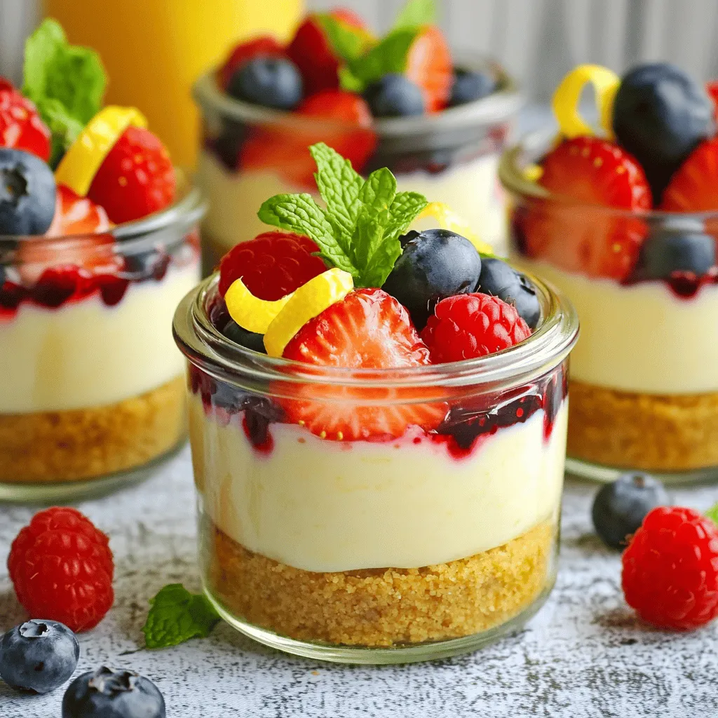 To make No-Bake Lemon Berry Cheesecake Cups, gather these items: - 1 cup graham cracker crumbs - 4 tablespoons unsalted butter, melted - 16 oz cream cheese, softened - 1/2 cup powdered sugar - 1/4 cup fresh lemon juice - Zest of 1 lemon - 1 cup heavy whipping cream - 2 cups mixed berries (strawberries, blueberries, raspberries) - Fresh mint leaves for garnish (optional) You will need a few simple tools to make this treat: - Medium bowl for mixing the crust - Large mixing bowl for the cheesecake filling - Electric mixer to beat the cream cheese - Measuring cups for precise amounts - 6 small cups or jars to hold the cheesecake - Spatula for folding and spreading If you want to switch things up, here are a few ideas: - Use coconut oil instead of butter for a dairy-free version. - Swap cream cheese with ricotta for a lighter texture. - Try honey or maple syrup instead of powdered sugar for a natural sweetener. - Use any berries you like; peaches or mangoes work great too! Start by mixing the graham cracker crumbs and melted butter. Use a medium bowl for this step. Make sure the crumbs are fully coated in butter. This helps create a tasty crust. Next, divide the mixture into six small cups or jars. Press the crumbs down firmly to form a solid layer at the bottom. This crust will hold the cheesecake filling nicely. For the filling, beat the softened cream cheese in a large bowl. Use an electric mixer and mix until it feels creamy and smooth. Then, add the powdered sugar, fresh lemon juice, and lemon zest. Mix again until everything combines well. This step adds a bright lemon flavor. In a separate bowl, whip the heavy cream until soft peaks form. This will make your filling light and fluffy. Gently fold the whipped cream into the cream cheese mixture. Do this slowly to keep the mixture airy. Now it's time to put everything together! Spoon the cheesecake filling over the graham cracker crusts in the cups. Fill them right to the top for a generous portion. Next, arrange your mixed berries on top of the cheesecake layer. This not only adds flavor but also makes it look colorful. After this, refrigerate the cups for at least two hours. This helps the cheesecake set properly. If you'd like, garnish each cup with a fresh mint sprig before serving. Enjoy! To get the best texture for your cheesecake cups, use softened cream cheese. Softening it makes beating easier. It helps create a smooth and creamy mix. You can leave it out for about 30 minutes before mixing. Make sure to whip the heavy cream until soft peaks form. This step adds fluffiness to your cheesecake. You can enhance flavors in your cheesecake cups. Try adding a splash of vanilla extract. This will bring a warm note to the mix. If you want more tartness, increase the lemon juice slightly. For a fun twist, mix in a bit of berry puree into the cheesecake filling. You can use raspberries or strawberries for this. For a lovely presentation, arrange fresh berries on top. Layer them in a nice pattern to show off colors. Use clear cups or jars so guests can see the layers. A sprig of mint adds a touch of elegance. You can also drizzle some berry sauce over the top for extra flair. {{image_2}} You can mix and match fruits in your cheesecake cups. Instead of just berries, try peaches, mangoes, or even cherries. Each fruit adds a new taste. For a tropical twist, use pineapple or passion fruit. The key is to choose fruits that are ripe and sweet. This way, they will enhance the lemon flavor in your cheesecake. Using flavored cream cheese can change the game. You might find strawberry, blueberry, or even vanilla cream cheese. Each adds its own unique touch to the dessert. If you use flavored cream cheese, reduce or skip the powdered sugar. This keeps the dessert from becoming too sweet. You can also mix in some citrus zest for extra flavor. For gluten-free options, swap out regular graham crackers. You can use gluten-free graham crackers or almond flour. Mix almond flour with melted butter just like the original recipe. You can also try crushed nuts for a crunchy base. This way, everyone can enjoy these tasty cups, no matter their diet. To keep your no-bake lemon berry cheesecake cups fresh, cover them tightly with plastic wrap or a lid. Storing them in the fridge is best. They can last for up to 3 days. Make sure to place them in the back of the fridge, where it is coldest. If you want to freeze the cheesecake cups, do it before adding the berries. Use an airtight container or freezer bags for best results. They can stay good for about a month in the freezer. When you’re ready to eat, thaw them in the fridge overnight. Once thawed, add the berries and enjoy! To keep your ingredients fresh, store cream cheese and heavy cream in the coldest part of your fridge. Check the expiration dates before using. For the graham cracker crumbs, keep them in a sealed bag or jar. This helps maintain their crispness. Berries should be washed just before use to avoid mold. Use fresh mint leaves as a garnish right before serving for the best flavor. Yes, you can make these cups a day ahead. Just prepare them as directed. After you layer the cheesecake filling, cover them tightly. Place them in the fridge. This lets the flavors blend well. The cheesecake will stay fresh and tasty for up to two days. If you need a substitute for heavy cream, use coconut cream. You can also use whipped topping. Cream cheese mixed with milk can work too. Each option will give a different texture and taste, but they will still be delicious. You will know the cheesecake is set when it feels firm. Gently touch the top; it should not wobble. After two hours of chilling, check it. If it feels soft, give it more time in the fridge. It should be ready for serving when it feels firm to the touch. You learned the key ingredients and tools to make delicious cheesecake cups. I shared simple steps to prepare the crust and filling, and how to assemble everything. You now have tips for great texture and fun flavor ideas. Different fruit and cream cheese options offer variety, too. Finally, I covered how to store your treats or freeze leftovers. Keep these ideas in mind to create the best cheesecake cups. Enjoy every bite!