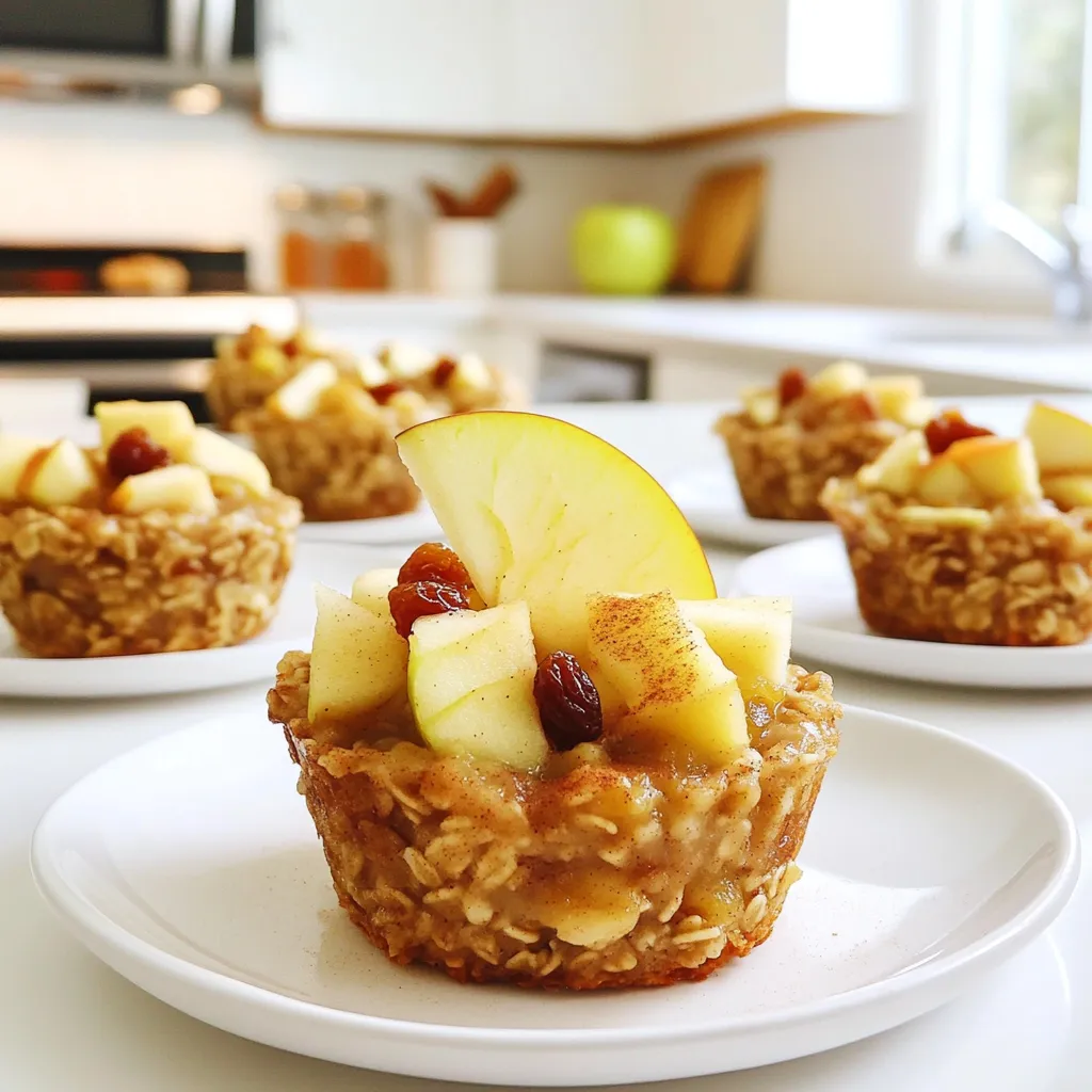 To make delicious apple cinnamon oatmeal cups, you need these key ingredients: - 2 cups rolled oats - 1 teaspoon baking powder - 1 teaspoon ground cinnamon - 1/2 teaspoon salt - 2 cups almond milk (or any milk of your choice) - 1/4 cup maple syrup or honey - 2 medium apples, peeled and diced - 1 teaspoon vanilla extract These ingredients create a warm and comforting flavor. The oats serve as the base, giving you a hearty start. The apples add sweetness and moisture. Cinnamon warms up the mix, making it extra cozy. You can make your oatmeal cups even better by adding in some fun extras: - 1/4 cup raisins or dried cranberries - 1/4 cup chopped walnuts or pecans Adding raisins or cranberries gives a sweet burst in every bite. Nuts add crunch and healthy fats, making them even more filling. Feel free to mix and match, depending on your taste! If you need to change some ingredients, here are a few easy swaps: - For almond milk, you can use oat milk, soy milk, or cow's milk. - Instead of maple syrup, try agave nectar or brown sugar. These swaps work well and keep your oatmeal cups tasty. Just ensure you choose options that fit your diet. Enjoy experimenting with flavors to find what you love best! Start by preheating your oven to 350°F (175°C). This step is key for even baking. While the oven warms up, grab a muffin tin. Grease it well or line it with muffin liners. This helps to prevent sticking and makes for easy cleanup. Next, take a large mixing bowl. In it, combine 2 cups of rolled oats, 1 teaspoon of baking powder, 1 teaspoon of ground cinnamon, and 1/2 teaspoon of salt. Stir these dry ingredients well. This mixes the flavors and ensures every bite is tasty. Now, in a separate bowl, whisk together 2 cups of almond milk, 1/4 cup of maple syrup (or honey), and 1 teaspoon of vanilla extract. This mixture adds sweetness and flavor. Once combined, pour this wet mixture into the bowl with the dry ingredients. Stir gently until just mixed. Avoid over-mixing, as this keeps the cups soft. Gently fold in 2 medium apples, peeled and diced. You can also add 1/4 cup of raisins or dried cranberries and 1/4 cup of chopped walnuts or pecans if you like. Ensure these ingredients are evenly mixed. Now, distribute the mixture evenly into the prepared muffin tin, filling each cup about 3/4 full. Bake for 25-30 minutes. Look for a golden top and check with a toothpick. If it comes out clean, they’re done! Let them cool for a few minutes before moving them to a wire rack. To get the best texture, use rolled oats. They give a chewy bite. If you use quick oats, the cups may turn mushy. Keep the baking time in mind too. Bake until the tops are golden and a toothpick comes out clean. This helps ensure a nice, firm texture. Using room temperature ingredients helps the mixture blend well. Cold milk may make the oats clump together. Before mixing, let your milk sit out for a bit. The maple syrup or honey should also be at room temperature. This helps everything mix smoothly and rise better in the oven. Serve these oatmeal cups warm for the best taste. A sprinkle of cinnamon makes them look and taste great. You can also add a slice of fresh apple on top. Drizzle a bit more maple syrup if you like it sweeter. Pair them with yogurt or fresh fruit for a complete breakfast. Enjoy the flavors and the fun! {{image_2}} You can easily change the flavor of your oatmeal cups. Try adding spices like nutmeg or ginger. These spices give a warm twist to your cups. You might also add a splash of almond or maple extract. This makes the taste richer and more inviting. Experiment with different flavors to find your favorite combo. If you need nut-free options, just leave out the nuts. You can still enjoy a tasty treat. For gluten-free cups, use certified gluten-free rolled oats. This way, you keep the same texture without gluten. Always check labels to ensure all your ingredients are safe and gluten-free. You can switch apples for other fruits based on the season. In fall, use pears for a sweet flavor. In summer, try berries like blueberries or strawberries. These swaps keep your oatmeal cups fresh and fun. The different fruits add variety and nutrition to your breakfast. Explore what is in season for the best taste! To keep your apple cinnamon oatmeal cups fresh, store them in an airtight container. This prevents moisture and keeps them tasty. You can keep them at room temperature for up to three days. If you want them to last longer, consider refrigerating them. In the fridge, they stay good for about a week. Just make sure they are cool before sealing them up. Freezing is a great way to save your oatmeal cups for later. To freeze, first let them cool completely. Then, place the cups in a single layer on a baking sheet. Put the baking sheet in the freezer for about an hour. This helps them freeze without sticking together. Once they are solid, transfer them to a freezer-safe bag or container. Label the bag with the date and enjoy them within three months for the best taste. When you are ready to eat your oatmeal cups, reheating them is easy. For the best results, use the oven. Preheat it to 350°F (175°C). Place the cups on a baking sheet and cover them with foil. Heat for about 10-15 minutes. This keeps them soft and warm without drying them out. You can also use the microwave. Heat them for 30-60 seconds, but check to avoid overheating. Enjoy your delicious breakfast! Apple cinnamon oatmeal cups last about five days when stored in the fridge. Keep them in an airtight container to keep them fresh. If you want them to last longer, you can freeze them. They will stay good for up to three months in the freezer. Just let them cool completely before packing them up. Yes, you can make these oatmeal cups vegan! Just use almond milk or any non-dairy milk. Instead of honey, use maple syrup, as it’s plant-based. This way, you keep all the delicious flavors while making it vegan-friendly. Serve oatmeal cups warm for the best taste. You can add a sprinkle of cinnamon on top. A slice of fresh apple or a drizzle of maple syrup makes a great touch. These small additions can enhance the flavor and make your breakfast even more special. Enjoy them with a cup of tea or coffee for a perfect morning! In this blog, we explored how to make delicious apple cinnamon oatmeal cups. We covered essential ingredients, optional add-ins, and substitutions for dairy and sweeteners. I provided step-by-step instructions so you can bake them perfectly every time. We also shared tips for texture and serving, plus variations to keep it exciting. Finally, I discussed storage and reheating methods to enjoy them later. Get ready to enjoy warm, tasty treats that fit your needs and preferences. Happy baking!