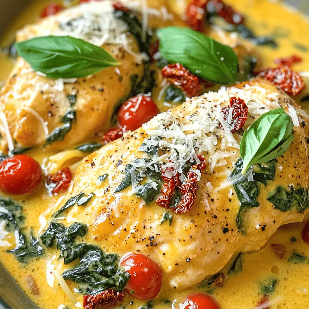 - 4 boneless, skinless chicken breasts - 1 cup cherry tomatoes, halved - 1 cup fresh spinach, chopped - 1/2 cup sun-dried tomatoes, chopped - 1/2 cup heavy cream (or coconut cream for a dairy-free option) - 1/4 cup chicken broth - 2 cloves garlic, minced - 1 teaspoon Italian seasoning - Salt and pepper to taste To create this dish, start with fresh chicken. I love using boneless, skinless chicken breasts. They cook nicely and absorb the flavors well. The tomatoes add a burst of sweetness. Cherry tomatoes work best, but you can use any type you have. Spinach adds a fresh touch and gives the meal color. Sun-dried tomatoes bring a rich taste that enhances the dish. The cream makes it creamy and smooth. You can swap heavy cream with coconut cream if you want a dairy-free meal. Don’t forget the garlic! It gives the dish a warm, savory flavor. Italian seasoning brings it all together with its herb blend. Lastly, you will need salt and pepper to taste. - 1/2 cup grated Parmesan cheese - Fresh basil leaves for garnish Adding cheese is a great way to enhance the flavor. I recommend Parmesan for its sharp taste. If you want extra flavor, stir the cheese in just before serving. Fresh basil leaves not only look nice but also add a bright, fresh taste. - Dairy-Free Options - Low-Carb Variations For dairy-free options, use coconut cream instead of heavy cream. This works well and keeps the dish creamy. If you want a low-carb meal, you can skip the cream and use more broth. This keeps it lighter but still tasty. You can also add more veggies, like zucchini or bell peppers, for a low-carb meal. This will give you extra nutrients and colors. Seasoning Process First, take the chicken breasts and season them. Use salt, pepper, and Italian seasoning. Rub the spices evenly on both sides. This step adds flavor to the chicken. Layering in the Slow Cooker Next, place the seasoned chicken breasts at the bottom of the slow cooker. This helps the chicken cook evenly. Make sure they fit well, without overlapping. Mixing the Tomato and Spinach Mixture In a bowl, mix the cherry tomatoes, sun-dried tomatoes, chopped spinach, and minced garlic. Add the chicken broth and heavy cream. Stir until everything is well combined. Ensuring Even Coating Now, pour this mixture over the chicken in the slow cooker. Ensure the chicken is well-coated. This will keep the chicken moist and full of flavor during cooking. Setting the Slow Cooker Cover the slow cooker with its lid. Set it to cook on low for 6-8 hours or high for 3-4 hours. This allows the flavors to blend and the chicken to become tender. Cooking Time and Temperature Options Keep an eye on the cooking time. If you choose the low setting, the chicken will be more juicy. If you are short on time, the high setting works well too. Just check that the chicken is fully cooked before serving. To make your Slow Cooker Tuscan Chicken shine, consider adjusting your seasonings. You can add a bit more Italian seasoning if you love that flavor. If you want a hint of heat, try adding red pepper flakes. For a fresh twist, sprinkle in some lemon juice right before serving. For creaminess, use heavy cream, or go dairy-free with coconut cream. The cream adds richness and smoothness. If you like a thicker sauce, let the dish cook longer with the lid off for the last 30 minutes. This helps the sauce reduce and thicken. Checking for doneness is key. The chicken should reach at least 165°F for safety. If you don’t have a meat thermometer, cut into the thickest part. The meat should be white and juices should run clear. To avoid overcooking, set your slow cooker to low if you have time. Cooking on low for 6-8 hours keeps the chicken moist. If you’re short on time, use high for 3-4 hours. Just remember, the longer you cook, the more tender the chicken will be. Garnishing is fun and easy. Use fresh basil leaves to add color and flavor. You can also sprinkle extra Parmesan cheese on top. This makes the dish look great and enhances the taste. For serving, consider placing the chicken over a bed of pasta or rice. This lets the sauce soak in, making each bite delicious. You can also serve it with crusty bread to scoop up the sauce. Your guests will love it! {{image_2}} You can swap out chicken for other proteins. Try turkey or pork for a new taste. If you want a plant-based meal, use chickpeas or tofu. These options still soak up the rich sauce well. Feel free to add more veggies to the mix. Zucchini or bell peppers work great. You can also toss in mushrooms for a hearty flavor. Just chop them up and add them with the tomatoes and spinach. Serving this dish over pasta gives it a classic feel. The sauce clings to the noodles nicely. If you prefer a lighter option, rice is a good choice too. It absorbs the sauce and adds a nice texture. To make it even easier, serve the Tuscan chicken as a one-pot meal. Just add uncooked pasta or rice directly to the slow cooker with the chicken. The cooking liquid will cook the grains perfectly. Want to boost the taste? Add extra spices like red pepper flakes for heat or oregano for depth. A pinch of smoked paprika can add a unique smoky flavor. Try different sauces to change things up. A splash of balsamic vinegar gives a tangy twist. You could also use pesto for a fresh kick. These sauces bring new life to the classic Tuscan chicken. Refrigeration Guidelines After you enjoy your meal, let the chicken cool. Place the chicken in an airtight container. Store it in the fridge for up to four days. This keeps it safe and fresh. Freezing Tips To freeze Tuscan chicken, first let it cool completely. Then, put it in a freezer bag. Remove as much air as you can before sealing. It can last up to three months in the freezer. When you’re ready to eat, just thaw it in the fridge overnight. Best Methods for Reheating The best way to reheat Tuscan chicken is in the microwave or on the stove. For the microwave, heat it in short bursts. Stir after each burst to heat evenly. If using the stove, add a splash of broth to keep it moist. Avoiding Dry Chicken To avoid dry chicken, always check the temperature. It should be warm but not overcooked. Adding a bit of cream or broth when reheating helps restore moisture. Duration for Refrigerated Storage Tuscan chicken stays good in the fridge for about four days. After that, it’s best to throw it away to avoid any food safety issues. Noticing Signs of Spoilage If you see any mold or the chicken smells bad, do not eat it. Also, if the texture seems off, it’s best to toss it. Always trust your senses when checking food freshness. Yes, you can use frozen chicken. Cooking from frozen works well in a slow cooker. However, you need to adjust cooking times. - Cooking from Frozen: When using frozen chicken, place it in the slow cooker. Add your sauce and veggies on top. Cook on high for 4-5 hours or low for 8-10 hours. This ensures the chicken cooks through safely. - Adjusting Cooking Times: Since frozen chicken takes longer, check for doneness. Use a meat thermometer. The internal temperature should reach 165°F for safety. If you want to swap heavy cream, there are many options. You can choose dairy-free or low-calorie alternatives. - Dairy-Free and Low-Calorie Options: Coconut cream works great! It adds a nice flavor. You can also use almond milk with a bit of cornstarch to thicken it. - Alternative Creams: Other options include cashew cream or oat milk. These make the dish lighter while still creamy. This recipe is perfect for meal prep. You can make it ahead of time and enjoy it later. - Tips for Batch Cooking: Cook extra servings and store them in separate containers. This makes it easy for lunch or dinner. - Best Storage Practices: Keep the chicken and sauce in the fridge for up to 4 days. For longer storage, freeze it in airtight containers. This blog post covered all you need to know for a tasty slow cooker dish. We explored the main and optional ingredients, plus dietary alternatives. I shared step-by-step instructions to prepare the chicken and combine flavors. You learned tips for seasoning and cooking, alongside variations for customization. Finally, I provided storage info and answered common questions. I hope you feel ready to impress with your cooking! Enjoy your delicious creation.