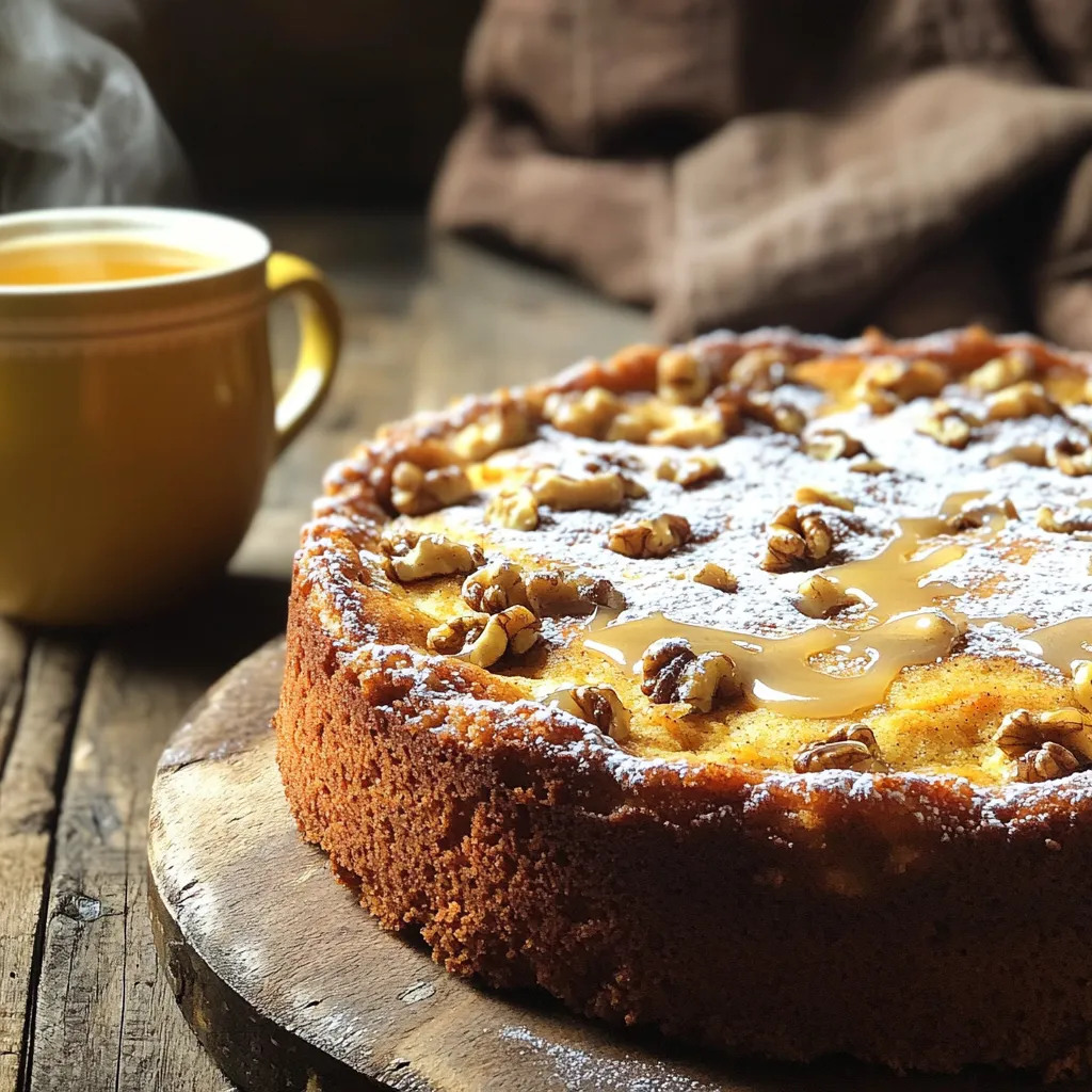 To make a delicious Chai Spice Coffee Cake, you'll need the following ingredients: - 2 cups all-purpose flour - 1 cup granulated sugar - ½ cup brown sugar, packed - 1 cup unsalted butter, softened - 3 large eggs - 1 cup buttermilk - 1 teaspoon vanilla extract - 1 teaspoon baking powder - 1 teaspoon baking soda - ½ teaspoon salt - Chai spice mix: - 1 tablespoon ground cinnamon - 1 teaspoon ground ginger - ½ teaspoon ground cardamom - ½ teaspoon ground cloves - ½ teaspoon ground nutmeg - ½ cup chopped nuts (walnuts or pecans) These ingredients come together to create a cake that is warm, spiced, and perfect for any occasion. Each spice adds depth and warmth, while the buttermilk keeps the cake moist. The chopped nuts give it a nice crunch. Enjoy gathering these items from your kitchen or store! 1. Start by preheating your oven to 350°F (175°C). Grease and flour a 9x13 inch baking pan. You can also line it with parchment paper for easy removal. 2. In a large mixing bowl, cream together the softened butter, granulated sugar, and brown sugar. Mix until the mixture is light and fluffy. 3. Add the eggs one at a time. Mix well after each addition. Then stir in the buttermilk and vanilla extract until everything is combined. 1. In another bowl, whisk together the all-purpose flour, baking powder, baking soda, salt, and all the spices: cinnamon, ginger, cardamom, cloves, and nutmeg. 2. Gradually add the dry ingredients to the wet mixture. Stir just until combined. You want to avoid over-mixing. 3. Fold in the chopped nuts, either walnuts or pecans, to add some crunch to your cake. 1. Pour the batter into the prepared baking pan. Spread it out evenly so it bakes well. 2. Bake for 30-35 minutes. Check doneness by inserting a toothpick into the center. It should come out clean when the cake is ready. 3. Let the cake cool in the pan for about 10 minutes. Then transfer it to a wire rack to cool completely. This simple process gives you a delightful Chai Spice Coffee Cake, perfect for any gathering or a cozy night in. Enjoy every bite! To make your chai spice coffee cake moist, avoid over-mixing. When you mix too much, the cake gets tough. Stir the batter just until combined. This keeps it light and fluffy. Use room temperature ingredients. Warm butter and eggs mix better, creating a smoother batter. You can boost the flavor of your cake with a splash of vanilla. Adding a bit of citrus zest, like orange or lemon, can brighten up the spices. For serving, pair it with a warm cup of chai or coffee. The warmth of the drinks complements the spices in the cake perfectly. For a lovely finish, dust your cooled cake with powdered sugar. It adds a sweet touch and looks pretty. You can also drizzle a simple glaze made of powdered sugar and milk over the top. This adds sweetness and makes it shine. {{image_2}} You can change the nuts in this cake to fit your taste. Try using pecans or walnuts. You can even add chocolate chips for a sweet twist. Just fold them into the batter before baking. If you want a gluten-free option, swap the all-purpose flour for a gluten-free blend. Many brands work well and give a great texture. If you want to make your own chai spice blend, it's easy! Combine 1 tablespoon ground cinnamon, 1 teaspoon ground ginger, ½ teaspoon ground cardamom, ½ teaspoon ground cloves, and ½ teaspoon ground nutmeg. This mix will give your coffee cake that warm chai flavor. You can also try other spices like allspice or nutmeg for a different taste. Just remember to keep the balance so the flavors shine through. To keep your chai spice coffee cake fresh, wrap it well. Use plastic wrap or foil. This keeps moisture in and air out. Store it at room temperature for best taste. If you have leftovers, place them in an airtight container. This helps maintain the cake's soft texture. If you want to freeze the cake, cut it into slices. Wrap each slice tightly in plastic wrap. Then place them in a freezer bag. This way, you can enjoy a piece whenever you want! At room temperature, the cake lasts for about three days. Make sure to keep it in a cool, dry place. If you refrigerate it, it can last up to a week. However, cold air may dry it out, so only refrigerate if needed. Always check for any signs of spoilage before eating. Enjoy your cake while it's fresh! Can I use regular milk instead of buttermilk? Yes, you can use regular milk. Buttermilk adds a nice tang. If you use regular milk, add one tablespoon of vinegar or lemon juice. Let it sit for five minutes. This makes a quick substitute for buttermilk. How do I know when the cake is done baking? To check if the cake is done, insert a toothpick into the center. If it comes out clean, the cake is ready. The edges will also pull away from the pan slightly. This means it is fully baked and should be cool soon. Can I make this coffee cake ahead of time? Yes, you can make this cake a day ahead. Just store it in an airtight container. It stays fresh and moist. You can also freeze it for up to three months. Just thaw it in the fridge before serving. You now have a simple guide to create a delicious chai spice coffee cake. We covered the key ingredients, step-by-step instructions, and helpful tips for success. Remember, mixing your ingredients gently is key to keeping your cake moist. Feel free to try different nuts or spices for a unique twist. Store your leftovers properly so you can enjoy them longer. Baking can be fun and rewarding. Enjoy each bite of your cake!