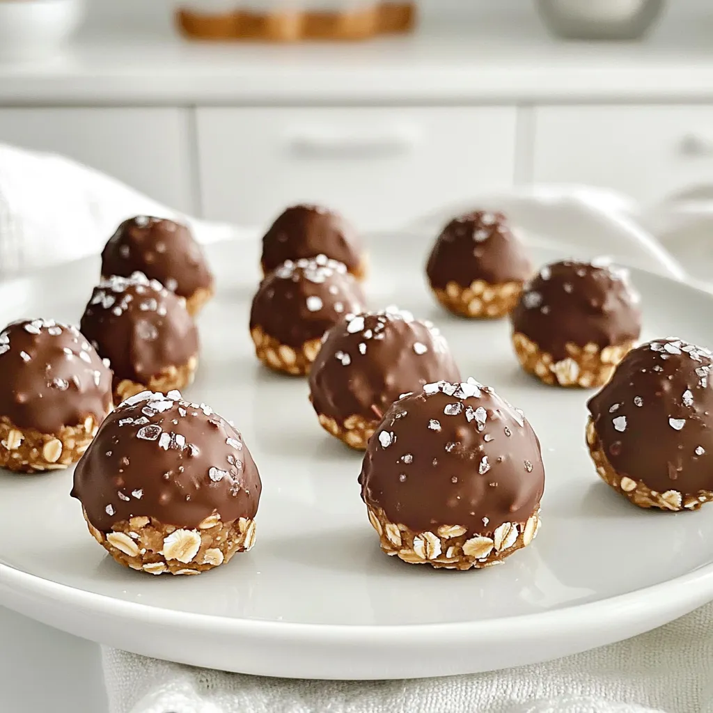 To make No-Bake Chocolate Peanut Butter Oat Bites, gather these simple ingredients: - 1 cup rolled oats - 1/2 cup natural peanut butter - 1/3 cup honey or maple syrup - 1/2 cup dark chocolate chips - 1/4 cup ground flaxseed (optional) - 1 tsp vanilla extract - A pinch of sea salt These ingredients blend well to create a tasty treat. Each one serves a purpose in flavor and texture. You can swap some ingredients if you need to. Here are some ideas: - Peanut Butter: Use almond butter or cashew butter for a nut-free option. - Honey: Maple syrup works well for a vegan version. - Dark Chocolate Chips: Use carob chips for a different taste or to avoid dairy. - Ground Flaxseed: Omit it for a simpler recipe or replace it with chia seeds. These swaps help you adjust the recipe to your tastes or dietary needs. Each bite is not just tasty; it packs a nutritious punch. Here’s a rough breakdown per bite, based on 12 servings: - Calories: 100 - Protein: 3g - Carbs: 12g - Fat: 5g - Fiber: 1g These bites offer energy and satisfaction. They make a great snack or treat anytime. To make No-Bake Chocolate Peanut Butter Oat Bites, start with a large mixing bowl. Add 1 cup of rolled oats, 1/2 cup of natural peanut butter, and 1/3 cup of honey or maple syrup. If you want, you can also include 1/4 cup of ground flaxseed for extra nutrients. Then, add 1 teaspoon of vanilla extract. Mix these ingredients well until they combine into a thick dough. Next, stir in 1/2 cup of dark chocolate chips. Add a pinch of sea salt to enhance the flavor. This step makes sure the chocolate is spread evenly throughout the mixture. Now, use your hands to roll the mixture into small balls, each about 1 inch in size. Place these balls on a parchment-lined baking sheet. Once you form all the bites, chill the baking sheet in the refrigerator. Let them sit for about 30 minutes. This helps the bites firm up. After chilling, they are ready to enjoy! Mixing is key in this recipe. To get the best results, use a sturdy spoon or spatula. If the mixture feels too dry, add a little more peanut butter or honey. If it’s too wet, add a bit more oats. Mix thoroughly to ensure every bite has the same yummy flavor. If you use your hands, the warmth helps blend the ingredients better. Just remember to wash your hands well before starting! For this recipe, you don’t need fancy tools. Here’s what I recommend: - Large mixing bowl - Sturdy spoon or spatula - Parchment paper for lining the baking sheet - Measuring cups for accurate amounts - An airtight container for storage These simple tools will help you create tasty No-Bake Chocolate Peanut Butter Oat Bites with ease! Rolling oat bites can be fun and easy. First, make sure your hands are slightly damp. This keeps the mixture from sticking to your fingers. Grab a small portion of the mix, about a tablespoon. Roll it gently into a ball. Aim for a size of about one inch. If the mixture feels too crumbly, add a bit more peanut butter or honey. This helps the bites hold together better. To make your oat bites sturdier, consider adding ground flaxseed. This ingredient adds fiber and helps bind the mix. You can also chill the mixture for 10 minutes before rolling. This makes it easier to shape. If your bites still feel too soft, try adding more oats. A little extra rolled oats can help firm them up. Enhancing flavor is simple and fun. For a twist, mix in cinnamon or cocoa powder. You can also try adding chopped nuts or dried fruit. Chopped almonds or cranberries work well. Another option is to use different types of chocolate chips, like milk or white chocolate. Each change adds a new layer of taste to the bites. Always remember to adjust the sweetness if you add more ingredients. {{image_2}} You can make these no-bake chocolate peanut butter oat bites your own. Try adding different mix-ins for fun flavors. Here are some ideas: - Chopped nuts: Almonds or walnuts add crunch. - Dried fruit: Raisins or cranberries add sweetness. - Seeds: Pumpkin or sunflower seeds boost nutrition. - Coconut flakes: Unsweetened flakes give a tropical twist. Mix and match these options to create your perfect bite! These bites fit many diets. To make vegan bites, swap honey for maple syrup. This keeps them sweet and plant-based. For gluten-free options, ensure that your oats are labeled gluten-free. This way, everyone can enjoy them without worry! Experiment with flavors to keep things exciting. Here are some combinations to consider: - Chocolate mint: Add peppermint extract for a fresh twist. - Chocolate coconut: Mix in coconut flakes for a tropical flavor. - Peanut butter banana: Mash a ripe banana into the mix for natural sweetness. These flavor ideas can turn a simple recipe into something special. Enjoy mixing! To keep your No-Bake Chocolate Peanut Butter Oat Bites fresh, store them in an airtight container. Place them in the fridge for the best flavor and texture. They stay yummy for up to a week. If you want to save some for later, freezing is a great option. To freeze these bites, first, let them chill in the fridge. Once firm, place them in a single layer on a baking sheet. Freeze them for about an hour. After they are frozen, transfer them to a freezer-safe bag or container. You can enjoy them for up to three months. Just take out what you need and let them thaw in the fridge. These bites taste best when fresh, but they hold up well in the fridge. Keep an eye on them for any changes in texture or smell. If they start to look dry or crumbly, it’s time to toss them out. Enjoying these bites within a week ensures you get the full flavor and nutrition. Yes, you can use quick oats. Quick oats are smaller and cook faster. They will still work well in the recipe. The texture may be slightly different, but the taste remains great. If you use quick oats, the bites may be a bit softer. They might not hold together as well as rolled oats. For a chewy texture, stick with rolled oats. These bites stay fresh for about a week. Store them in an airtight container in the fridge. If you keep them sealed, they stay tasty and firm. After a week, they may lose some flavor and texture. Always check for signs of spoilage before eating. If they smell off, it’s best to toss them. Absolutely! You can swap peanut butter with other nut butters. Almond butter, cashew butter, or sunflower seed butter works well. Each nut butter adds its own unique flavor. Choose one that you enjoy. Keep in mind that the texture may change slightly. Experimenting with different nut butters can make the bites even more fun! This blog post covered everything you need to know about making peanut butter oat bites. We talked about the essential ingredients and tasty swaps. We also shared detailed prep steps and handy tips for mixing. Plus, you learned how to roll and flavor your bites and even various ways to personalize them. Lastly, we discussed how to store your bites for freshness. Now you can enjoy these treats anytime, knowing how to make them taste amazing! Enjoy your oat bites!