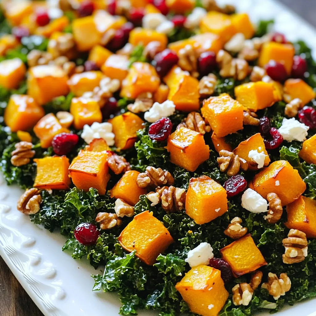 - 1 medium butternut squash, peeled and cubed - 4 cups kale, stems removed and chopped - 1/2 cup dried cranberries - 1/2 cup walnuts, roughly chopped - 1/4 cup feta cheese, crumbled - 2 tablespoons olive oil - 1 teaspoon ground cinnamon - 1/2 teaspoon nutmeg - Salt and pepper to taste - 2 tablespoons apple cider vinegar - 1 tablespoon honey or maple syrup - Prep time: 15 minutes - Total time: 45 minutes - Servings: 4 The key to a great roasted butternut squash kale salad is using fresh, high-quality ingredients. Start with a medium butternut squash. Peel it and cut it into bite-sized cubes. This squash will caramelize beautifully when roasted. Next, you need four cups of kale. Make sure to remove the tough stems. Chop the leaves into smaller pieces for easier eating. Add 1/2 cup of dried cranberries for a sweet touch. They provide contrast to the savory flavors. Toss in 1/2 cup of roughly chopped walnuts for crunch. They add texture and healthy fats. Lastly, sprinkle 1/4 cup of crumbled feta cheese over the salad. This gives a creamy element that balances the flavors. Next, let’s talk about seasonings. You’ll need 2 tablespoons of olive oil for roasting the squash. This helps create a golden crust. Add 1 teaspoon of ground cinnamon and 1/2 teaspoon of nutmeg for warmth and spice. Don't forget salt and pepper to taste. These enhance all the flavors in the salad. Finally, mix in 2 tablespoons of apple cider vinegar. This adds brightness. If you want a hint of sweetness, use 1 tablespoon of honey or maple syrup. With these ingredients, you set the stage for a flavorful salad. Each element plays a role in making this dish a delightful experience. 1. Preheat the oven: Start by setting your oven to 425°F (220°C). This high heat helps the squash roast well. 2. Toss squash with seasonings: In a large bowl, mix the cubed butternut squash with olive oil, ground cinnamon, nutmeg, salt, and pepper. Ensure every piece is well coated. 3. Spread on a baking sheet: Place the seasoned squash in a single layer on a baking sheet. This allows it to cook evenly. 4. Roast until tender and caramelized: Roast the squash in your preheated oven for 25-30 minutes. Turn the pieces halfway through for best results. You'll know it’s done when the squash is tender and has a nice caramel color. 5. Massage the kale: While the squash cooks, take the chopped kale and sprinkle a pinch of salt over it. Massage the kale for about 2 minutes. This softens it and makes it easier to eat. 6. Combine ingredients in a bowl: In a large serving bowl, mix the massaged kale with dried cranberries, chopped walnuts, and crumbled feta cheese. 7. Make the dressing and combine: In a small bowl, whisk together the apple cider vinegar and honey (or maple syrup). Drizzle this dressing over your salad and toss everything gently to blend the flavors. To get that sweet caramelization on your butternut squash, use high heat. Preheat your oven to 425°F (220°C). Toss the squash with olive oil, cinnamon, nutmeg, salt, and pepper. Spread it in a single layer. This allows it to cook evenly. Turning the squash halfway through roasting is key. It ensures all sides brown nicely. Aim for a golden-brown color on the edges. This step adds flavor and keeps the squash tender. You can add extra toppings for a burst of flavor. Consider sliced apples, pomegranate seeds, or avocado. These give a nice crunch and freshness. For storing leftovers, keep them in an airtight container. The salad can last up to three days in the fridge. However, avoid dressing it until you’re ready to eat. This keeps the greens crisp. To serve elegantly, use a large platter. Arrange the roasted butternut squash on top of the kale. This creates a colorful display. For garnishing, sprinkle extra walnuts and cranberries on top. A light drizzle of balsamic glaze can also add a touch of flair. Simple touches can make your salad look gourmet. {{image_2}} You can change this salad based on the seasons. In fall, try adding roasted Brussels sprouts or sweet potatoes. In summer, fresh corn or cherry tomatoes add color and taste. You can also add fruits like apples or pears. Sliced apples give a nice crunch, while pears add sweetness. These changes keep your salad fresh and fun. If you want to make it vegan, skip the feta cheese. You can add avocado for creaminess instead. For those with gluten issues, this salad is already gluten-free. Just make sure any added ingredients, like grains, are also gluten-free. If you need nut-free options, swap walnuts for pumpkin seeds or sunflower seeds. The dressing is key to flavor. You can try different types of vinegar. Balsamic vinegar or red wine vinegar can add a new twist. For a flavored dressing, mix olive oil with lemon juice and herbs. You can also add mustard for a tangy kick. These options help you customize the taste to your liking. To keep your roasted butternut squash kale salad fresh, store leftovers in the fridge. Place the salad in an airtight container. This helps prevent moisture loss and keeps the flavors intact. Enjoy the salad within three days for the best taste. For longer storage, you can freeze the roasted butternut squash. First, let it cool completely. Then, place it in a freezer-safe bag or container. Remove as much air as possible before sealing. It can last up to three months in the freezer. To reheat the roasted squash, use the oven for best results. Preheat your oven to 350°F (175°C). Spread the squash on a baking sheet and heat for about 10-15 minutes. This method keeps the texture nice and the flavor rich. You can also use the microwave, but it may make the squash softer. Place the squash in a microwave-safe bowl. Heat in 30-second intervals, stirring in between, until warm. In the fridge, the salad lasts about three days. After that, the kale can wilt, and the squash may lose its taste. Check for signs of spoilage. If you see any brown spots or an off smell, it’s best to throw it away. When frozen, the squash can last up to three months. However, for the best flavor and texture, use it sooner rather than later. Yes, you can use frozen butternut squash. Advantages: - Saves time on peeling and cubing. - Often pre-cooked, so it's easy to use. Disadvantages: - May lack the same texture as fresh squash. - Can be watery if not properly drained. Yes, this salad works great for meal prep. Tips for preparing in advance: - Roast the butternut squash ahead of time. - Store the salad components separately. - Combine just before serving for best flavor. Absolutely, adding protein boosts the salad's nutrition. Suggestions for adding protein: - Grilled chicken adds flavor and texture. - Tofu is a great plant-based option. - Chickpeas can also enhance the salad. Massaging kale helps soften its tough leaves. Techniques for tenderizing kale effectively: - Use a pinch of salt while massaging. - Rub the leaves with your hands for 2 minutes. - Look for the leaves to become tender and dark green. This blog post covered how to make a delicious butternut squash salad. We discussed fresh ingredients, tasty seasonings, and easy steps to prepare it. With tips for roasting and storage, you can create the perfect dish every time. Remember, you can customize the salad for any season or diet. Enjoy making and sharing this meal! It’s a fun way to eat healthy. Try it out and savor the flavors!
