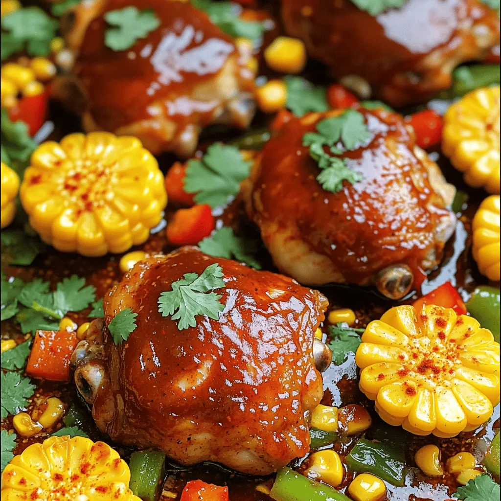 To make BBQ Chicken and Corn Sheet Pan, you need: - 4 boneless, skinless chicken thighs - 4 ears of corn, husked and cut in half - 1 red bell pepper, diced - 1 green bell pepper, diced These ingredients form the base of your meal. The chicken gives you protein. The corn adds sweetness. The peppers bring color and crunch. For flavor, gather: - 1 cup BBQ sauce (your favorite brand) - 2 tablespoons olive oil - 1 teaspoon garlic powder - 1 teaspoon smoked paprika - Salt and pepper to taste - 1 teaspoon chili powder This mix makes your chicken pop with taste. The BBQ sauce adds richness. Olive oil helps everything cook well. Garlic powder and smoked paprika give it depth. Salt and pepper enhance all the flavors. Finish your dish with: - Fresh cilantro, chopped Cilantro adds freshness to your meal. It brightens the rich flavors of the chicken and sauce. You can add it right before serving for the best taste. First, preheat your oven to 425°F (220°C). This step ensures even cooking. In a bowl, mix 2 tablespoons of olive oil, 1 teaspoon of garlic powder, and 1 teaspoon of smoked paprika. Add salt and pepper to taste. This mix adds a great flavor to the chicken. Next, coat the 4 boneless, skinless chicken thighs in this mix. Make sure each piece is covered well. Then, pour half of the BBQ sauce over the chicken. This gives the chicken a nice taste. Set aside the remaining sauce for later glazing. Grab a large sheet pan. Place the seasoned chicken thighs in the center of the pan. Surround them with 4 ears of corn, cut in half, and 1 diced red bell pepper and 1 diced green bell pepper. The colors will make your dish look bright and fresh. Drizzle the veggies with a little olive oil. Sprinkle them with 1 teaspoon of chili powder, salt, and pepper. Toss everything to coat evenly. This helps all the flavors mix well. Now, it’s time to bake! Place the sheet pan in your preheated oven. Bake for 20 to 25 minutes. The chicken should reach an internal temperature of 165°F (75°C). The corn should be tender by now. In the last 5 minutes of baking, brush the remaining BBQ sauce over the chicken. This gives it a nice glaze. Once done, take it out of the oven. Let it rest for a few minutes. Garnish with chopped cilantro before serving. Enjoy your colorful and tasty BBQ chicken and corn dish! To make sure your chicken is cooked just right, use a meat thermometer. Aim for an internal temperature of 165°F (75°C). This keeps the chicken juicy and safe to eat. Also, let the chicken rest before serving. This helps the juices spread evenly throughout. Choose a BBQ sauce that matches your taste. If you like sweet, go for a honey BBQ sauce. For a spicy kick, try a chipotle BBQ sauce. Look for sauces with natural ingredients. They often taste better and have fewer chemicals. When serving, pile the chicken, corn, and peppers onto a big platter. Drizzle extra BBQ sauce on top for added flavor. Garnish with fresh cilantro for a pop of color and taste. You can also serve it with rice or a fresh salad to balance the meal. {{image_2}} You can change the veggies to suit your taste. Try using zucchini or asparagus for a fresh twist. Carrots also add a nice crunch and sweetness. If you want something colorful, add cherry tomatoes or yellow bell peppers. These options keep the dish fun and tasty. While chicken thighs are great, feel free to switch proteins. Boneless chicken breasts work well if you prefer leaner meat. You can also use turkey thighs for a new flavor. For a meat-free dish, try firm tofu or tempeh. Just make sure you adjust the cooking time as needed. Want to spice it up? Add a pinch of cayenne pepper for heat. You can also try curry powder for an exotic touch. For a smoky flavor, use chipotle powder. Mix in fresh herbs like basil or thyme for a burst of freshness. Each spice brings a new taste to your meal. After cooking, let the BBQ chicken cool to room temperature. Place the chicken and corn in an airtight container. Store in the fridge for up to three days. This keeps the flavors fresh and tasty. To freeze, allow the dish to cool completely. Place portions in freezer bags or containers. Remove as much air as possible to prevent freezer burn. You can freeze it for up to three months. This makes meal prep easy and quick for busy days. To reheat, preheat your oven to 350°F (175°C). Place the chicken and corn on a baking sheet. Cover with foil to keep moisture in. Heat for about 15-20 minutes or until warm. You can also use a microwave. Just heat in short bursts, checking often. Enjoy your meal again! Yes, you can use chicken breasts. They will cook faster than thighs. I suggest checking them after 15 minutes. Chicken breasts may dry out, so keep an eye on them. If you want juicy meat, thighs are still the best choice. If you use frozen chicken, bake it for about 30-35 minutes. It’s important to ensure the chicken reaches 165°F (75°C) inside. Check the thickest part of the chicken. Add extra time if needed to fully cook the chicken. You can use teriyaki sauce for a sweet twist. Honey mustard also works well. If you like spice, try a hot sauce. You can even make a mix of ketchup and Worcestershire sauce. Be creative with your flavors! This blog post covered how to make a tasty chicken dish from start to finish. We discussed the key ingredients, how to prep the chicken, and tips for perfect baking. I shared ideas on variations, storage, and even answered common questions about the recipe. Cooking can be fun and easy with the right steps. I hope you feel ready to try this dish and enjoy the flavors. You can impress your friends and family with a home-cooked meal. Happy cooking!