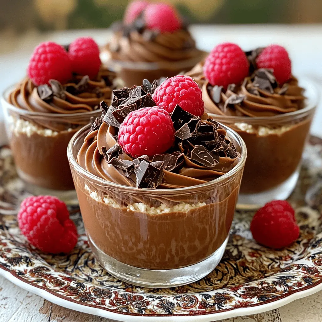 To make these Cottage Cheese Chocolate Mousse Cups, you need: - 1 cup cottage cheese - 1/2 cup unsweetened cocoa powder - 1/4 cup honey or maple syrup - 1 teaspoon vanilla extract - 1/4 teaspoon salt - 1/2 cup heavy cream, whipped - Dark chocolate shavings or cocoa nibs for garnish - Fresh berries (raspberries or strawberries) for serving You can add more fun to your mousse with these extras: - A pinch of espresso powder for depth - A splash of almond extract for a nutty taste - A tablespoon of peanut butter for creaminess Cottage cheese is a star in this recipe. It is high in protein, which helps you feel full. It also has calcium, which is good for bones. Here’s a quick look at its benefits: - Low in fat, making it a great choice for health-conscious eaters. - Packed with vitamins and minerals, like B vitamins and phosphorus. - Contains probiotics, which support gut health. Using cottage cheese makes this dessert not just tasty, but also nutritious. It’s a win-win for anyone who enjoys a sweet treat! First, gather all your ingredients. You need cottage cheese, cocoa powder, honey or maple syrup, vanilla, salt, and heavy cream. Prepare your blender or food processor for mixing. Make sure your heavy cream is ready to whip. You will also need small cups or dessert glasses for serving. This step takes about 15 minutes. Start by adding 1 cup of cottage cheese to your blender. Next, add 1/2 cup of unsweetened cocoa powder. Then, pour in 1/4 cup of honey or maple syrup, followed by 1 teaspoon of vanilla extract and 1/4 teaspoon of salt. Blend all these ingredients together until the mixture is smooth and creamy. Make sure you check for lumps. This is key for a velvety mousse. Once your mixture is smooth, it’s time to add the whipped cream. You’ll need 1/2 cup of heavy cream, whipped until soft peaks form. Gently fold the whipped cream into the chocolate mixture. Use a spatula and be kind. You don’t want to deflate the whipped cream. This keeps the mousse light and airy. Once combined, taste the mousse. If it needs more sweetness, add a little honey or maple syrup. After that, divide the mousse into cups. Chill them for at least 2 hours. Before serving, top with dark chocolate shavings and fresh berries. Enjoy your creamy delight! To make a smooth mousse, blend the cottage cheese well. Use a blender or food processor. Mix until it is creamy and lump-free. This step is key for a great texture. When you fold in the whipped cream, do it gently. This keeps air in the mix. The air makes it light and fluffy. If you mix too hard, it can become dense. You can change the sweetness to fit your taste. Start with the honey or maple syrup in the recipe. After blending, taste the mousse. If it is not sweet enough, add a bit more honey or syrup. Blend again until mixed. Remember that the chocolate can add some bitterness. So, adjust carefully to find your perfect balance. Presentation makes your mousse cups more appealing. Use clear dessert glasses to show off the layers. You can use a piping bag for a fancy look. Top with dark chocolate shavings or cocoa nibs for extra flair. Add fresh berries like raspberries or strawberries on top. This adds color and freshness. For a touch of elegance, add a small mint sprig. Serve your mousse cups on a pretty plate to impress your guests. {{image_2}} You can change the flavor of your mousse. Adding vanilla makes it sweeter. Just one teaspoon is enough. You can also try espresso. This adds a rich coffee taste. Use one tablespoon of espresso for a strong kick. You can mix in spices too. Cinnamon or nutmeg can add warmth and depth. If you want a vegan version, swap the cottage cheese. Use silken tofu instead. Blend it until smooth for a creamy base. Replace honey with maple syrup or agave. These sweeteners are plant-based. You can also use coconut cream for a rich texture. It gives a nice flavor and keeps it dairy-free. Toppings make the mousse look fancy. Use dark chocolate shavings for a rich taste. Cocoa nibs add crunch and more chocolate flavor. Fresh berries, like raspberries or strawberries, add color and freshness. You can also add a sprig of mint for a pop of green. Consider using crushed nuts for extra crunch. These small changes can make your mousse cups unique and fun! To keep your cottage cheese chocolate mousse cups fresh, place them in the fridge. Use airtight containers or cover them tightly with plastic wrap. This helps prevent any odors from the fridge from getting in. Make sure they are chilled properly before you cover them. Chill the mousse cups for at least two hours before serving. This helps the flavors blend and the mousse set. If you have time, chilling them overnight works even better. The longer they chill, the firmer and creamier they will become. Just remember to keep them covered. Your mousse cups will stay fresh for about three days in the fridge. After that, the texture and taste may change. If you notice any strange smells or colors, it's best to throw them away. Enjoy your delicious treats while they are at their best! Yes, you can use low-fat cottage cheese. It will still blend well in the mousse. The texture may be slightly different, but it works. The flavor remains rich and delicious, even with low-fat options. Just make sure to blend it until smooth. This helps avoid lumps that can ruin the mousse. The mousse needs at least 2 hours to set in the fridge. This chilling time helps it firm up nicely. If you can, let it chill longer for better texture. This waiting time is key to creating that perfect creamy delight. Yes, cottage cheese is a healthy choice for desserts. It adds protein and calcium without many calories. This makes it great for a sweet treat that isn’t too heavy. Plus, it adds a creamy texture that everyone loves. It’s a smart swap for heavier ingredients like cream or butter. You now know how to make a great cottage cheese mousse. Start by gathering your ingredients and blending them carefully. Follow the steps to achieve a light and fluffy texture. Use the tips to adjust sweetness and present it beautifully. Experiment with flavors and toppings to make it your own. Lastly, store leftovers properly to keep them fresh. Enjoy this healthy treat that is both tasty and fun to make!