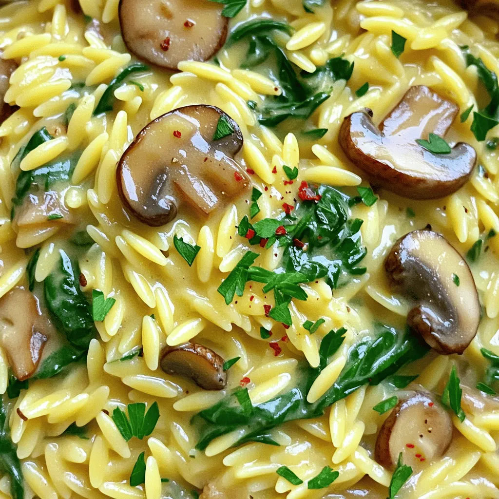 To make this dish, you need a few key items: - 1 cup orzo pasta - 2 cups vegetable broth - 1 tablespoon olive oil - 1 medium onion, diced - 3 cloves garlic, minced - 8 oz mushrooms, sliced (cremini or button work best) - 4 cups fresh spinach - 1 cup heavy cream (you can use coconut cream for dairy-free) - ½ cup Parmesan cheese, grated (or nutritional yeast for vegan) - Salt and pepper to taste These ingredients make a rich and creamy base. The orzo absorbs the flavors well. The mushrooms add umami, while the spinach gives it a fresh touch. You can boost the taste with a few extras: - Red pepper flakes (for a spicy kick) - Fresh parsley, chopped (for garnish) These optional items add layers of flavor. Red pepper flakes bring warmth, while parsley adds brightness. You can easily adapt this dish for different diets: - Use coconut cream instead of heavy cream for a dairy-free option. - Swap Parmesan cheese for nutritional yeast to keep it vegan. These swaps keep the dish creamy and delicious without dairy. You won’t miss the creaminess at all! Start by heating a medium saucepan over medium heat. Add one tablespoon of olive oil to the pan. As the oil warms, dice one medium onion. Toss the onion into the pan. Sauté it for about 3-4 minutes until it turns clear. Next, mince three cloves of garlic. Add the garlic to the pan and stir it in. This step fills your kitchen with a lovely aroma. Now, slice eight ounces of mushrooms. I recommend using cremini or button mushrooms for the best flavor. Add the sliced mushrooms to the pan. Cook them for about 5-7 minutes until they become tender and golden brown. Once the mushrooms are ready, pour in two cups of vegetable broth. Bring this mixture to a boil. Next, add one cup of orzo pasta to the boiling broth. Lower the heat to a gentle simmer. Cook the orzo for 10-12 minutes. Stir it occasionally to avoid sticking. The orzo should be al dente and absorb most of the broth. After that, toss in four cups of fresh spinach. Cook until the spinach wilts, about 2-3 minutes. Once the orzo and spinach are ready, pour in one cup of heavy cream. Stir everything together until well mixed. Let it heat for about two minutes. Then, add in half a cup of grated Parmesan cheese. Stir until the cheese melts and makes the dish creamy. Take the pan off the heat. Season with salt, pepper, and red pepper flakes to your taste. Serve the orzo warm, garnished with chopped fresh parsley for a pop of color. This dish is not just a meal; it’s a comforting bowl of joy! To get the best creamy texture, use heavy cream. This thickens the dish and gives it richness. If you want a lighter version, try coconut cream. It adds a nice flavor, too. Don’t rush the cheese mixing. Add Parmesan slowly, stirring well to melt it fully. This helps to avoid clumps. One mistake is not cooking the orzo enough. Make sure it is al dente, so it has a nice bite. Another mistake is adding too much broth. You want the orzo to absorb most of it for creaminess. Lastly, don't skip the seasoning. Salt and pepper enhance all the flavors, so taste as you go. You can change some ingredients for more flavor. For a dairy-free option, use nutritional yeast instead of cheese. It gives a cheesy taste without dairy. If you want more veggies, add bell peppers or zucchini. You can also use different mushrooms, like shiitake or portobello, for varied taste. For a spicy kick, sprinkle in some red pepper flakes. {{image_2}} You can boost the protein in this dish easily. For meat lovers, diced chicken adds heartiness. Cook it before adding the onions. You can also use cooked shrimp. Just toss it in at the end to warm it up. For a plant-based option, try cubed tofu. Press and pan-fry the tofu until golden. Then, mix it in with the spinach for a tasty twist. Feel free to add more veggies to your orzo. Broccoli florets, diced bell peppers, or zucchini are great choices. Add them with the mushrooms for even cooking. You can also toss in some peas or corn right before you add the cream. This not only adds color but also packs in extra nutrients. If you love heat, add red pepper flakes right at the end. Start with a pinch and adjust to your taste. You can also include a splash of hot sauce or diced jalapeños for more kick. For extra flavor, try adding fresh herbs like thyme or basil. These will brighten up the dish and make it even more delicious. To keep your creamy mushroom spinach orzo fresh, store it in an airtight container. Let it cool to room temperature before sealing. This step helps avoid moisture buildup. Place it in the fridge where it stays good for about three to four days. If you want to keep it longer, consider freezing it. When you're ready to enjoy your leftovers, heat them gently. You can use a stovetop or microwave. If using the stovetop, add a splash of vegetable broth or water. This keeps the orzo moist. Stir it often and heat until warm. In the microwave, cover it with a damp paper towel. Heat in one-minute intervals, stirring in between. This method helps keep the flavors bright. Freezing is a great option if you want to save some for later. Start by letting the dish cool completely. Then, scoop it into freezer-safe containers. Leave some space at the top for expansion. You can freeze it for up to three months. When you’re ready to eat, thaw it overnight in the fridge. Reheat it as mentioned above for best results. Yes, you can. Use small pasta shapes like ditalini or acini di pepe. These shapes cook well and soak up the sauce. Just adjust the cooking time to match the pasta you choose. To make Creamy Mushroom Spinach Orzo vegan, use coconut cream instead of heavy cream. For cheese, swap Parmesan with nutritional yeast. Both changes keep the dish rich and tasty. You can add bell peppers, zucchini, or peas. These veggies add color and nutrients. Just sauté them with the onions and garlic for a nice blend of flavors. It lasts for about 3 to 4 days in the fridge. Store it in an airtight container to keep it fresh. Reheat it gently on the stove or in the microwave. Yes, you can prepare it ahead of time. Just let it cool before storing. When ready to eat, reheat over low heat. Add a splash of broth to restore creaminess if needed. Creamy Mushroom Spinach Orzo is a delicious and adaptable dish. We covered the key ingredients, from basics to extras, and dietary swaps. Step-by-step instructions ensured easy preparation, leading to a creamy finish. Tips helped avoid common mistakes, while variations allowed personal touches. Storing instructions kept leftovers fresh and tasty. In the end, this dish is not just a meal; it’s a canvas for your creativity in the kitchen. Enjoy making it your own!