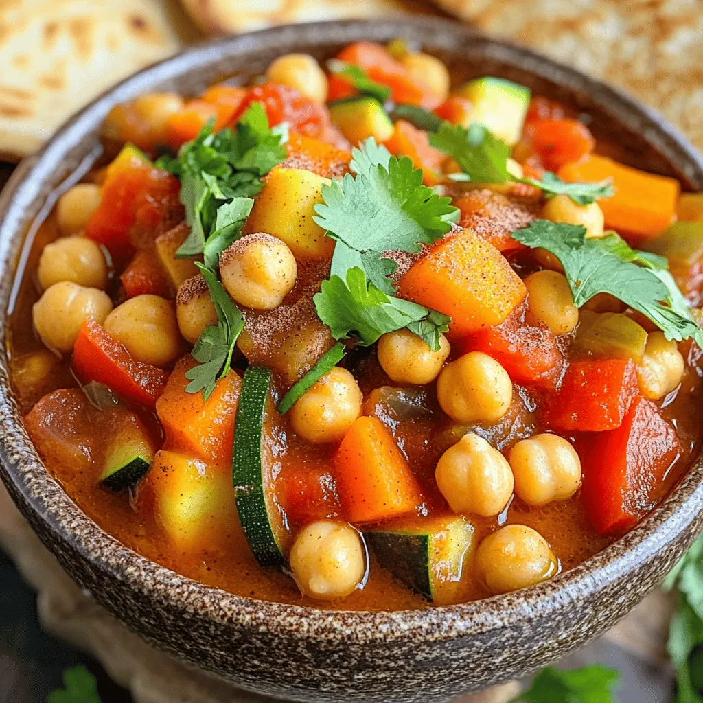 To make this slow cooker Moroccan chickpea stew, gather these ingredients: - 2 cans (15 oz each) chickpeas, drained and rinsed - 1 medium onion, diced - 2 cloves garlic, minced - 1 red bell pepper, diced - 1 carrot, sliced - 1 zucchini, diced - 1 can (14 oz) diced tomatoes (with juices) - 1 cup vegetable broth - 2 tablespoons olive oil - 1 teaspoon ground cumin - 1 teaspoon ground coriander - 1 teaspoon cinnamon - 1 teaspoon smoked paprika - 1/2 teaspoon turmeric - 1/2 teaspoon chili powder - Salt and pepper to taste - Fresh cilantro or parsley for garnish Moroccan cooking shines with warm spices. Stock your pantry with these staples: - Ground cumin adds earthy notes. - Cilantro and parsley bring freshness. - Smoked paprika gives a slight smokiness. - Cinnamon adds warmth and depth. - Turmeric offers a bright, golden color. These ingredients create a true Moroccan taste. They work well together to build layers of flavor. Picking fresh veggies is key for a tasty stew. Here are my tips: - Choose firm bell peppers and bright-colored zucchini. - Look for onions that feel heavy. Avoid soft ones. - Pick carrots that are smooth and crisp. - Smell the garlic; it should be strong and fresh. Fresh veggies not only taste better, but they also make the stew more colorful. To start, gather your veggies. Chop a medium onion and mince two cloves of garlic. Dice one red bell pepper, slice one carrot, and dice one zucchini. In your slow cooker, add the onion, garlic, red bell pepper, carrot, and zucchini. These veggies will give the stew a nice base and flavor. Next, it’s time to mix in the chickpeas. Take two cans of chickpeas, drain and rinse them well before adding them on top of the veggies. Now, pour in one can of diced tomatoes, including their juices. This adds richness and depth to the stew. Don’t forget to add one cup of vegetable broth. It will create a lovely liquid for the stew. Now that everything is in the slow cooker, it's time to season. In a small bowl, mix two tablespoons of olive oil with ground cumin, ground coriander, cinnamon, smoked paprika, turmeric, and chili powder. Pour this mix over the stew and stir well. Cover the slow cooker and set it on low for 6 to 8 hours. If you are short on time, you can set it on high for 3 to 4 hours. The stew is ready when the veggies are nice and tender. Taste it, and add salt and pepper as needed. To boost the flavor of your stew, try adding a squeeze of fresh lemon juice just before serving. This brightens the dish and adds a nice zing. You can also toss in a pinch of cayenne pepper for heat or swap the smoked paprika for sweet paprika for a different taste. Fresh herbs, like cilantro or parsley, add flavor and color. If you want to make this stew gluten-free, use a certified gluten-free vegetable broth. For a low-sodium option, choose low-sodium canned chickpeas and broth. You can swap out vegetables based on your needs. Sweet potatoes or butternut squash work great instead of carrots. If you're vegan, this recipe is already perfect as is, but you can add more veggies for extra nutrition. Always chop your vegetables into similar-sized pieces. This helps them cook evenly. Layer hard veggies, like carrots, at the bottom of the slow cooker. They take longer to cook. Stir once halfway through to mix flavors. If your stew seems too watery at the end, remove the lid for the last 30 minutes to let it thicken. {{image_2}} You can boost protein in this stew easily. Try adding chicken or turkey. Just chop it into small pieces. You can also use cooked lentils or quinoa for a tasty twist. These options make the stew heartier and more filling. This stew is already vegetarian and vegan-friendly. However, you can swap vegetable broth for water if needed. To add creaminess, stir in coconut milk near the end. This adds flavor and richness without losing the vegan touch. To change the heat level, add more chili powder for spice. For a milder stew, reduce the amount of chili powder. You can also add fresh jalapeños for a kick. Remember to taste as you go to find your perfect balance. To keep your stew fresh, let it cool first. Transfer the cooled stew into an airtight container. Place it in the fridge within two hours of cooking. It will stay good for about three to four days. When you are ready to eat, check for any signs of spoilage. If you want to store the stew for a longer time, freezing is a great option. Use a freezer-safe container or a heavy-duty freezer bag. Pour the stew in, leaving some space for it to expand. Label the bag with the date. You can freeze it for up to three months. Thaw overnight in the fridge before reheating. When you are ready to enjoy your stew again, reheat it slowly. You can use a pot on the stove over low heat. Stir it often to make sure it heats evenly. You can also use the microwave. Heat in short bursts, stirring between each burst. If the stew is too thick, add a splash of vegetable broth or water for the perfect consistency. Enjoy your meal! Yes, you can use dried chickpeas. You need to soak them first. Soak them overnight in water. Drain and rinse them before adding to the stew. Use about one cup of dried chickpeas for this recipe. Cooking dried chickpeas may take longer, so adjust the cooking time. They should be tender after about 8-10 hours on low heat. To store leftovers, let the stew cool first. Place it in an airtight container. It can stay in the fridge for up to five days. If you want to keep it longer, freeze it. Use freezer-safe containers or bags. The stew can last up to three months in the freezer. Remember to label it with the date. This stew pairs well with warm flatbreads or crusty bread. It also tastes great over couscous or rice. A simple green salad adds a nice crunch. You can serve it with yogurt or a dollop of hummus for creaminess. For extra flavor, sprinkle fresh herbs on top. Enjoy the mix of flavors and textures! In this blog post, I shared the key ingredients for Moroccan Chickpea Stew, including fresh vegetables and pantry staples. I explained step-by-step how to prepare and cook the stew in a slow cooker. We also explored tips for enhancing flavors and adapting recipes for dietary needs. In conclusion, this dish is simple and packed with rich flavors. You can enjoy it in many ways, whether you prefer meat, vegetarian, or vegan options. Try it, and you'll love how easy and tasty it is!
