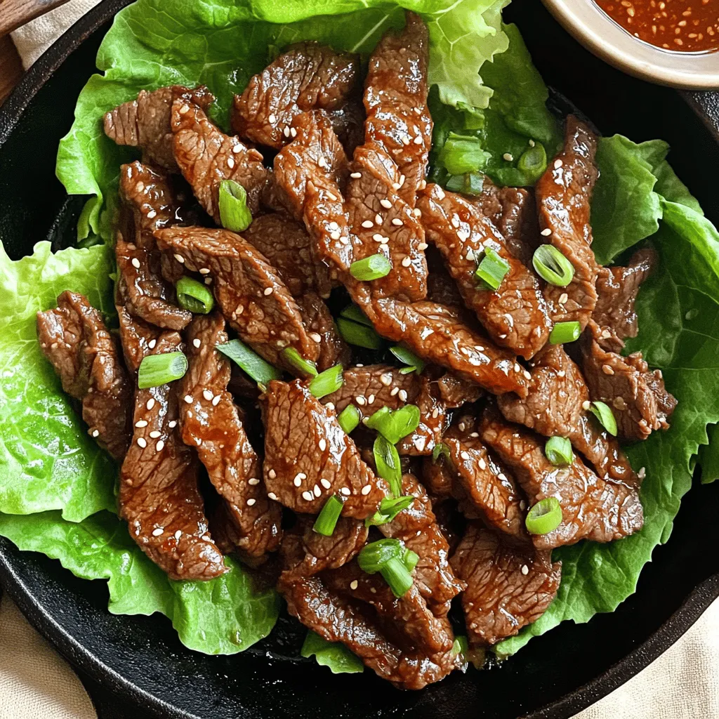 - 1 lb thinly sliced beef sirloin - ¼ cup soy sauce - 2 tablespoons brown sugar - 1 tablespoon sesame oil - 1 tablespoon gochujang - 1 tablespoon minced garlic - 1 tablespoon minced ginger - 1 teaspoon black pepper - 1 tablespoon sesame seeds - 3 green onions, chopped - 1 tablespoon vegetable oil (for cooking) - Lettuce leaves (for serving) In this recipe, I use thinly sliced beef sirloin for a tender bite. The soy sauce adds saltiness, while brown sugar gives a touch of sweetness. Sesame oil brings a nutty flavor, and gochujang gives that spicy kick. Next, I add minced garlic and ginger for depth. Black pepper enhances the taste, while sesame seeds and green onions add crunch and color. Lastly, I use vegetable oil for cooking. I serve the bulgogi wrapped in fresh lettuce leaves. This keeps it fun and fresh! Start by mixing the marinade. In a bowl, combine: - ¼ cup soy sauce - 2 tablespoons brown sugar - 1 tablespoon sesame oil - 1 tablespoon gochujang - 1 tablespoon minced garlic - 1 tablespoon minced ginger - 1 teaspoon black pepper Stir these ingredients until they blend well. This mixture gives your beef great flavor. Next, add the beef. Toss in 1 lb of thinly sliced beef sirloin. Make sure each piece gets coated in the marinade. Cover the bowl with plastic wrap. Let it sit for at least 30 minutes. You can marinate it overnight for even more flavor. Now, it's time to cook. Heat 1 tablespoon of vegetable oil in a large skillet over medium-high heat. Once the oil is hot, lay the marinated beef in a single layer. Sear each side for 2-3 minutes. You want it cooked through and a little caramelized. When it's done, sprinkle sesame seeds and chopped green onions on top. Give it a quick stir before serving. Enjoy your Spicy Korean Beef Bulgogi wrapped in lettuce leaves! To get the perfect heat in your bulgogi, adjust the amount of gochujang. Start with one tablespoon. If you want more spice, add chopped chili peppers. These bring extra flavor and heat to your dish. Always taste as you go. This way, you can find the right balance. High heat is key for great bulgogi. Use a large skillet or grill pan. Heat it well before adding the beef. This helps to caramelize the meat. Sear each side for 2-3 minutes. This gives the beef a nice crust while keeping it juicy inside. Don’t overcrowd the pan. Cook in batches if needed. Serving bulgogi is fun and simple. Use fresh lettuce leaves as wraps. Place a spoonful of bulgogi inside each leaf. Add a side of rice for a complete meal. For extra flavor, serve with a small bowl of gochujang for dipping. Garnish with sesame seeds and green onions for color and crunch. Enjoy! {{image_2}} You can swap the beef for chicken, pork, or tofu. Each option brings a unique taste. - Chicken: Use thinly sliced chicken breast. It cooks quickly and absorbs flavors well. - Pork: Thin pork loin is a great choice. It adds a slightly sweet flavor. - Tofu: For a plant-based option, use firm tofu. Press it to remove excess moisture first. For a vegan twist, replace beef with mushrooms, eggplant, or zucchini. These provide great texture and flavor. - Mushrooms: Shiitake or portobello mushrooms work best. They add umami and depth. - Eggplant: Slice it thinly and marinate just like beef. It soaks up the sauce well. - Zucchini: Use thin strips for a fresh taste. It cooks quickly and adds moisture. You can control the spiciness based on your taste. Start with less gochujang for a milder dish. - Mild: Use just a teaspoon of gochujang. Add more soy sauce for balance. - Medium: Stick to the original recipe for a nice kick. - Extra Spicy: Increase gochujang or add chopped chili peppers. Adjust to your heat level. These variations let you enjoy Spicy Korean Beef Bulgogi in many ways! Store any leftover bulgogi in an airtight container. It stays fresh in the fridge for up to 3 days. This way, you can enjoy it again soon. Just remember to let it cool before sealing. If you want to save some for later, freeze the marinated beef before cooking. Wrap it tightly and keep it in the freezer for up to 2 months. When you're ready, thaw it overnight in the fridge. This keeps the flavors intact and makes for a quick meal. To reheat, use a skillet over medium heat. This keeps the beef juicy. You can also use the microwave, but do it in short intervals. Stir the beef to heat evenly. This way, you will enjoy the taste just like fresh. Bulgogi has deep roots in Korean history. It dates back over 600 years. Bulgogi means "fire meat" in Korean. The dish started as a noble feast food. Today, it is loved by all. People enjoy it at home and in restaurants. The dish represents Korean culture and hospitality. It shows how food can bring people together. Yes, you can! If you don't have gochujang, try using sriracha. Combine it with soy sauce and a bit of sugar. Another option is chili powder mixed with soy sauce. These will give you heat and flavor. You may lose some depth, but it will still taste good. Bulgogi pairs well with many sides. Here are some ideas: - Steamed rice - Kimchi - Pickled vegetables - Sautéed spinach - Cucumber salad - Lettuce leaves for wraps Wrap the beef in lettuce for a tasty bite. Enjoy the meal with friends and family! Bulgogi offers a tasty and easy dish to enjoy. We covered essential ingredients, easy steps, and tips for perfecting your meal. You can also explore variations, from meatless options to spice adjustments. Remember to store your leftovers properly for future enjoyment. Whether you stick to the classic recipe or make it your own, bulgogi brings flavor and fun to your table. Now, get cooking and savor each bite of this Korean delight!