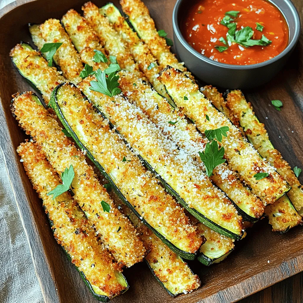 - 2 medium zucchini, cut into fries - 1/2 cup grated Parmesan cheese - 1/2 cup breadcrumbs (panko for extra crunch) - 1 teaspoon garlic powder - 1 teaspoon Italian seasoning - Salt and pepper to taste - 2 tablespoons olive oil - Cooking spray (for the air fryer) To make Air Fryer Parmesan Zucchini Fries, you need fresh, simple ingredients. Start with two medium zucchini. Cut them into fry shapes for even cooking. The Parmesan cheese gives a rich flavor. I like using grated cheese for a smooth coating. Next, grab 1/2 cup of breadcrumbs. I recommend panko for a crunchier texture. It helps the fries get that perfect crispy bite. Add one teaspoon of garlic powder and Italian seasoning for extra flavor. You can also season with salt and pepper to taste. Don’t forget the olive oil! Use about two tablespoons to coat the zucchini. This helps the coating stick and crisp up in the air fryer. Finally, have cooking spray ready. It keeps the fries from sticking to the air fryer basket. These ingredients come together to make a tasty treat. They are simple and fun to prepare. Plus, they will impress anyone you serve! First, preheat your air fryer to 400°F (200°C). This step takes about 5 minutes. Next, prepare the air fryer basket. Spray it lightly with cooking spray. This helps prevent sticking and ensures even cooking. In a mixing bowl, combine the grated Parmesan cheese, breadcrumbs, garlic powder, Italian seasoning, salt, and pepper. Make sure to mix well. This will create a tasty coating for your zucchini fries. Take your zucchini and cut it into fries. In a separate bowl, toss the zucchini fries with olive oil. This helps the coating stick better. Then, take each fry and dip it into the breadcrumb mixture. Press down lightly to make sure it sticks well. Now, arrange the coated fries in the air fryer basket. Make sure they are in a single layer. This allows hot air to circulate around each fry. Cook the zucchini fries for 10-12 minutes. Flip them halfway through for even crispiness. Keep an eye on them. Air fryers can vary in temperature, and you want them golden brown. Once done, remove them from the air fryer and let them cool slightly before serving. To achieve crispy zucchini fries, spacing is key. Make sure each fry has room to breathe. If they are too close, steam builds up, making them soggy. Adjust cooking time based on your air fryer model. Some cook faster than others. Keep an eye on them to avoid burning. Add some fun with spices! Try paprika for a smoky kick or cayenne for heat. You can also use fresh herbs like basil or thyme. They add brightness and depth to your fries. Just sprinkle them on before serving for a fresh twist. Dipping sauces can elevate your fries. Marinara is classic, but garlic aioli is a treat too. For a pop of color, garnish with fresh parsley. Serve them on a platter to impress your guests. They will love the crispy texture and rich flavor! {{image_2}} For those who need a gluten-free option, you can skip the breadcrumbs. Use ground almonds or crushed cornflakes. Both work great and keep the fries crunchy. Look for gluten-free breadcrumbs if you want to keep the classic texture. These options ensure everyone can enjoy the zucchini fries. You can mix different cheeses into the coating. Try mozzarella or cheddar for a fun twist. Adding a pinch of cayenne or smoked paprika gives a nice kick. This adds layers of flavor and makes each bite exciting. Feel free to experiment with spice mixes to match your taste. Zucchini fries are just the start. You can use eggplant for a meaty texture. Sweet potatoes are another great choice for a natural sweetness. Carrots and bell peppers also work well in the air fryer. Each vegetable brings its own taste and can be seasoned to fit your mood. To keep your zucchini fries fresh, place them in an airtight container. Make sure they cool completely before sealing. Store in the fridge for up to three days. When you reheat them, use the air fryer for best results. Set it to 350°F (175°C) and heat for about 5-7 minutes. This helps keep them crispy and delicious. If you want to freeze your leftover zucchini fries, let them cool first. Lay them out on a baking sheet in a single layer. Freeze for about an hour until firm, then transfer to a freezer bag. They can last for up to three months. To reheat from frozen, heat your air fryer to 400°F (200°C). Cook for 10-12 minutes, flipping halfway through, until they are golden and crisp. Enjoy them just like fresh! To make your zucchini fries extra crispy, follow these tips: - Choose the right zucchini: Use medium-sized zucchini. They hold their shape better. - Remove excess moisture: After cutting, sprinkle salt on the fries. Let them sit for 10-15 minutes. Rinse and pat dry with a towel. - Use panko breadcrumbs: Panko gives more crunch than regular breadcrumbs. - Don’t overcrowd the basket: Space out the fries in the air fryer. This helps the hot air circulate. - Spray with oil: A light spray of oil on the fries helps them crisp. Yes, you can. Here are some tasty options: - Mozzarella: For a gooey texture. - Cheddar: Adds a strong flavor. - Asiago: For a sharp taste. - Nutritional yeast: Great for a dairy-free option. Each cheese will change the flavor but still give a nice crust. Cooking times can vary based on your air fryer model. Generally, cook zucchini fries for: - 10-12 minutes at 400°F (200°C). - Flip them halfway through for even cooking. - Keep an eye on them to avoid burning. Air fryers can cook differently, so adjust time if needed. Yes, air fryer zucchini fries are healthier. Here’s why: - Less oil: Air frying uses less oil than deep frying. - Lower calories: You cut down on fat and calories. - More nutrients: The zucchini retains more vitamins when air-fried. Overall, air frying gives you a delicious snack with fewer calories and more nutrients. In this post, we explored how to make delicious air fryer zucchini fries. We detailed the ingredients needed, step-by-step instructions, and tips for the perfect crisp. Remember to adjust cooking times based on your air fryer model. You can add flavors with spices and sauces for variety. Enjoy experimenting with different vegetables or gluten-free options. With these methods, you can create a tasty snack that’s both healthy and satisfying. Give it a try and enjoy your crispy creation!