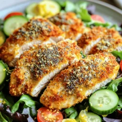 For this tasty chicken dish, gather these main ingredients: - 2 large chicken breasts - 1 cup breadcrumbs (panko works best) - 1/2 cup grated Parmesan cheese - 2 large eggs These ingredients form the base of your meal. The chicken breasts provide protein and the breadcrumbs give a nice crunch. Next, let's add flavor with these seasonings and coatings: - 2 tablespoons everything bagel seasoning - 1 tablespoon garlic powder - 1 tablespoon onion powder - Salt and pepper to taste The everything bagel seasoning gives a great mix of flavors. Garlic and onion powders add depth. Adjust the salt and pepper to your liking. Consider these optional ingredients to enhance your meal: - Mixed greens - Fresh lemon vinaigrette - Sliced cucumbers - Cherry tomatoes These extras not only look great but also add freshness and color. Serve the chicken over greens for a vibrant dish. First, I set my air fryer to 375°F (190°C). I let it preheat for about 5 minutes. Preheating helps to cook the chicken evenly. It also makes the outside crispy while keeping the inside juicy. Next, I take two large chicken breasts and pat them dry with paper towels. Dry chicken helps the coating stick better. I season both sides of each breast with salt and pepper. In a medium bowl, I mix breadcrumbs, everything bagel seasoning, grated Parmesan cheese, garlic powder, onion powder, salt, and pepper. I want to make sure all the dry ingredients are well combined. In another bowl, I whisk two large eggs until they are fully beaten. I dip each chicken breast into the eggs, letting the excess drip off. Then, I coat the chicken in the breadcrumb mixture. I press gently to help the crumbs stick well. I lightly spray the air fryer basket with cooking spray. This step keeps the chicken from sticking. I place the coated chicken breasts in a single layer. It’s important they don’t overlap. I air fry the chicken at 375°F (190°C) for about 15 to 18 minutes. Halfway through, I flip each piece to ensure an even cook. I check the internal temperature; it should be 165°F (74°C) when done. The coating should look golden brown and crispy. When the chicken is ready, I carefully remove it from the air fryer. I let it rest for a few minutes before slicing. This step keeps the juices inside the meat, making each bite tender and tasty. To get that perfect crunch, use panko breadcrumbs. They create a lighter, crispier coating. Make sure to coat the chicken well. Press the breadcrumbs on firmly. This helps them stick during cooking. Lightly spray the chicken with cooking spray before air frying. This adds extra crispiness. Cook the chicken at 375°F (190°C). This temperature is key for even cooking. Start with 15 minutes. Check for doneness by using a meat thermometer. The chicken should reach 165°F (74°C). If it’s not done, add a few more minutes. Flip the chicken halfway for even browning. After cooking, let the chicken rest for a few minutes. This keeps it juicy. If you slice it right away, the juices run out. Use a sharp knife for clean slices. This makes for a nice presentation. Serve over greens for a colorful look. Add a lemon vinaigrette for extra flavor. {{image_2}} You can easily adapt this recipe to fit your needs. For a gluten-free option, use gluten-free breadcrumbs. These will give you a similar crunch without the gluten. If you are vegan, swap the chicken for firm tofu. Press and dry the tofu well before coating. You can also replace the eggs with a flaxseed mixture. Mix one tablespoon of ground flaxseed with two and a half tablespoons of water. Let it sit for five minutes to thicken. Want to amp up the taste? Try adding some herbs to the breadcrumb mix. Fresh or dried dill and parsley work well. You can also include a pinch of paprika for a smoky kick. If you love spice, sprinkle in some cayenne pepper or chili powder. For added umami, mix in a bit of nutritional yeast with the breadcrumbs. These small tweaks can change your meal into something special. For a lovely plate, serve the chicken on a bed of mixed greens. Drizzle fresh lemon vinaigrette over the top. This balances the rich flavors of the chicken. You can add sliced cucumbers and cherry tomatoes for a colorful touch. If you want more carbs, pair it with a bagel or a side of roasted potatoes. These combinations will make your meal feel full and satisfying. After cooking your Air Fryer Everything Bagel Chicken, let it cool. Store it in an airtight container. Keep it in the fridge for up to three days. Always check for signs of spoilage before eating. If you want to keep your chicken longer, freeze it. First, let it cool completely. Wrap each piece tightly in plastic wrap. Then, place them in a freezer bag or container. This will keep them fresh for up to three months. To reheat, use your air fryer for the best results. Preheat it to 350°F (175°C). Place the chicken in the basket and heat for about 5-7 minutes. This keeps the chicken crispy. You can also use a microwave, but it may not be as crispy. Heat in short bursts, checking often. Everything bagel seasoning is a mix of spices. It usually has sesame seeds, poppy seeds, garlic, onion, and salt. This mix gives food a crunchy and savory taste. You can use it on many dishes beyond bagels. I love using it on chicken for a flavorful twist. Yes, you can use chicken thighs. Thighs have more fat, making them juicy and tender. Just keep an eye on the cooking time. They may need a few extra minutes to cook fully. Aim for an internal temperature of 165°F (74°C) for safe eating. Any air fryer works well for this recipe. I recommend models that have a basket style for even cooking. Brands like Philips, Ninja, and Cosori are popular and reliable. Make sure it fits your kitchen and meets your cooking needs. In this post, we covered how to make Everything Bagel Chicken in an air fryer. We explored the key ingredients, seasonings, and optional sides. I shared step-by-step instructions to prep and cook the chicken to perfection. Tips for crispiness and cooking times help you master this dish. We also looked at variations, storage tips, and answered common questions. Enjoy experimenting with this recipe! Your meals can be fun and easy.