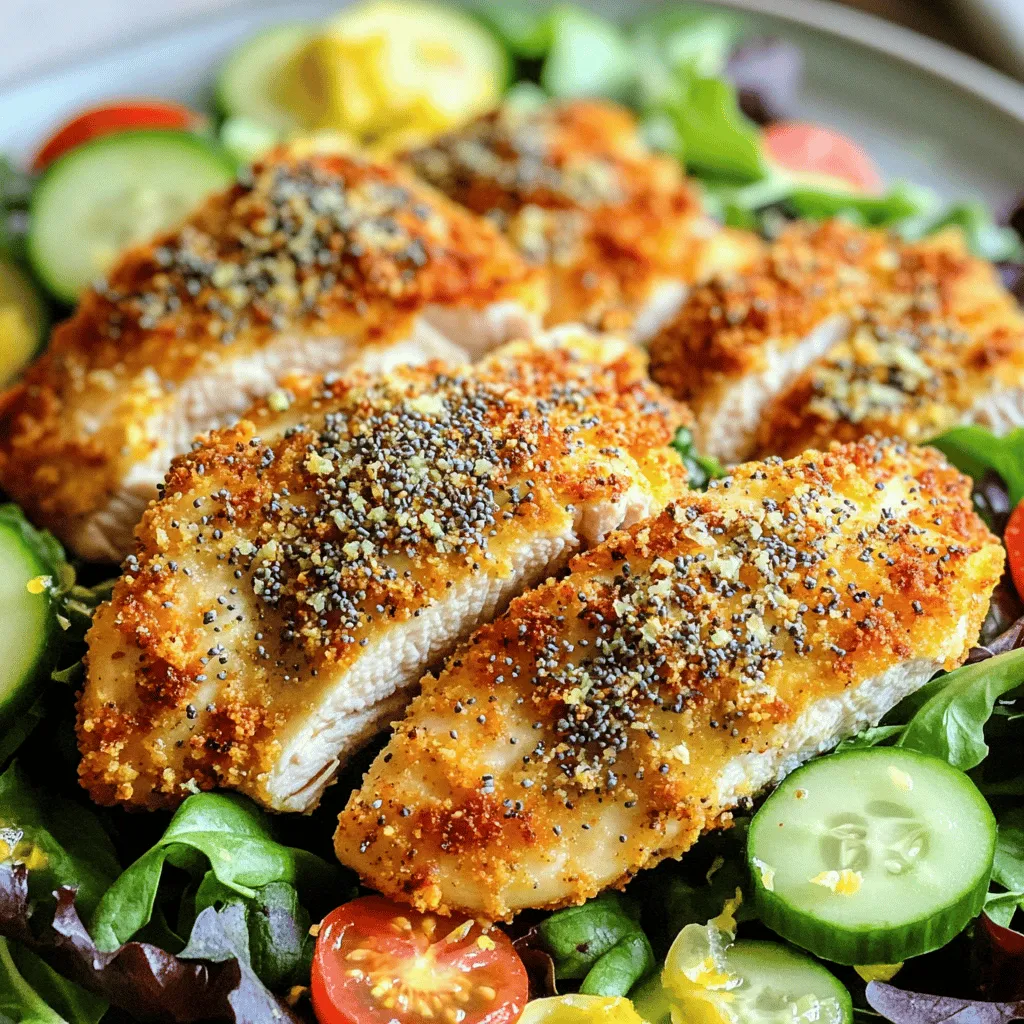 For this tasty chicken dish, gather these main ingredients: - 2 large chicken breasts - 1 cup breadcrumbs (panko works best) - 1/2 cup grated Parmesan cheese - 2 large eggs These ingredients form the base of your meal. The chicken breasts provide protein and the breadcrumbs give a nice crunch. Next, let's add flavor with these seasonings and coatings: - 2 tablespoons everything bagel seasoning - 1 tablespoon garlic powder - 1 tablespoon onion powder - Salt and pepper to taste The everything bagel seasoning gives a great mix of flavors. Garlic and onion powders add depth. Adjust the salt and pepper to your liking. Consider these optional ingredients to enhance your meal: - Mixed greens - Fresh lemon vinaigrette - Sliced cucumbers - Cherry tomatoes These extras not only look great but also add freshness and color. Serve the chicken over greens for a vibrant dish. First, I set my air fryer to 375°F (190°C). I let it preheat for about 5 minutes. Preheating helps to cook the chicken evenly. It also makes the outside crispy while keeping the inside juicy. Next, I take two large chicken breasts and pat them dry with paper towels. Dry chicken helps the coating stick better. I season both sides of each breast with salt and pepper. In a medium bowl, I mix breadcrumbs, everything bagel seasoning, grated Parmesan cheese, garlic powder, onion powder, salt, and pepper. I want to make sure all the dry ingredients are well combined. In another bowl, I whisk two large eggs until they are fully beaten. I dip each chicken breast into the eggs, letting the excess drip off. Then, I coat the chicken in the breadcrumb mixture. I press gently to help the crumbs stick well. I lightly spray the air fryer basket with cooking spray. This step keeps the chicken from sticking. I place the coated chicken breasts in a single layer. It’s important they don’t overlap. I air fry the chicken at 375°F (190°C) for about 15 to 18 minutes. Halfway through, I flip each piece to ensure an even cook. I check the internal temperature; it should be 165°F (74°C) when done. The coating should look golden brown and crispy. When the chicken is ready, I carefully remove it from the air fryer. I let it rest for a few minutes before slicing. This step keeps the juices inside the meat, making each bite tender and tasty. To get that perfect crunch, use panko breadcrumbs. They create a lighter, crispier coating. Make sure to coat the chicken well. Press the breadcrumbs on firmly. This helps them stick during cooking. Lightly spray the chicken with cooking spray before air frying. This adds extra crispiness. Cook the chicken at 375°F (190°C). This temperature is key for even cooking. Start with 15 minutes. Check for doneness by using a meat thermometer. The chicken should reach 165°F (74°C). If it’s not done, add a few more minutes. Flip the chicken halfway for even browning. After cooking, let the chicken rest for a few minutes. This keeps it juicy. If you slice it right away, the juices run out. Use a sharp knife for clean slices. This makes for a nice presentation. Serve over greens for a colorful look. Add a lemon vinaigrette for extra flavor. {{image_2}} You can easily adapt this recipe to fit your needs. For a gluten-free option, use gluten-free breadcrumbs. These will give you a similar crunch without the gluten. If you are vegan, swap the chicken for firm tofu. Press and dry the tofu well before coating. You can also replace the eggs with a flaxseed mixture. Mix one tablespoon of ground flaxseed with two and a half tablespoons of water. Let it sit for five minutes to thicken. Want to amp up the taste? Try adding some herbs to the breadcrumb mix. Fresh or dried dill and parsley work well. You can also include a pinch of paprika for a smoky kick. If you love spice, sprinkle in some cayenne pepper or chili powder. For added umami, mix in a bit of nutritional yeast with the breadcrumbs. These small tweaks can change your meal into something special. For a lovely plate, serve the chicken on a bed of mixed greens. Drizzle fresh lemon vinaigrette over the top. This balances the rich flavors of the chicken. You can add sliced cucumbers and cherry tomatoes for a colorful touch. If you want more carbs, pair it with a bagel or a side of roasted potatoes. These combinations will make your meal feel full and satisfying. After cooking your Air Fryer Everything Bagel Chicken, let it cool. Store it in an airtight container. Keep it in the fridge for up to three days. Always check for signs of spoilage before eating. If you want to keep your chicken longer, freeze it. First, let it cool completely. Wrap each piece tightly in plastic wrap. Then, place them in a freezer bag or container. This will keep them fresh for up to three months. To reheat, use your air fryer for the best results. Preheat it to 350°F (175°C). Place the chicken in the basket and heat for about 5-7 minutes. This keeps the chicken crispy. You can also use a microwave, but it may not be as crispy. Heat in short bursts, checking often. Everything bagel seasoning is a mix of spices. It usually has sesame seeds, poppy seeds, garlic, onion, and salt. This mix gives food a crunchy and savory taste. You can use it on many dishes beyond bagels. I love using it on chicken for a flavorful twist. Yes, you can use chicken thighs. Thighs have more fat, making them juicy and tender. Just keep an eye on the cooking time. They may need a few extra minutes to cook fully. Aim for an internal temperature of 165°F (74°C) for safe eating. Any air fryer works well for this recipe. I recommend models that have a basket style for even cooking. Brands like Philips, Ninja, and Cosori are popular and reliable. Make sure it fits your kitchen and meets your cooking needs. In this post, we covered how to make Everything Bagel Chicken in an air fryer. We explored the key ingredients, seasonings, and optional sides. I shared step-by-step instructions to prep and cook the chicken to perfection. Tips for crispiness and cooking times help you master this dish. We also looked at variations, storage tips, and answered common questions. Enjoy experimenting with this recipe! Your meals can be fun and easy.