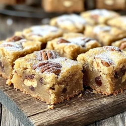 - 1 cup unsalted butter, melted - 1 cup brown sugar, packed - 1/2 cup granulated sugar - 2 large eggs - 2 teaspoons vanilla extract - 2 cups all-purpose flour - 1 teaspoon baking powder - 1/2 teaspoon baking soda - 1/4 teaspoon salt - 1 cup chopped pecans - 1/2 cup chocolate chips (optional) For those needing gluten-free options, you can use a gluten-free flour blend. It works well in this recipe. If you want to substitute brown sugar, you can mix white sugar with molasses. Use one cup of white sugar and add one tablespoon of molasses for a similar taste. Each blondie has about 180 calories. Pecans bring healthy fats, protein, and fiber to these treats. They also add magnesium and vitamin E. This makes your blondies not just sweet, but also a bit nutritious! - Preheat your oven to 350°F (175°C). - Grease a 9x13 inch baking pan or line it with parchment paper. This makes it easy to remove the blondies later. - In a large bowl, whisk together the melted butter, brown sugar, and granulated sugar. Mix until smooth and creamy. - Beat in the eggs one at a time. Then add the vanilla extract. Mix until everything is smooth. - In another bowl, sift together the flour, baking powder, baking soda, and salt. - Gradually add the dry mix to the wet mix. Stir until just combined; do not overmix. - Fold in the chopped pecans and chocolate chips if you’re using them. Make sure they are evenly spread in the batter. - Pour the batter into the prepared pan. Spread it evenly across the pan. - Bake in the preheated oven for 25-30 minutes. Check for doneness with a toothpick. It should come out with a few moist crumbs. - Let the blondies cool in the pan for at least 10 minutes. Then, transfer them to a wire rack to cool completely. To get the right texture, focus on the mix. Blend the wet ingredients fully. The dough should feel thick but not dry. When you add flour, mix just until combined. Overmixing can lead to tough blondies. For even cooking, choose the right pan. A 9x13 inch pan works best. Ensure your oven is preheated to 350°F (175°C). Rotate the pan halfway through baking. This step helps the blondies bake evenly. For a lovely presentation, cut your blondies into squares. Serve them on a rustic wooden board. You can also use a colorful platter. Dust with powdered sugar for a nice touch. Pair your blondies with drinks like coffee or milk. A scoop of vanilla ice cream complements them well. You can even serve them warm for a cozy feel. A big mistake is overmixing the batter. This can make your blondies dense. Remember to mix just until combined. It’s okay if there are some lumps. Always check for doneness before removing them from the oven. Insert a toothpick into the center. If it comes out with a few moist crumbs, they are ready. If it comes out wet, give them more time. {{image_2}} You can change the taste of your blondies easily. Try adding spices like cinnamon or nutmeg. These spices give a warm flavor that makes them special. You can also use different nuts. Almonds or walnuts can be great choices. If you want, try nut alternatives like sunflower seeds. This way, you can enjoy the crunch without nuts. If you're looking for vegan options, swap the eggs with flaxseed meal. Mix one tablespoon of flaxseed with three tablespoons of water. Let it sit for five minutes to thicken. You can also use plant-based butter instead of regular butter. For dairy-free blondies, use dairy-free chocolate chips. If you need gluten-free blondies, swap all-purpose flour for gluten-free flour. Many brands work well and keep the taste delicious. This way, everyone can enjoy them. Serve your blondies in fun ways! You can make a blondie sundae. Just add a scoop of your favorite ice cream on top. Drizzle some chocolate or caramel sauce over it. Another option is to frost your blondies. You can make a simple cream cheese frosting. Spread it on top for extra flavor. Cut them into squares and serve on a lovely plate. Each bite will feel like a treat! To keep your brown sugar pecan blondies fresh, store them in an airtight container. This prevents air from making them dry. Place parchment paper between layers if stacking. This keeps them from sticking together. Use a glass or plastic container with a tight lid. These materials help maintain moisture better than metal. You can freeze blondies for later enjoyment. First, let them cool completely. Then, cut them into squares. Wrap each square in plastic wrap. Place the wrapped pieces in a freezer-safe bag. When you want to eat one, take it out and thaw it. Leave it at room temperature for about an hour. This will help keep the texture soft and chewy. These blondies will stay fresh for about a week at room temperature. If stored properly, they can last up to two weeks in the fridge. Watch for signs of spoilage. If you see mold or if they smell off, it’s best to toss them. Enjoy your sweet treats while they are at their best! Blondies and brownies share some ingredients, but they differ in taste and texture. Blondies use brown sugar, which gives them a rich, caramel flavor. Brownies use cocoa powder or chocolate, creating a deep chocolate taste. Blondies are usually softer and chewier. Brownies tend to be denser and fudgier. This difference comes from the absence of cocoa in blondies. Yes, you can easily modify this recipe. If you have a nut allergy, replace pecans with sunflower seeds. For gluten-free options, use a gluten-free flour blend. If you're lactose intolerant, swap unsalted butter for coconut oil or a dairy-free butter substitute. You can also use flax eggs instead of regular eggs for a vegan option. To cut blondies cleanly, let them cool in the pan for about 10 minutes. Then, lift them out using parchment paper if you used it. Use a sharp knife to cut into squares. For neat cuts, wipe the knife after each slice. This prevents sticking and keeps the edges sharp. In this blog post, we explored how to make delicious blondies. We covered all the ingredients you'll need, including options for gluten-free and sugar substitutes. I provided detailed steps, tips, and variations to enhance your blondies. You learned how to store them and their shelf life for freshness. With these insights, you can bake blondies that everyone will love. Enjoy making them your way!