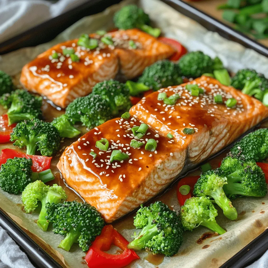 - 4 salmon fillets (6 ounces each) - 2 cups broccoli florets - 1 medium red bell pepper, sliced For this dish, salmon is the star. It’s rich in flavor and healthy fats. Broccoli adds a nice crunch and is packed with nutrients. The red bell pepper brings sweetness and color to the plate. - 1/4 cup low-sodium soy sauce - 2 tablespoons honey - 1 tablespoon rice vinegar The teriyaki sauce makes this dish shine. Soy sauce gives it depth. Honey adds sweetness, while rice vinegar balances the flavors. Together, they create a tasty glaze for the salmon and veggies. - 1 tablespoon olive oil - 1 teaspoon minced garlic - 1 teaspoon fresh ginger, grated - 1 tablespoon sesame seeds - 2 green onions, chopped (for garnish) Olive oil helps the veggies roast nicely. Garlic and ginger add a warm, fragrant touch. Sesame seeds give a nice crunch, and green onions brighten the dish. This mix of flavors makes every bite exciting. First, set your oven to 400°F (200°C). This heat helps cook the salmon and veggies just right. Next, grab a large baking sheet and line it with parchment paper. This step makes cleanup easier and keeps food from sticking. In a small bowl, combine the soy sauce, honey, rice vinegar, minced garlic, and grated ginger. Use a whisk to mix these ingredients well. This sauce is sweet and savory, perfect for your salmon. Now it’s time to arrange the food. Place the salmon fillets on one side of your baking sheet. Season them lightly with salt and pepper. Brush half of your teriyaki sauce over the salmon. For the veggies, take the broccoli florets and sliced red bell pepper. Toss them in a bowl with olive oil, salt, and pepper until they are coated. Spread the veggies on the other side of the baking sheet. Make sure they sit in a single layer. This helps them roast evenly. Place the baking sheet in the oven. Bake for 15-20 minutes. Keep an eye on the salmon; it should flake easily with a fork when done. The veggies should be tender and a bit charred. For a finishing touch, drizzle the remaining teriyaki sauce over the salmon and veggies in the last 5 minutes of baking. Sprinkle sesame seeds on top for added flavor and crunch. To adjust sweetness and saltiness in your teriyaki sauce, start with the basics. Use low-sodium soy sauce to keep it balanced. If it tastes too salty, add more honey. Honey adds a natural sweetness. Mix well until combined. You can taste as you go. This way, you find the right balance for your dish. For even cooking, layer your salmon and veggies wisely. Place salmon fillets on one side of the sheet. Arrange broccoli and bell peppers on the other side. Keep them in a single layer. This allows hot air to circulate. It helps everything cook evenly. Toss the veggies well with olive oil, salt, and pepper before placing them. This will enhance their flavor. For a complete meal, think about sides. Steamed rice or quinoa pairs well with teriyaki salmon. You can also serve a fresh salad on the side. Add some sesame seeds and chopped green onions on top. They add a nice crunch and color. Enjoy your dish with a side of pickled ginger for extra zest! {{image_2}} If you want to switch up the fish, you have great options. Try using cod, trout, or even tilapia. These fish have a mild taste and cook well like salmon. Cod offers a flaky texture, while trout provides a rich flavor. Tilapia is light and absorbs flavors nicely. These options keep your meal fresh and exciting. You can change the veggies to suit your taste. Asparagus, green beans, or bell peppers work well. Asparagus adds a nice crunch, while green beans bring a sweet and earthy taste. You can also use zucchini or snap peas for a different twist. Mixing different colors makes your dish more vibrant and fun. Feel free to get creative with the teriyaki sauce. You might add some pineapple juice for extra sweetness. If you like heat, a bit of sriracha gives it a kick. You can also try adding sesame oil for a nutty flavor. Mixing in some brown sugar can enhance the sweetness even more. These tweaks let you customize your meal to fit your mood. To keep your teriyaki salmon and broccoli fresh, store leftovers in an airtight container. Place the salmon and veggies together or separately, based on your preference. Refrigerate within two hours of cooking. This helps prevent bacteria growth. The dish stays tasty in the fridge for up to three days. When ready to eat, simply reheat in the microwave or oven. To freeze, wrap the salmon and veggies tightly in plastic wrap, then place them in a freezer-safe bag. Remove as much air as possible. This method keeps your dish fresh up to three months. When you want to reheat, thaw overnight in the fridge. Use the oven or microwave to warm it back up. Ensure the salmon reaches an internal temperature of 145°F for safety. In the fridge, teriyaki salmon and broccoli lasts about three days. In the freezer, it maintains quality for about three months. After this, the texture may change, but it remains safe to eat. Always check for signs of spoilage, like off smells or discoloration, before consuming. Cooking teriyaki salmon and broccoli takes about 25 minutes. This includes 10 minutes for prep and 15 minutes for baking. I recommend checking the salmon at the 15-minute mark. When it flakes easily with a fork, it is ready. The broccoli should be tender and slightly charred. Yes, you can make this recipe in advance. You can prep the salmon and veggies a few hours ahead. Store them in the fridge until you are ready to bake. The teriyaki sauce can also be made ahead. Just keep it in a sealed container. It stays fresh in the fridge for up to a week. You can serve this dish with rice or quinoa. Both pair well and soak up the teriyaki sauce. For a lighter option, try a fresh salad with a citrus dressing. You can also add steamed rice noodles for a fun twist. Enjoy your meal with a side of pickled veggies for extra crunch! This blog post covered how to make teriyaki salmon with broccoli. You learned about the key ingredients, including salmon fillets, broccoli, and teriyaki sauce components. I shared easy steps for preparing, baking, and serving this dish. You also found tips for customizing flavors and storing leftovers. Incorporating different veggies or fish can keep this dish fresh. Enjoy cooking and sharing a tasty, healthy meal with ease!