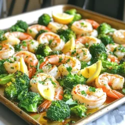 - 1 pound large shrimp, peeled and deveined - 4 cups broccoli florets - 4 tablespoons olive oil - 4 cloves garlic, minced - Zest and juice from 1 large lemon - 1 teaspoon red pepper flakes (optional) - Salt and pepper to taste - Fresh parsley, chopped for garnish You need fresh shrimp for the best taste. I recommend using large shrimp. They hold flavor well and cook quickly. Peel and devein them before cooking. Next, you'll want broccoli florets. Choose bright green, crisp pieces. They add a nice crunch and color. Olive oil is key for a rich flavor. It helps the shrimp and broccoli roast nicely. Now for the seasonings. Garlic adds depth to the dish. Fresh minced garlic gives the best flavor. Zest and juice from a lemon brightens everything up. It adds a fresh and tangy taste. If you like a little heat, add red pepper flakes. It’s optional, but it can enhance the dish. Finally, don’t forget salt and pepper. They balance the flavors. Garnish with fresh parsley for a pop of color and freshness. It makes the dish look inviting. With these ingredients, you're set for a tasty meal that is easy to make. Enjoy the burst of flavors in every bite! - Preheat your oven to 400°F (200°C). - In a large bowl, combine the shrimp, broccoli, olive oil, and minced garlic. Start by preheating the oven. This step helps cook the shrimp and broccoli evenly. While the oven warms up, grab a big bowl. Toss in your shrimp and broccoli. Add the olive oil and minced garlic. Mix gently. This gives everything a nice coat of flavor. - Add lemon zest, juice, and seasonings. - Spread mixture on sheet pan and roast. Next, zest the lemon and squeeze in its juice. This adds a bright flavor. Add salt and pepper to taste. If you want some heat, sprinkle in the red pepper flakes. Mix everything well. Now, spread the shrimp and broccoli on a parchment-lined sheet pan. Make sure they are in a single layer for even cooking. Roast in the oven for 12-15 minutes. The shrimp should turn pink and opaque, while the broccoli stays crisp. - Check doneness and garnish before serving. Once the cooking time is up, check if everything is done. The shrimp should look bright pink, and the broccoli should be tender. Take the pan out of the oven, and let it cool for a minute. Garnish with chopped parsley for a pop of color. Serve it right from the pan or on a platter. Enjoy your dish! Adjusting the seasoning is key to great taste. Start with salt and pepper. Use fresh garlic for the best flavor. Fresh lemon juice and zest brighten the dish too. If you want, add more red pepper flakes for heat. To ensure even cooking, spread shrimp and broccoli in a single layer. This helps them roast nicely. Bake at 400°F for 12-15 minutes. The shrimp should turn pink and opaque when done. The broccoli should be tender yet crisp. Pair this dish with rice or quinoa for a full meal. A light salad also works well. For presentation, serve from the pan or on a platter. Add lemon wedges and parsley for color and flair. {{image_2}} You can switch up the vegetables in this dish. Instead of broccoli, try: - Green beans - Asparagus - Bell peppers - Zucchini These veggies add their own unique flavors and textures. For proteins, shrimp is great, but you can also use: - Chicken breast, cut into pieces - Firm tofu, cubed - Scallops Each protein offers a different taste and feel to the meal. To change the flavor, consider adding herbs or spices. Try: - Fresh thyme - Oregano - Basil These herbs give a fresh twist. You can also use spices like: - Paprika - Cumin For citrus, lemon is classic, but you can substitute with: - Lime juice - Orange zest - Grapefruit juice These variations can brighten up the dish in new ways. If you need gluten-free options, use gluten-free soy sauce or tamari. For dairy-free diets, this recipe is naturally dairy-free, so you're all set! To lower sodium, reduce or skip the salt. You can also use low-sodium soy sauce for extra flavor without the salt. Adjust these options to fit your needs! To keep your shrimp and broccoli fresh, store them in an airtight container. This helps prevent spoilage. Place the leftovers in the fridge within two hours of cooking. They can last up to three days this way. If you want to save them for later, freezing is a great option. To freeze, put the dish in a freezer-safe container. Make sure to label it with the date. Use the leftovers within three months for the best taste. When it's time to eat your leftovers, reheating properly matters. I recommend using the oven for the best results. Preheat it to 350°F (175°C). Spread the shrimp and broccoli on a baking sheet. Heat them for about 10 minutes or until hot. You can also use a skillet on medium heat. Stir gently until warmed through, which takes about five minutes. Avoid the microwave if possible, as it can make the shrimp tough. Yes, you can prepare the shrimp and broccoli mix a few hours ahead. Just keep it in the fridge. When ready, spread it on the sheet pan and roast it. This saves time and keeps the flavors fresh. Lemon garlic shrimp pairs well with many sides. Consider serving it with: - Steamed rice - Quinoa - Garlic bread - A simple green salad These options balance the dish and add variety. Shrimp are done when they turn pink and opaque. They should curl slightly but not be tight. Check them around the 12-minute mark. If they meet these signs, they are ready to serve. Absolutely! This meal stores well in the fridge for up to three days. You can reheat it in the oven or microwave. It makes for a quick lunch or dinner option, keeping your week stress-free. Yes, you can use frozen shrimp. Just make sure to thaw them first. Place them in cold water for about 15-20 minutes. Once thawed, you can follow the recipe as usual. This recipe for lemon garlic shrimp delivers vibrant flavors and easy prep steps. You learned how to choose fresh ingredients, season perfectly, and roast shrimp and broccoli to perfection. Remember to explore variations and adapt it to your taste and diet. Whether you serve it right away or store leftovers, this dish will shine at your table. Enjoy every bite of this simple yet delicious meal, and don’t hesitate to get creative in your kitchen. Your culinary journey starts now!