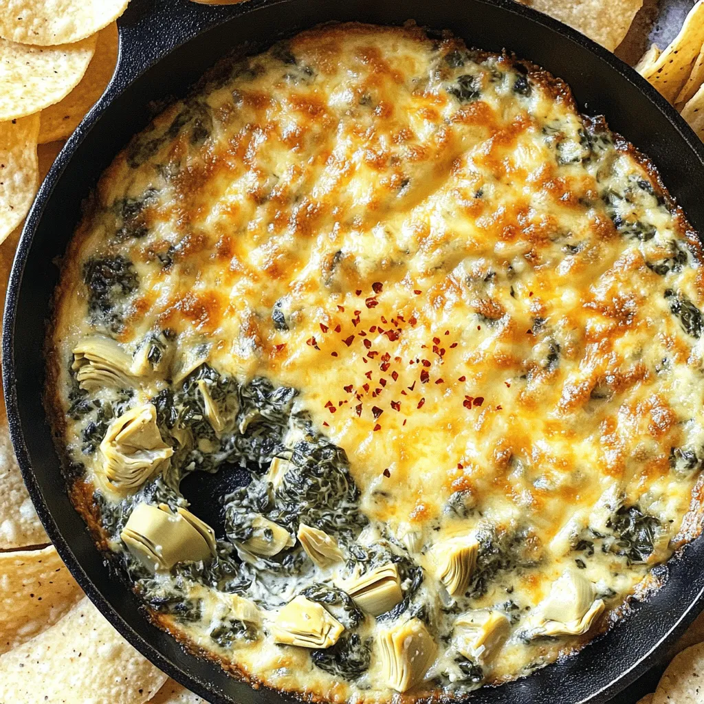 For this dip, you'll need: - 1 cup fresh spinach, chopped - 1 cup canned artichoke hearts, drained and chopped Fresh spinach gives the dip a nice green color and flavor. Artichoke hearts add a unique taste that works great with cheese. You will need several dairy items for creaminess: - 1 cup cream cheese, softened - 1/2 cup sour cream - 1/2 cup mayonnaise - 1 cup shredded mozzarella cheese - 1/2 cup grated Parmesan cheese These dairy products blend well and create a rich texture. The cream cheese and sour cream make it smooth. The mozzarella and Parmesan add a tasty, cheesy finish. To kick it up a notch, you can add: - 2 cloves garlic, minced - 1/2 teaspoon red pepper flakes (optional for heat) - Salt and pepper to taste Garlic brings a nice aroma and flavor. Red pepper flakes give some heat if you like spice. Adjust salt and pepper to your taste for the perfect balance. First, gather your ingredients. You will need fresh spinach, canned artichoke hearts, and several dairy products. Make sure you have garlic, red pepper flakes, salt, and pepper too. This dip is quick to prep, taking about 15 minutes. Start by preheating your oven to 350°F (175°C). In a large skillet, heat your stove to medium. Add minced garlic and sauté for 1-2 minutes until you smell it. Then, add the chopped spinach and artichokes. Cook for 3-4 minutes until the spinach wilts. Remove the skillet from heat. In a mixing bowl, combine softened cream cheese, sour cream, mayonnaise, mozzarella, and Parmesan cheese. Add red pepper flakes, salt, and pepper. Mix until it's smooth. Now, fold the spinach and artichoke mix into this cheese blend. Make sure everything is even. Return the dip to the skillet and spread it out flat. Place the skillet in your preheated oven. Bake for 20-25 minutes until it’s bubbly and golden on top. Keep an eye on it to prevent burning. Once done, take it out and let it cool for a few minutes before serving. Enjoy with sliced baguette or tortilla chips. Garnish with extra spinach or red pepper flakes for color. To make your dip super creamy, use softened cream cheese. Mix it well with sour cream and mayonnaise. This combo adds richness. Blend the cheeses until smooth. You can also add more mozzarella for extra creaminess. Don’t rush the cooking of your spinach. Let it wilt fully before mixing. This helps keep the dip smooth. One mistake is not draining the artichokes well. If they are watery, your dip will be runny. Another error is overcooking the dip in the oven. Keep an eye on it. You want it bubbly and golden, not dry. Also, don’t skimp on salt and pepper. They really boost the flavors. Serve your dip hot from the skillet for a cozy look. Surround it with sliced baguette or crisp tortilla chips. That makes dipping easy and fun. For a pop of color, garnish with chopped spinach. A sprinkle of red pepper flakes adds a nice touch too. Enjoy your delicious dip with friends! {{image_2}} You can switch up the cheese in this dip. Try a mix of cheddar and gouda for a smoky flavor. Or use pepper jack for a spicy kick. Each cheese brings a unique taste. Experimenting with cheese keeps your dip fresh and exciting. Want to make your dip heartier? Add protein like shredded chicken or crab meat. These additions boost flavor and make your dip more filling. Simply fold the cooked protein into the cheese mixture. This small change can turn your dip into a meal. If you prefer a vegan version, swap the cream cheese for a plant-based cream cheese. Use coconut yogurt instead of sour cream. For the cheese, try nutritional yeast for a cheesy taste. These simple swaps keep the dip creamy and delicious without dairy. To keep the skillet spinach artichoke dip fresh, store it in an airtight container. Let the dip cool down to room temperature first. Then, cover it tightly. It will last in the fridge for about 3 to 4 days. If you have a lot left over, you can also portion it out. This way, you can take out just what you need later. When you're ready to enjoy the dip again, reheat it slowly. You can use the microwave or the oven. For the microwave, heat it in 30-second bursts, stirring in between. This helps it heat evenly. If using the oven, preheat it to 350°F (175°C) and bake for about 10-15 minutes. Cover it with foil to keep it moist while warming. You can freeze the dip for longer storage. Place the cooled dip in a freezer-safe container. Make sure to leave some space at the top for expansion. It can stay frozen for up to 2 months. When you’re ready to eat it, thaw it overnight in the fridge. Then, reheat as mentioned above. This way, you still get that creamy, tasty goodness! You can serve this dip with many tasty options. I love using sliced baguette or tortilla chips. They are perfect for scooping up the warm dip. You can also try fresh veggies like carrots and bell peppers. Crackers are another great choice. They add a nice crunch and flavor. This dip pairs well with a chilled drink too. Consider a light white wine or sparkling water to balance the richness. Yes, you can make this dip ahead of time. Prepare the dip and store it in a covered dish. Keep it in the fridge for up to two days. When it's time to bake, just follow the original steps. You may need to add a few extra minutes to the bake time. This way, you save time and enjoy the dip warm and fresh. To spice things up, add more red pepper flakes. Start with one teaspoon and mix it in. If you want more heat, consider adding diced jalapeños. You can also use a spicy cheese blend. Pepper jack cheese adds flavor and warmth. Adjust the spices according to your taste. This way, you can create a dip that suits everyone's palate. You learned about the key ingredients for the perfect dip. We covered fresh items, dairy needs, and optional flavors. The step-by-step process showed the easy way to prepare, cook, and bake. I shared tips for the creaminess you want and noted common mistakes to avoid. We explored tasty variations and how to store leftovers well. Lastly, I answered some common questions to help you. Enjoy making your delicious Skillet Spinach Artichoke Dip!
