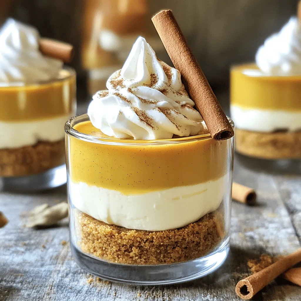 For these delightful no-bake pumpkin cheesecake cups, you will need: - 1 cup graham cracker crumbs - 1/4 cup unsalted butter, melted - 2 (8 oz) packages cream cheese, softened - 1 cup canned pumpkin puree - 3/4 cup powdered sugar - 1 teaspoon vanilla extract - 1 teaspoon ground cinnamon - 1/2 teaspoon ground nutmeg - 1/4 teaspoon ground ginger - 1 cup heavy whipping cream Using quality ingredients makes a big difference. Fresh cream cheese gives a rich, smooth taste. Canned pumpkin puree should be pure, with no added sugars. Ground spices must be fresh to bring out their full flavor. Each component works together to create a creamy, delightful dessert. You can modify this recipe based on your needs. If you want a lighter option, use light cream cheese. For those avoiding dairy, try vegan cream cheese and coconut cream as a substitute for heavy cream. Use gluten-free graham crackers if you want a gluten-free option. Each swap can change the taste, so feel free to experiment! To make the crust, you need graham cracker crumbs and melted butter. In a medium bowl, mix 1 cup of the crumbs with 1/4 cup of the melted butter. Stir until the crumbs are wet. Next, take 6 small dessert cups or jars. Spoon about 2 tablespoons of the mixture into each cup. Press down the crumbs gently to form a nice crust layer. This crust gives your cups a tasty base. Now, let’s make the filling. Start by taking 2 packages of softened cream cheese. Beat them in a large bowl using an electric mixer until smooth. Next, add 1 cup of canned pumpkin puree, 3/4 cup of powdered sugar, and 1 teaspoon each of vanilla extract and ground cinnamon. Also, add 1/2 teaspoon of ground nutmeg and 1/4 teaspoon of ground ginger. Mix until everything is smooth and fluffy. This will give your cheesecake a rich flavor and creamy texture. Once your filling is ready, it’s time to assemble the cups. In a separate bowl, whip 1 cup of heavy cream until it forms stiff peaks. Gently fold this whipped cream into the pumpkin mixture. This step makes your filling light and airy. Spoon the pumpkin cheesecake filling over the crust in each cup. Fill them about three-quarters full. Now, place the cups in the fridge for at least 3 hours to set. When they are ready, you can top them with whipped cream and a sprinkle of cinnamon. Enjoy this simple and delightful treat! To get the best creamy texture, start with softened cream cheese. If it's too cold, it won't mix well. Use an electric mixer to blend the cream cheese until it's smooth. This step is key for a fluffy filling. Also, when adding whipped cream, fold it gently. This keeps the mixture light and airy. Overmixing can make it dense, so be careful. One common mistake is not chilling the cups long enough. If you skip the refrigeration step, the cups won't set properly. It's also easy to under-mix the cream cheese, leading to lumps. Another mistake is packing the crust too tightly. The crust should hold together but still be light and crumbly. Lastly, avoid using too much pumpkin puree. Stick to one cup for the right balance. You will need a few simple tools for this recipe. A medium bowl is perfect for mixing the crust. Use a large mixing bowl for the cheesecake filling. An electric mixer helps achieve a smooth texture. For folding in whipped cream, a rubber spatula works best. Finally, small dessert cups or jars are great for serving your cheesecake cups. A measuring cup and spoons are also essential for accuracy. {{image_2}} You can add pumpkin spice to your cheesecake mix. Simply replace the ground cinnamon with pumpkin spice. This gives a warm, cozy flavor. It makes each bite feel like fall. You can also top these cups with a sprinkle of pumpkin spice for extra flair. For a tasty twist, mix in some cocoa powder. Add about 1/4 cup of unsweetened cocoa to the cream cheese mix. This makes a rich chocolate flavor that pairs so well with pumpkin. You can even layer chocolate ganache on top for a sweet treat. To make a vegan version, swap out the cream cheese for vegan cream cheese. Use coconut cream instead of heavy whipping cream. You can also use maple syrup instead of powdered sugar for sweetness. This way, you can enjoy the same great taste without dairy. Keep your No-Bake Pumpkin Cheesecake Cups in the fridge. They taste best when cold. Use a tight lid or plastic wrap to cover the cups. This helps avoid any fridge smells. Properly stored, they stay fresh for about 3 to 5 days. You can freeze these cups if you want to save some for later. Freeze them without toppings first. Place them in a freezer-safe container. They can last up to 3 months in the freezer. When ready to eat, thaw them overnight in the fridge. If you have any leftovers, store them in the fridge. Use small containers for easy access. Avoid leaving them out at room temperature. This keeps your cheesecake safe and tasty. Always check for any signs of spoilage before eating. No-Bake Pumpkin Cheesecake Cups can last up to five days in the fridge. Store them in an airtight container to keep them fresh. Always check for any changes in smell or texture before serving. Yes, you can make these cups a day or two ahead of time. This helps the flavors meld together. Just keep them in the fridge until you are ready to serve. If you need a substitute for heavy cream, try using coconut cream. You can also use whipped topping or full-fat Greek yogurt for a lighter option. Just know that these may change the flavor slightly. Serve these cups chilled for the best taste. Top with whipped cream and a sprinkle of cinnamon for a nice touch. For fun, add a cinnamon stick or some crushed graham crackers on top. In this post, we explored how to make delicious No-Bake Pumpkin Cheesecake Cups. We discussed key ingredients, the importance of quality, and substitutions. The step-by-step guide covered crust preparation, filling, and assembly. I shared tips to achieve a creamy texture and avoid mistakes. We also looked at fun variations and best storage methods. Now you can create your tasty dessert with ease. Enjoy every bite and share this treat!