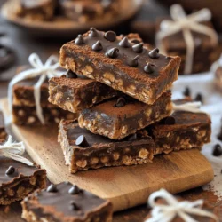 To make these no-bake choco peanut butter oat bars, you need a few key items. Here’s what you will need: - 1 cup rolled oats - 1/2 cup creamy peanut butter - 1/4 cup honey (or maple syrup for a vegan option) - 1/2 cup dark chocolate chips - 1/4 cup unsweetened cocoa powder - 1/4 cup chopped nuts (like almonds or walnuts) - 1/4 teaspoon salt - 1/2 teaspoon vanilla extract These ingredients come together to create a rich and tasty treat. Each one plays a role in flavor and texture. The oats form the base, while peanut butter adds creaminess. Honey or maple syrup brings sweetness, and chocolate chips give a delightful bite. You can easily change the recipe with a few optional ingredients. Here are some ideas: - Add a scoop of protein powder for extra nutrition. - Use coconut flakes for a tropical twist. - Sprinkle in some chia seeds or flaxseeds for added fiber. - Swap out the nuts for seeds if you prefer. These additions let you personalize your bars to your tastes. Feel free to mix and match for fun flavors. If you have dietary needs, there are simple swaps you can make. Here are some suggestions: - Use almond or cashew butter instead of peanut butter for nut allergies. - Replace honey with agave syrup for a vegan option. - Omit cocoa powder for a lighter version. - Use gluten-free oats if you need a gluten-free treat. These substitutions help everyone enjoy this delicious snack. You can adapt the recipe to fit your lifestyle without losing flavor. First, gather your dry ingredients. In a bowl, mix together: - 1 cup rolled oats - 1/4 cup unsweetened cocoa powder - 1/4 cup chopped nuts (like almonds or walnuts) - 1/4 teaspoon salt Stir these well until they blend. This step makes sure each bite is tasty. Next, you’ll mix the wet ingredients. In another bowl, warm: - 1/2 cup creamy peanut butter - 1/4 cup honey (or maple syrup) Heat them in the microwave for 20 to 30 seconds. Stir until smooth. Add in: - 1/2 teaspoon vanilla extract Mix well. This will give your bars a sweet flavor. Now, pour the peanut butter mixture into the dry ingredients. Stir until everything combines. The mix should feel thick and sticky. Next, fold in: - 1/2 cup dark chocolate chips If you want, save some chips to top the bars later. Prepare an 8x8-inch baking dish by lining it with parchment paper. Leave some paper hanging over the edges. This helps with easy removal later. Transfer the mixture to the dish. Press it down firmly with a spatula or your hands to create an even layer. If you saved chocolate chips, sprinkle them on top now. Press them down lightly. Refrigerate the bars for at least 2 hours. This helps them set. Once firm, lift the bars out using the parchment paper. Slice them into squares or rectangles. Enjoy your no-bake choco peanut butter oat bars! To get the right texture, use rolled oats. They give the bars a nice chew. Also, make sure to press the mixture firmly in the pan. This makes the bars hold together better. If they are too crumbly, the mix might need more peanut butter or honey. A thicker mix binds well. Feel free to mix in different nuts. Almonds or walnuts add a nice crunch. You can also add a pinch of cinnamon for warmth. If you like a little kick, try a dash of sea salt on top. It balances the sweetness perfectly. Don’t forget to keep some chocolate chips for later. They make a sweet topping. Store your bars in an airtight container. This keeps them fresh for up to a week. If you want them to last longer, wrap them in plastic. You can also freeze them for up to three months. Just make sure to thaw them in the fridge before eating. That way, they stay tasty and firm. {{image_2}} You can easily make these bars vegan. Swap honey for maple syrup. Use a creamy vegan peanut butter. This keeps the rich taste but makes it plant-based. You can also add a touch of coconut oil for extra creaminess. Boost your bars with some seeds or dried fruits. Chia seeds or flaxseeds add fiber and omega-3s. You can also mix in dried cranberries or chopped dates for sweetness. These additions make the bars more nutritious and fun! Want to change the flavor? Try adding different extracts. Almond or coconut extract can give a new twist. Just a little goes a long way! You can also add a pinch of cinnamon for warmth. Playing with flavors keeps it exciting and fresh. To keep your no-bake choco peanut butter oat bars fresh, store them in an airtight container. This keeps moisture out and keeps the bars from drying out. If you used parchment paper, place a layer between the bars. This helps prevent sticking. Make sure to keep them in the fridge for the best taste and texture. These bars can last up to one week in the fridge. The flavors blend nicely over time. However, if you notice any changes in smell or texture, it's best to toss them. Remember, freshness matters for taste and safety. If you want to enjoy your bars longer, consider freezing them. Cut the bars into squares, then wrap each piece tightly in plastic wrap. Place them in a freezer-safe bag or container. They can last up to three months in the freezer. To enjoy, simply take a bar out and let it thaw in the fridge overnight or on the counter for a few hours. Yes, you can use crunchy peanut butter. It adds texture and flavor. Just swap the creamy for the crunchy in equal amounts. The bars will still hold together well, and you’ll enjoy those delightful nutty bits. No-bake bars last about one week in the fridge. Store them in an airtight container to keep them fresh. If you notice them getting dry, just wrap them tightly to lock in moisture. Yes, you can skip the cocoa powder. The bars will still taste great with just peanut butter and oats. You might want to add a bit more honey or maple syrup for sweetness if you omit cocoa. You can add a variety of ingredients for extra nutrition. Consider these options: - Chia seeds - Flaxseeds - Dried fruits like cranberries or raisins - Protein powder - Coconut flakes These additions boost health benefits without changing the great taste. In this article, we covered key ingredients for no-bake bars, including essential and optional items. I provided step-by-step instructions for making them, along with useful tips for texture and flavor. You also learned about variations for vegan options and added nutrition. Remember to store your bars properly to keep them fresh. Explore different flavors and enjoy your creations! You can customize these bars to fit your taste and needs. Now, it's time to start making your own delicious no-bake bars!