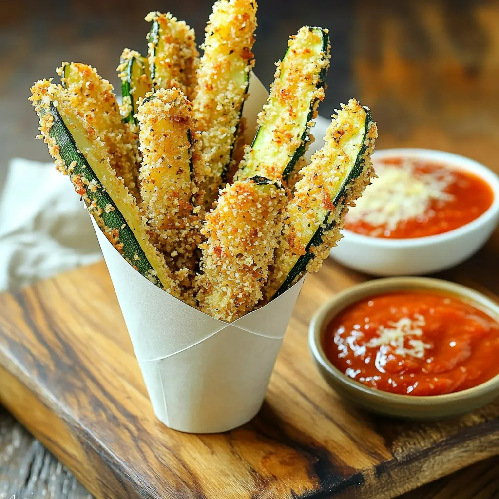 - 2 medium zucchinis - 1 cup breadcrumbs (preferably whole wheat) - 1/2 cup grated Parmesan cheese - 1 tsp garlic powder - 1 tsp onion powder - 1/2 tsp smoked paprika - Salt and pepper to taste - 2 large eggs - Olive oil spray For these Air Fryer Zucchini Parmesan Fries, you need fresh zucchinis. Look for firm ones, bright in color. The breadcrumbs give the fries a nice crunch. Whole wheat breadcrumbs add a healthy twist. Grated Parmesan cheese adds a rich flavor. You’ll need garlic powder and onion powder for taste. Smoked paprika adds a touch of warmth. Adjust salt and pepper to your liking. Eggs bind the coating to the zucchini. Finally, olive oil spray helps them crisp up perfectly in the air fryer. Gather all these ingredients, and you’re ready to make a delicious snack! 1. Preheat your air fryer to 400°F (200°C). This step is key for crispiness. 2. Cut the zucchinis into fries, about 1/4 inch thick. This size helps them cook evenly. 3. Soak the cut zucchinis in salted water for 10 minutes. This draws out excess moisture, making them crispier. 1. In a shallow dish, mix 1 cup breadcrumbs with 1/2 cup grated Parmesan cheese, 1 tsp garlic powder, 1 tsp onion powder, 1/2 tsp smoked paprika, and a pinch of salt and pepper. 2. In another bowl, whisk 2 large eggs until frothy. This will help the coating stick. 3. Drain the zucchini fries and pat them dry with paper towels. This step is important for getting rid of extra water. 4. Dip each fry into the egg mix. Let excess egg drip off, then coat it with the breadcrumb mix. Press gently to help the coating stick. 1. Place the breaded fries in the air fryer basket. Lay them in a single layer to ensure even cooking. 2. Lightly spray the fries with olive oil spray. This helps them get golden and crispy. 3. Air fry the zucchini fries for 10-12 minutes. Shake the basket halfway through for even cooking. 4. Once golden and crispy, remove the fries and let them cool slightly before serving. Soaking the zucchini is key. It removes extra moisture. This step helps the fries get crispy. After soaking, dry them well with paper towels. If you skip this, your fries may turn out soggy. Using olive oil spray is also important. Spray lightly on the breaded zucchini before cooking. It helps them brown and crisp up nicely in the air fryer. This little step makes a big difference! To boost flavor, consider adding more spices. You can try paprika or cayenne for heat. Italian herbs like oregano or basil also work great. Don't be afraid to experiment! Pair your fries with tasty dips. Marinara sauce is classic and delicious. You can also try ranch or a spicy aioli. These dips add a fun twist to your snack. For a healthier option, use whole wheat breadcrumbs. They add more fiber without losing taste. This small swap makes your fries better for you. You can also reduce oil by spraying lightly. Instead of soaking them in oil, just spray enough to coat. This keeps your fries crispy while cutting calories. Enjoy your fries guilt-free! {{image_2}} Adding different spices can enhance your zucchini fries. Try a pinch of cayenne for heat or some Italian seasoning for a herbal twist. You can also use a dash of lemon zest for a bright flavor. Incorporating herbs like fresh basil or parsley adds a nice touch. Chop them finely and mix them into your breadcrumb mixture. This method gives the fries a fresh taste and vibrant color. You can switch up the coating for your fries. Using crushed nuts, like almonds or walnuts, gives a crunchy texture and nutty flavor. For a seed option, try crushed pumpkin or sunflower seeds. These add a unique twist. If you need gluten-free options, use gluten-free breadcrumbs or finely ground oats. This makes the fries suitable for those with dietary restrictions. Pairing your zucchini fries with different dips can enhance your meal. Marinara sauce works well, but consider ranch or tzatziki for a creamy touch. You can also serve them with a spicy aioli for extra flavor. For presentation, serve the fries in a cone-shaped paper holder or on a rustic wooden board. Sprinkle extra Parmesan on top for a beautiful finish. This makes for a fun and tasty dish everyone will love! To keep your air fryer zucchini Parmesan fries fresh, store them in an airtight container. Let the fries cool completely before sealing them. This helps prevent moisture buildup. They will last in the fridge for about 3-4 days. If you want to enjoy them later, make sure to reheat them properly for the best taste. You can freeze these fries for longer storage. First, let them cool completely. Then, place them in a single layer on a baking sheet. Freeze them for about 1-2 hours until firm. Once frozen, transfer the fries to a freezer-safe bag. This way, they won’t stick together. They can last in the freezer for up to 2 months. To reheat, you can air fry them straight from the freezer. Set your air fryer to 400°F (200°C) and cook for about 12-15 minutes. Check often to make sure they don’t burn. Enjoy your tasty fries! Yes, you can use other veggies! Carrots, sweet potatoes, and eggplant work well. Cut them into fry shapes, just like the zucchini. The cooking time may differ, so check them for crispiness. You can also try cauliflower for a low-carb option. To keep your fries crispy, follow these tips: - Soak the zucchini in salted water. This helps remove moisture. - Pat the fries dry with paper towels after soaking. - Don't overcrowd the air fryer basket. Fry in batches if needed. - Lightly spray with olive oil before cooking. This adds crispness. Yes, you can prepare them in advance! Bread the zucchini fries and store them in the fridge for up to 24 hours. When ready to cook, just pop them in the air fryer. If you want to freeze them, place the breaded fries on a tray and freeze until solid. Then, transfer them to a bag. You can cook them straight from frozen; just add a few extra minutes to the cooking time. We covered how to make zucchini fries in this blog post. You learned about the key ingredients, steps for preparation, and cooking tips. We also shared ideas to make them crispier and more flavorful. Try fun variations and serving suggestions to keep it exciting. Lastly, we discussed storage and reheating methods to enjoy them later. Use these tips to make zucchini fries a staple in your kitchen. Enjoy a tasty and healthy snack that you can easily customize!