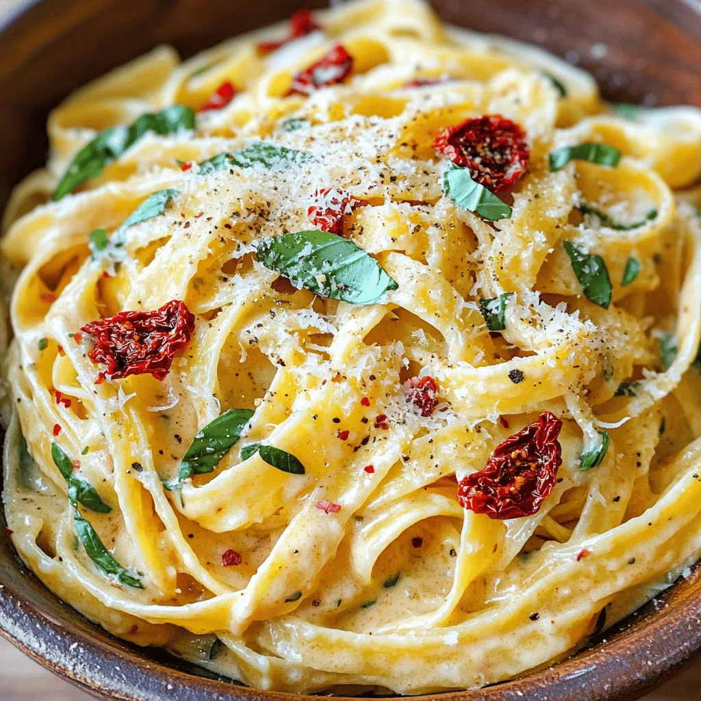 - 12 oz pasta (fettuccine or penne) - 1 cup sun-dried tomatoes, chopped - 1 cup heavy cream - 1/2 cup grated Parmesan cheese - 3 cloves garlic, minced - 1/2 cup basil leaves, chopped - 2 tablespoons olive oil - Salt and pepper to taste - Optional: Crushed red pepper flakes - Large pot - Skillet - Measuring cups and spoons - Wooden spoon - Serving plates Gather your ingredients first. The pasta is the star of this dish. I recommend using fettuccine or penne. Both hold the creamy sauce well. Sun-dried tomatoes add a rich, tangy flavor. You can chop them easily with a knife or kitchen scissors. Next, heavy cream makes the sauce rich and smooth. Grated Parmesan cheese adds saltiness and depth. Fresh garlic gives a nice kick, while basil provides a bright touch. Olive oil is essential for sautéing. Don’t forget salt and pepper for seasoning. If you want some heat, add crushed red pepper flakes. For tools, you need a large pot to cook the pasta. A skillet is best for making the sauce. Measuring cups and spoons help you get the right amounts. A wooden spoon is perfect for stirring. Finally, have serving plates ready for a beautiful presentation. Start by boiling a large pot of salted water. Use about 4 quarts of water for 12 oz of pasta. Once the water boils, add the pasta. Cook it according to the package instructions until it is al dente, usually around 8 to 10 minutes. Remember to reserve 1 cup of pasta water before draining the pasta. This water is starchy and will help your sauce stick later. In a large skillet, heat 2 tablespoons of olive oil over medium heat. Add 3 minced garlic cloves and cook them for about 1 minute. You want the garlic to smell great but not brown. Next, stir in 1 cup of chopped sun-dried tomatoes. Sauté them for about 2 minutes until they soften and mix well with the garlic. Now it's time to create the creamy base. Pour in 1 cup of heavy cream and bring it to a gentle simmer. Turn the heat down and slowly mix in 1/2 cup of grated Parmesan cheese. Stir until the cheese melts and blends smoothly into the cream. Then, add the drained pasta to the skillet. Toss everything together, and if it looks thick, add a splash of reserved pasta water. Finally, fold in 1/2 cup of chopped fresh basil. Season with salt, pepper, and optional crushed red pepper flakes for heat. To make your dish pop, use high-quality sun-dried tomatoes. They add rich flavor and texture. Look for tomatoes packed in oil or dry ones that you can soak. If you like heat, add crushed red pepper flakes. Start with a pinch and taste as you go. You can always add more if you want extra spice. To avoid curdling in the cream, keep the heat low after you add it. Stir gently as you mix in the Parmesan cheese. If your sauce feels too thick, use the pasta water you saved. Just add a little at a time until it reaches your desired creaminess. This way, your sauce will be silky and smooth. Garnish your pasta with more Parmesan and fresh basil leaves. This adds color and makes the dish look restaurant-worthy. For a complete meal, serve it with a crisp side salad or some garlic bread. These sides complement the pasta and make your meal more satisfying. {{image_2}} You can make your creamy sun-dried tomato basil pasta even more filling by adding protein. Here are two tasty options: - Chicken or Shrimp: Cooked chicken or shrimp pairs well with the creamy sauce. Simply sauté them in the skillet first, then mix them with the pasta later. - Sausage or Bacon: Adding cooked sausage or bacon gives the dish a nice, smoky flavor. Just chop them up and toss them in with the sun-dried tomatoes. If you want to make a vegan version, it’s easy to swap out a few ingredients. Here are some ideas: - Coconut Milk: Instead of heavy cream, use coconut milk. It keeps the creaminess but adds a tropical flavor. - Vegan Cheese: Try using vegan cheese options for that cheesy taste without the dairy. Look for brands that melt well! You can boost the nutrition of your dish by adding more veggies. Here are some great choices: - Spinach, Mushrooms, or Bell Peppers: These veggies add color and taste. Toss them in when you sauté the sun-dried tomatoes. - Herbs: Season with herbs like oregano or thyme. They enhance the flavor and make the dish even more aromatic. To store your creamy sun-dried tomato basil pasta, place it in an airtight container. This keeps it fresh longer. Make sure to cool it down before sealing. The pasta will stay fresh for about 3 to 5 days in the fridge. If you want to enjoy it later, freeze it. You can reheat pasta in several ways. Use the microwave for quick heating. Stir it halfway through to heat evenly. You can also use a skillet. Heat it over low heat, adding a splash of cream or pasta water. This helps bring back its creaminess. Stir gently until warmed through. To freeze your pasta, let it cool completely. Place it in a freezer-safe container. It will keep well for up to 2 months. When ready to eat, move it to the fridge overnight. To reheat, use the microwave or a skillet. Add a bit of cream or water to restore its creamy texture. You can use fettuccine or penne for this dish. Both types hold the sauce well. Fettuccine gives a nice, creamy bite, while penne adds a fun shape. Choose what you like best! Yes, fresh basil is great! Use about twice as much fresh basil as dried. Fresh basil brings a bright flavor and lovely color. Just chop it up and stir it in at the end. You can use half-and-half or whole milk as a lighter option. For a dairy-free choice, use coconut milk or cashew cream. These options may change the flavor a bit, but they will still be tasty. To make this pasta gluten-free, use gluten-free pasta. Many brands offer great options that cook well. Just follow the package instructions for the best results. This pasta pairs well with a simple side salad or garlic bread. You can also serve it with grilled chicken or shrimp for extra protein. These sides balance the creaminess and make a full meal. You learned how to make Creamy Sun-Dried Tomato Basil Pasta. We covered the key ingredients and tools needed for success. The step-by-step guide will help you cook with ease. Remember to play with flavors and add proteins or veggies to make it your own. Storing leftovers is easy, and reheating tips will keep your dish tasty. Enjoy every bite when you serve this meal to family or friends! Your kitchen adventures can bring joy and comfort. Dive into this recipe and share your delicious creations!