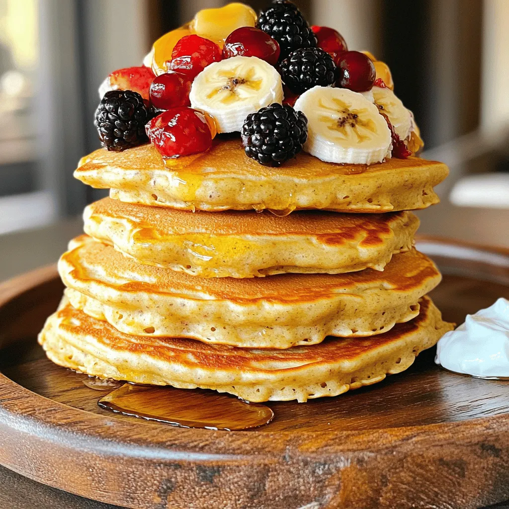 To make Cottage Cheese Protein Pancakes, you need the following items: - 1 cup cottage cheese (low-fat or fat-free) - 1 cup rolled oats - 2 large eggs - 1 tablespoon honey or maple syrup (optional for sweetness) - 1 teaspoon vanilla extract - 1/2 teaspoon baking powder - A pinch of salt - 1/2 teaspoon ground cinnamon (optional) - Coconut oil or cooking spray for frying - Fresh fruits (like berries or bananas) for serving - Greek yogurt or nut butter for topping (optional) Using cottage cheese adds protein to your meal. It makes the pancakes fluffy and tasty. The rolled oats provide fiber, making these pancakes filling. Eggs help bind the ingredients and add healthy fats. You can sweeten with honey or maple syrup, or skip it if you prefer. Vanilla extract adds a nice flavor, while baking powder helps the pancakes rise. A pinch of salt enhances all the flavors. If you want, add cinnamon for warmth and spice. For cooking, you can use coconut oil or cooking spray. This keeps the pancakes from sticking. When serving, top them with fresh fruits, Greek yogurt, or nut butter for extra nutrition and flavor. These simple ingredients come together to create a healthy and delicious breakfast. Enjoy! First, gather all your ingredients. You will need cottage cheese, rolled oats, eggs, and more. Place these in a blender. Blend until smooth. If the batter is thick, add a splash of water or milk. This helps reach the right consistency. Next, heat a non-stick skillet or griddle over medium heat. Lightly grease it with coconut oil or cooking spray. Pour about 1/4 cup of batter for each pancake. Cook until bubbles form on the top, about 2-3 minutes. To flip, gently slide a spatula under the pancake. Cook the other side for another 2-3 minutes. It should be golden brown. Serve your pancakes warm. Top them with fresh fruits like berries or bananas. A dollop of Greek yogurt or nut butter also tastes great! To make smooth batter, blend the cottage cheese well. This helps break down lumps. After blending, check the thickness. If it’s too thick, add a splash of water or milk. This will help you get a nice pourable batter. Cook the pancakes on medium heat. Too high a heat will burn the outside but leave the inside raw. You can customize the sweetness easily. Use honey or maple syrup for a touch of sweetness. If you want a natural option, mashed bananas work great. Add these to the batter for extra flavor. For toppings, fresh fruits like berries or bananas enhance taste and nutrition. Greek yogurt or nut butter also adds creaminess and richness. Stack your pancakes high for a great look. Use fresh fruits to garnish the top. Drizzling honey or maple syrup adds a nice touch. For a photogenic presentation, arrange everything neatly on the plate. Make sure your garnishes are colorful and fresh. This will make your pancakes stand out and look appetizing! {{image_2}} You can change the flavor of your cottage cheese protein pancakes easily. One way is to add fruits or nuts into the batter. For example, try mashed bananas or blueberries. Chopped nuts like walnuts or almonds also add a nice crunch. These additions make the pancakes more fun and tasty. Using different spices is another great option. You can sprinkle in cinnamon, nutmeg, or even pumpkin spice. These spices give your pancakes a warm, cozy flavor. Experiment with what you like best! If you need a gluten-free option, simply swap the rolled oats with gluten-free oats. Check the labels to be sure. This way, you can enjoy these pancakes without worry. For vegetarian and lactose-free diets, you can use dairy-free cottage cheese. There are many brands that offer tasty alternatives. You can also use plant-based milk in the batter. This makes the pancakes suitable for a wider range of diets. Think about when you want to serve these pancakes. They work great for breakfast or a fun brunch. If you want to make it special, try stacking the pancakes higher on the plate. Toppings can change the game, too. Add fresh fruits like strawberries, or drizzle with honey or maple syrup. You can even top with Greek yogurt or nut butter for extra flavor and protein. Make it your own for any occasion! After you enjoy your cottage cheese protein pancakes, store any leftovers in the fridge. Place them in an airtight container. They will stay fresh for about three days. To reheat, use a microwave for about 30 seconds per pancake. You can also use a skillet over low heat. This keeps the texture soft and fluffy. If you want to save pancakes for later, freezing is a great option. Stack the pancakes with a piece of parchment paper between each one. Wrap them tightly in plastic wrap and place them in a freezer-safe bag. They can last up to two months in the freezer. To thaw, move them to the fridge overnight. For reheating, use a microwave or a skillet until warm. For the best storage, use glass or plastic containers with tight lids. Make sure they are clean and dry. To prevent sogginess, place a paper towel in the container. This helps absorb extra moisture. Always label your containers with the date. This way, you know when they were made and can enjoy them at their best. Yes, you can make these pancakes without eggs. Some great substitutes are: - Flaxseed meal: Mix 1 tablespoon of flaxseed meal with 2.5 tablespoons of water. Let it sit for 5 minutes. - Chia seeds: Use 1 tablespoon of chia seeds mixed with 2.5 tablespoons of water. Let it sit for 5 minutes. - Applesauce: Replace each egg with 1/4 cup of unsweetened applesauce. These substitutes will keep your pancakes moist and tasty. If you want to replace cottage cheese, try these options: - Ricotta cheese: This is creamy and has a similar texture. - Greek yogurt: It adds protein and a nice tang. - Silken tofu: Blend it for a smooth texture. Each choice changes the flavor and nutrition slightly, but they all work well. To make your pancakes fluffier, follow these tips: - Blend well: A good blend creates air in the batter. - Use baking powder: Ensure it’s fresh for best results. - Don’t overmix: Mix until just combined to keep some bubbles. - Let the batter sit: Allow it to rest for 5-10 minutes before cooking. These steps will give you light and airy pancakes every time! To sum up, this blog covers the tasty journey of making high-protein pancakes. You learned about the essential ingredients, how to prepare the batter, and tips for cooking and serving. We explored variations for flavors and dietary needs, plus how to store leftovers. Remember, pancakes can be fun and creative! Enjoy experimenting with different toppings and flavors. These pancakes offer health and taste, perfect for any meal. Get cooking and enjoy your delicious creations!