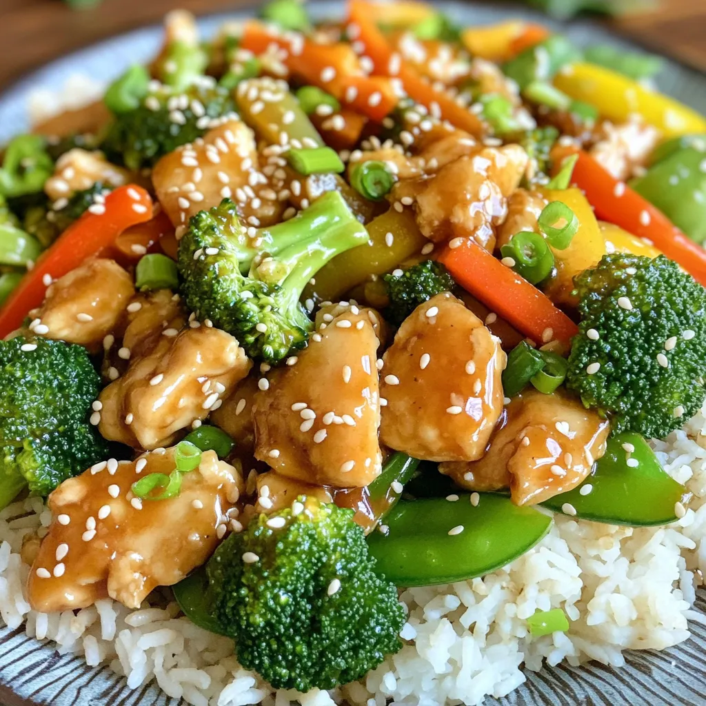 - 1 lb boneless, skinless chicken breasts, cut into bite-sized pieces - 1 cup broccoli florets - 1 bell pepper, sliced - 1 carrot, julienned - 1 cup snap peas, trimmed - 3 cloves garlic, minced - 1 inch ginger, grated - 1/4 cup honey - 1/4 cup soy sauce - 2 tablespoons rice vinegar - 1 tablespoon cornstarch mixed with 2 tablespoons water The chicken is the main attraction in this dish. I use boneless, skinless chicken breasts. They cook quickly and stay tender. You can cut them into bite-sized pieces for easy eating. The veggies add color and crunch. I love using broccoli, bell peppers, carrots, and snap peas. They give a nice mix of tastes and textures. The sauce brings everything together. Honey adds sweetness, while soy sauce gives that salty umami flavor. Rice vinegar gives a nice tang that brightens the dish. The cornstarch helps the sauce cling to the chicken and veggies. - 1 tablespoon sesame oil - Salt and pepper to taste - 2 tablespoons toasted sesame seeds - Green onions, chopped for garnish Sesame oil adds a rich, nutty flavor. I always use it to stir-fry the chicken. A pinch of salt and pepper enhances the taste without overpowering it. After cooking, I sprinkle toasted sesame seeds on top. They add a lovely crunch and extra flavor. Chopped green onions make a fresh, colorful garnish. They look great and taste even better. You can also add more at the end for a nice finish. This dish is all about balance. Each ingredient plays a key role in making it delicious. 1. Heating the skillet First, grab a large skillet or wok. Heat one tablespoon of sesame oil over medium-high heat. Make sure the oil is hot but not smoking. 2. Cooking the chicken Next, add one pound of boneless, skinless chicken pieces to the skillet. Season with salt and pepper to taste. Cook for about 5-7 minutes. Stir often until the chicken is browned and fully cooked. Once done, remove the chicken from the skillet and set it aside. 1. Adding garlic and ginger In the same skillet, add three minced garlic cloves and one inch of grated ginger. Cook these for about 30 seconds. This will make your kitchen smell amazing! 2. Incorporating the vegetables Now, toss in one cup of broccoli florets, one sliced bell pepper, one julienned carrot, and one cup of trimmed snap peas. Stir-fry the vegetables for 4-5 minutes. You want them to be bright and tender-crisp. 1. Mixing the sauce ingredients In a small bowl, combine 1/4 cup of honey, 1/4 cup of low-sodium soy sauce, 2 tablespoons of rice vinegar, and a cornstarch mixture made with 2 tablespoons of water. Stir well until everything blends smoothly. 2. Finishing the stir fry Return the cooked chicken to the skillet with the vegetables. Pour the sauce over the top. Stir-fry everything for another 2-3 minutes. This will thicken the sauce and coat all the ingredients nicely. Finally, sprinkle 2 tablespoons of toasted sesame seeds over the dish and toss gently to combine all the flavors. Stir-frying is fast. Keep your heat high to cook the chicken quickly. Use a large skillet or wok for even cooking. Always add the chicken in a single layer. This helps brown it well. Stir it often to avoid burning. To ensure your chicken is tender, cut it into small, bite-sized pieces. This way, it cooks evenly. Marinating the chicken for 15 minutes in soy sauce can also help. It adds flavor and keeps the meat juicy. Adjust the sauce's sweetness and saltiness to suit your taste. If you like it sweeter, add more honey. For more salt, increase the soy sauce. Taste the sauce before adding it to the stir-fry. This way, you can get it just right. Fresh ingredients make a big difference. I love using bright, crisp vegetables like broccoli, bell peppers, and snap peas. They add color and crunch. Try to use seasonal veggies for the best flavor and nutrition. This makes your dish shine! {{image_2}} You can change the protein in this dish easily. If you do not want chicken, try shrimp or tofu. Both options work well with the honey sauce. Shrimp cooks fast and adds a nice flavor. Tofu is a great choice for vegetarians. Use firm tofu for the best texture. Just cut it into cubes and add it during the veggie stir-fry step. You can swap out the veggies based on what you like or have. Try using zucchini or mushrooms instead of bell pepper. Cauliflower works great in place of broccoli. Seasonal veggies make this dish even better! In summer, add fresh corn. In fall, try adding butternut squash. Mixing different colors makes your dish pretty and tasty. The more variety, the more nutrients you get! You can store leftover Honey Sesame Chicken Stir Fry in the fridge. Place it in an airtight container. This keeps the meal fresh and tasty for up to three days. Make sure the stir fry cools down before sealing it. This helps prevent moisture build-up. If you want to save it for later, freezing is a great option. Use a freezer-safe container or a zip-top bag. Remove as much air as you can to avoid freezer burn. The stir fry can stay good for up to three months in the freezer. When you're ready to eat, thaw it overnight in the fridge. For quick reheating, you can use the microwave. Heat it in short bursts and stir in between to maintain even warmth. You can also reheat it on the stove over low heat. Just add a splash of water or broth to keep it moist. Enjoy your quick meal again! How can I make it spicier? To add some heat, use red pepper flakes or sriracha. Start with a little and taste as you go. You can also add sliced jalapeños for fresh spice. Mix it into the sauce for even flavor. Can I use pre-cooked chicken? Yes, you can! Using pre-cooked chicken saves time. Just add it to the pan after the veggies. Cook until heated through and coated with the sauce. Calories per serving This dish has about 350 calories per serving. It is a filling meal without being too heavy. Health benefits of ingredients - Chicken: A great source of protein, helps build and repair muscles. - Broccoli: Packed with vitamins and minerals, it's good for your immune system. - Bell pepper: High in vitamin C, which boosts skin health and immunity. - Honey: A natural sweetener that can soothe a sore throat. - Ginger: Aids digestion and adds flavor. - Sesame seeds: Provides healthy fats and adds crunch. Using these fresh ingredients makes this stir fry both tasty and nutritious. In this blog post, we covered how to make a delicious stir-fry. We looked at key ingredients, like chicken, fresh vegetables, and flavorful sauces. I shared step-by-step instructions to guide you through cooking. You learned tips for great seasoning and cooking techniques. We explored variations to keep your meals exciting. Lastly, I explained how to store leftovers properly. Remember, stir-fries are versatile and fun to make. Enjoy experimenting with flavors, and happy cooking!