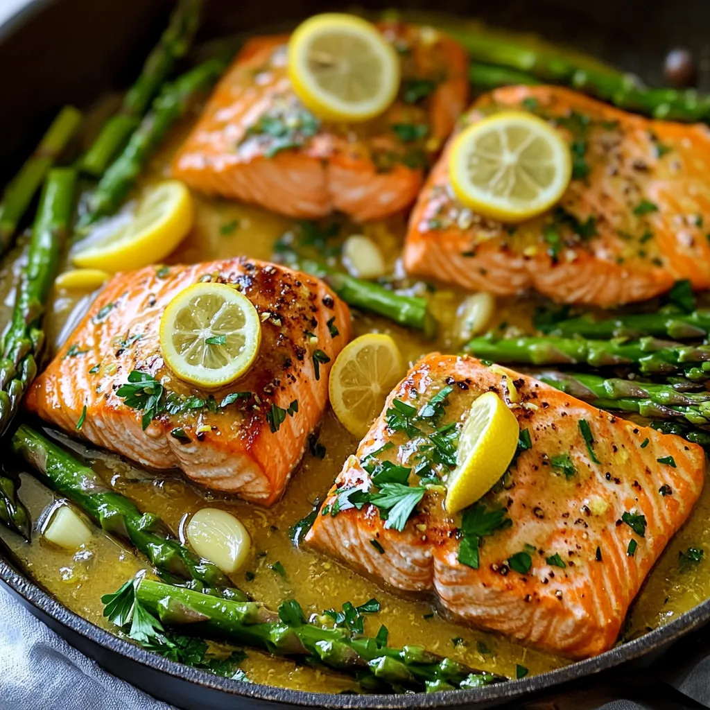 - 2 salmon fillets (about 6 oz each) - 1 bunch of asparagus, trimmed - 3 tablespoons unsalted butter - 2 tablespoons olive oil - 3 cloves garlic, minced - Zest of 1 lemon - Juice of 1 lemon - Salt and pepper to taste - Fresh parsley, chopped (for garnish) - Lemon slices (for garnish) To make Lemon Butter Salmon Asparagus Skillet, you need a short list of fresh ingredients. Start with two salmon fillets, about six ounces each. Choose fillets that are firm and bright pink. Next, grab a bunch of asparagus. Trim the ends to keep it crisp and fresh. You will also need butter for richness and olive oil for cooking. I like to use three tablespoons of unsalted butter for a creamy texture. Add two tablespoons of olive oil to help the salmon cook evenly. Garlic adds a lovely flavor, so don't skip the three cloves. Mince them finely for the best taste. For a bright pop, use the zest and juice of one lemon. This will bring a fresh taste to the dish. Season with salt and pepper. You can adjust these to your liking. Finally, add some chopped fresh parsley for a nice touch on top. Lemon slices work well as a garnish too. With these ingredients, you're ready to make a delicious, healthy meal in no time! - Heating the Olive Oil Start by heating olive oil in a large skillet over medium-high heat. This step is key for a good sear on the salmon. You want the oil hot but not smoking. - Searing the Salmon Season the salmon fillets with salt, pepper, and lemon zest. Place them skin-side down in the skillet. Cook for 4-5 minutes without moving. This helps the skin get crispy. - Adding Garlic and Asparagus Carefully flip the salmon fillets. Add the minced garlic and trimmed asparagus to the skillet. Cook for 2-3 minutes more. The garlic will get fragrant, and the asparagus will start to soften. - Incorporating Butter and Lemon Juice Lower the heat to medium. Add the butter and lemon juice to the skillet. Spoon the melted butter and garlic over the salmon and asparagus. This adds a rich flavor that is hard to resist. - Achieving Desired Salmon Cookedness Continue cooking everything together for another 2-3 minutes. Check the salmon for your preferred doneness. The asparagus should be tender-crisp while the salmon stays moist. - Plating the Dish Transfer the salmon and asparagus to a plate. Drizzle the lemon butter sauce from the skillet over the top. This adds a beautiful shine and flavor. - Garnishing with Parsley and Lemon To finish, sprinkle chopped parsley over the top. Add lemon slices for a pop of color. This not only looks great but also enhances the dish's fresh taste. - Perfectly Crispy Salmon Skin To get that nice, crispy skin, start with dry salmon. Pat it with paper towels. Season the skin side well. Place it skin-side down in the hot skillet. Don't move it for 4-5 minutes. This helps the skin crisp up beautifully. - Timing for Asparagus Tenderness For tender asparagus, add it at the right time. After flipping the salmon, add the asparagus right away. Cook it for about 2-3 minutes. It should be bright green and still a bit crunchy. - Optional Seasonings Want to boost the flavor? Try adding dill or paprika. These spices can add a nice twist. Just sprinkle them on with salt and pepper. - Alternative Garnishes Instead of parsley, use chives or basil. You can also add capers for a salty kick. Lemon zest on top adds a fresh, bright taste. - Overcooking the Salmon Be careful not to overcook the salmon. Check it after 6-8 minutes total. It should flake easily with a fork but still be moist. - Skipping the Marinating Step Marinating is key for flavor. If you skip this, the dish may taste flat. A quick squeeze of lemon juice and some zest can make a big difference. {{image_2}} Substitute for Salmon If you want a different fish, try trout or cod. Both have mild flavors. They cook similarly to salmon and soak up the lemon butter well. Alternative Vegetables You can swap asparagus for green beans or broccoli. Both add crunch and color. You can also use zucchini, but cook it a bit less since it softens quickly. Adding Side Dishes Pair this dish with rice or quinoa. They soak up the lemon butter sauce nicely. A simple mixed salad can add freshness and balance. Adjusting Flavor Profiles For a spicy kick, add red pepper flakes to the butter. If you love herbs, try adding dill or thyme. Both enhance the lemon's zest. Gluten-Free Options This dish is naturally gluten-free. Just ensure your sides, like rice, are also gluten-free. Check any packaged items for hidden gluten. Dairy-Free Alternatives Use coconut oil instead of butter for a dairy-free version. You can also try vegan butter. Both will keep the rich flavor while meeting dietary needs. Refrigeration Guidelines You can store leftover lemon butter salmon and asparagus in the fridge. Place them in an airtight container. They are best eaten within two days. Make sure to cool them to room temperature before sealing. This keeps the flavors fresh and safe. Freezing Instructions For longer storage, you can freeze the leftovers. Wrap each portion tightly in plastic wrap. Then, place them in a freezer-safe bag. Label the bag with the date. They will stay good for up to three months. When you’re ready to eat, thaw them in the fridge overnight. Best Methods to Reheat The best way to reheat the salmon is in the oven. Preheat your oven to 350°F (175°C). Place the salmon on a baking sheet and cover it with foil. Heat for about 10-15 minutes. This keeps the salmon moist. You can also reheat it in a skillet over low heat. Maintaining Texture To keep the salmon and asparagus crisp, avoid the microwave. Microwaving can make the food soggy. If using the skillet, add a little olive oil when reheating. This helps restore some of the original texture. Always check that the salmon is heated through before serving. To check if salmon is done, look for visual signs. The flesh should change from bright pink to a pale, opaque color. The salmon will also flake easily with a fork. This shows it is cooked through. You can also check the internal temperature. The safe temperature for cooked salmon is 145°F (63°C). You can use a meat thermometer to check this. Insert it into the thickest part of the fillet. If it reads 145°F, your salmon is ready! Yes, you can use frozen salmon. Just make sure to thaw it properly. The best way is to put it in the fridge overnight. If you need it fast, place it in a sealed bag and submerge it in cold water for about an hour. This prevents the salmon from becoming mushy. Lemon butter salmon goes great with many side dishes. Here are some good choices: - Garlic mashed potatoes - Steamed rice - Quinoa salad - Roasted broccoli - Mixed green salad These sides will complement the flavors of the salmon and asparagus perfectly. Enjoy your meal! This blog post covered easy steps to make Lemon Butter Salmon with asparagus. You learned about the key ingredients, cooking techniques, and tips for perfect results. Remember to adjust flavors to suit your taste. You can also explore variations for different diets. Proper storage and reheating maintain your dish's quality. Now, you can enjoy a delicious meal that impresses everyone. Happy cooking!