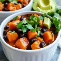 - 2 medium sweet potatoes, peeled and diced - 1 can (15 oz) black beans, drained and rinsed - 1 can (15 oz) diced tomatoes with green chilies - 1 cup vegetable broth - 1 red bell pepper, chopped - 1 medium onion, finely chopped - 3 cloves garlic, minced Sweet potatoes add a sweet flavor and creamy texture. Black beans bring protein and fiber. Diced tomatoes with green chilies provide a nice kick and acidity. Vegetable broth gives the chili a rich base. The red bell pepper adds crunch and color. Onion and garlic boost the flavor with their savory notes. - 1 tablespoon chili powder - 1 teaspoon cumin - 1/2 teaspoon smoked paprika - 1/2 teaspoon cayenne pepper (adjust to taste) - Salt and pepper to taste - Fresh cilantro, for garnish - Diced avocado, for serving (optional) Chili powder gives the dish its signature warmth. Cumin adds a nutty, earthy taste. Smoked paprika enriches the chili with a hint of smokiness. Cayenne pepper brings the heat, so adjust it to your liking. Salt and pepper balance all the flavors. Fresh cilantro brightens the dish, while diced avocado adds creaminess. Using these ingredients creates a hearty, flavorful dish that warms you up. You can enjoy this chili as a meal or a side. Start by preparing your sweet potatoes. Peel and dice them into small cubes. This helps them cook evenly. Next, chop your red bell pepper and onion. Mince the garlic cloves. You want each piece to be small for a great mix of flavors. Now it's time to combine all the ingredients in your slow cooker. Add the diced sweet potatoes, rinsed black beans, and diced tomatoes. Pour in the vegetable broth. It adds moisture and flavor. Then, toss in the chopped bell pepper, onion, and garlic. Sprinkle in the chili powder, cumin, smoked paprika, cayenne pepper, salt, and pepper. Stir everything gently to mix it well. You can slow cook your chili on low or high. If you choose low, it will take about 6-8 hours. Cooking on high takes around 3-4 hours. Both methods work well, but low cooking blends the flavors better. After cooking, check the sweet potatoes for doneness. They should be tender but not mushy. If they are still firm, let the chili cook a bit longer. Taste for seasoning. You can adjust the salt and spices to your liking. When serving the chili, ladle it into colorful bowls. Garnish each bowl with fresh cilantro for a pop of color. You can also add diced avocado for creaminess. This chili pairs well with crusty bread or tortilla chips. Both sides add a nice crunch. You can also serve it with a fresh salad. This adds brightness and balances the rich flavors of the chili. Enjoy your meal! To make this chili just right, you can adjust spice levels. If you like heat, add more cayenne pepper or chili powder. For a milder taste, reduce these spices. Always taste the chili before serving. This lets you adjust flavors as needed. To enhance flavors, try adding a splash of lime juice just before serving. This brightens the dish. Fresh cilantro adds a nice touch, too. You can also let the chili sit overnight. It tastes even better the next day! You can easily make this chili vegan or vegetarian. It’s already meat-free. Just ensure your vegetable broth is vegan. You can replace black beans with kidney or pinto beans for variety. For gluten-free options, this chili is safe as is. All the ingredients are gluten-free. If you want to add grains, consider using quinoa instead of bread on the side. Quinoa is tasty and gluten-free! For a great slow cooker, I recommend one with multiple settings. Look for a model that lets you cook on low and high. This gives you flexibility. A 4 to 6-quart slow cooker works well for this recipe. As for utensils, use a sturdy cutting board and a sharp knife for prep. A measuring cup is helpful for broth. Have a large spoon handy for stirring the ingredients, too. This makes the cooking process smooth and fun! {{image_2}} You can switch up the beans in this chili. Try using pinto or kidney beans for a different taste. They add flavor and texture. For veggies, consider adding zucchini or corn. These add sweetness and color. You can also use carrots or celery for a crunch. Each change gives a unique twist to the dish. Want to enhance the chili? You can add protein like diced chicken or ground beef. This makes the chili heartier. Just remember to adjust cooking times based on the protein you choose. For a creamy touch, think about adding coconut milk. It gives a rich flavor and smooth texture. You can also top it with cheese or sour cream for extra creaminess. For a Mexican spin, add some corn and top with fresh lime. You can also sprinkle some queso fresco for a tangy kick. If you’re feeling adventurous, try Caribbean flavors. Adding jerk seasoning can bring a spicy and sweet note. You can also toss in some mango or pineapple for a fruity twist. Each variation opens a world of taste! To store leftovers, let the chili cool down first. Use an airtight container. This keeps it fresh and tasty. You can store it in the fridge for up to four days. Make sure to check for any signs of spoilage before eating. To freeze chili correctly, let it cool completely. Pour it into freezer-safe bags or containers. Remove as much air as possible before sealing. This helps to prevent freezer burn. You can freeze it for up to three months. When ready to eat, thaw it in the fridge overnight. Reheat it on the stove or in the microwave until hot. To prepare in advance, make a big batch of chili. Portion it into single servings. Use small containers for easy meal planning. You can grab a serving for lunch or dinner throughout the week. This method saves time and helps you eat healthy. Slow Cooker Sweet Potato Black Bean Chili lasts about 4 to 5 days in the fridge. Store it in an airtight container. This keeps it fresh and tasty. If you want to save it longer, freeze it. In the freezer, it can last up to 3 months. Yes, you can make this chili on the stovetop! Here’s how: 1. Start by heating a pot over medium heat. 2. Add your chopped onion and garlic. Sauté them for about 3 minutes until soft. 3. Stir in the diced sweet potatoes, black beans, diced tomatoes, and vegetable broth. 4. Add the spices: chili powder, cumin, smoked paprika, cayenne pepper, salt, and pepper. 5. Bring the mix to a boil, then lower the heat. Cover and simmer for about 25-30 minutes until the sweet potatoes are soft. This chili pairs well with many sides. Here are some tasty options: - Cornbread for a sweet crunch. - Rice or quinoa for a filling base. - Fresh avocado for creaminess on top. - A dollop of sour cream or Greek yogurt adds tang. - Fresh cilantro as a bright garnish. This blog post covered everything about making Slow Cooker Sweet Potato Black Bean Chili. We explored key ingredients, cooking steps, and helpful tips. You learned how to customize flavors and store leftovers. Embrace your creativity with this chili recipe. It's easy to adjust spice levels, swap ingredients, or even try new flavors. Enjoy this warming dish with sides that you love. Cooking should bring joy, so have fun in the kitchen!