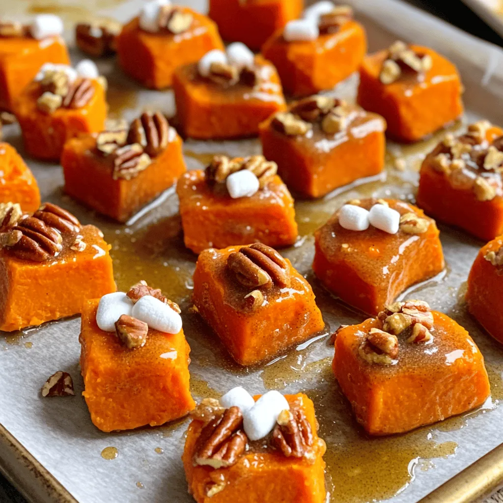 To make these tasty bites, you need some simple ingredients. Here’s what you will need: - 2 medium sweet potatoes, peeled and cut into 1-inch cubes - 1/4 cup brown sugar - 2 tablespoons melted butter (or coconut oil for a vegan option) - 1 teaspoon ground cinnamon - 1/2 teaspoon nutmeg - 1/4 teaspoon salt These ingredients work together to create a sweet and warm flavor. The sweet potatoes bring a creamy texture, while the brown sugar adds a nice caramel touch. You can take your sweet potato bites to the next level with some fun add-ins. Consider these options: - 1/4 cup chopped pecans - 1/4 cup mini marshmallows Chopped pecans add a crunchy texture, while mini marshmallows give a sweet, gooey finish. Add these during the last few minutes of roasting for the best results. Not everyone has the same needs in their diet. Here are some great substitutions you can use: - Use coconut oil instead of butter for a vegan-friendly option. - Swap brown sugar for coconut sugar for a lower glycemic index. - Choose gluten-free options if you need to avoid gluten. These substitutions keep the recipe tasty and friendly for many diets. Enjoy experimenting to find what works best for you! Start by peeling the sweet potatoes. Use two medium sweet potatoes for this recipe. Cut them into 1-inch cubes. This size helps them cook evenly. Place the cubes in a large mixing bowl. Add two tablespoons of melted butter, or use coconut oil for a vegan option. Next, sprinkle in 1/4 cup of brown sugar. This adds sweetness and helps with caramelization. Then, mix in 1 teaspoon of ground cinnamon, 1/2 teaspoon of nutmeg, and 1/4 teaspoon of salt. Toss everything well until the sweet potatoes are coated. Preheat your oven to 400°F (200°C). Line a baking sheet with parchment paper to prevent sticking. Spread the sweet potato cubes in a single layer on the baking sheet. Make sure not to overcrowd them. This helps them roast properly. Roast in the oven for about 25 to 30 minutes. Halfway through, take them out and toss the cubes. This ensures even cooking and browning. You will know they are done when they are tender and caramelized. If you want to enhance the flavor, consider adding some extras. You can sprinkle 1/4 cup of chopped pecans on top during the last 5 minutes of roasting. This adds a nice crunch. Mini marshmallows are another fun option. Add 1/4 cup just before the sweet potatoes finish roasting. They will melt slightly and add sweetness. Enjoy your sweet potato bites warm for the best taste! When selecting sweet potatoes, look for firm, smooth skin. Avoid any with dark spots or soft spots. Choose medium-sized potatoes for even cooking. The color can range from orange to purple. Both types taste great in this recipe. Roast your sweet potatoes at 400°F (200°C) for 25-30 minutes. This temperature helps caramelize the sugar. Check for tenderness with a fork. They should be soft on the inside and slightly crispy on the outside. Toss them halfway through roasting for even cooking. Cut sweet potatoes into 1-inch cubes for even cooking. Spread them in a single layer on the baking sheet. Overcrowding can lead to steaming instead of roasting. If needed, use two baking sheets to keep them spaced out. Enjoy your perfectly roasted sweet potato bites! {{image_2}} You can make Brown Sugar Sweet Potato Bites healthier with a few easy swaps. Use less brown sugar, or try a sugar substitute. You could also swap melted butter for olive oil. This choice cuts fat and adds healthy fats. For a fiber boost, add chia seeds or flaxseeds. These small changes keep the bites tasty and nutritious. Seasonal ingredients can really make your sweet potato bites shine. In fall, add a dash of maple syrup for a warm flavor. In summer, mix in fresh herbs like rosemary or thyme. You can also experiment with spices. Try ginger or allspice for a zesty kick. Each season brings new tastes to make your bites exciting. These bites are great for many events. Serve them as a snack at parties or family dinners. For a cozy night in, pair them with a warm dip, like yogurt or sour cream. You can also use them as a side dish with roasted meats. Their sweet and savory flavor works well with any meal. To keep your leftover sweet potato bites fresh, place them in an airtight container. Store them in the fridge. They will stay good for about three days. Make sure the bites are cool before you seal the container. This helps prevent moisture build-up. When you want to enjoy your sweet potato bites again, preheat your oven to 350°F (175°C). Spread the bites on a baking sheet. Heat them for about 10-15 minutes. This method keeps them crispy and tasty. You can also use a microwave, but this may make them soft. If you want to save your sweet potato bites longer, freezing is an option. First, let them cool completely. Then, place them in a single layer on a baking sheet. Freeze until solid, about 1-2 hours. Once frozen, transfer them to a freezer-safe bag. They can last up to three months this way. When you're ready to eat, thaw them in the fridge overnight before reheating. Yes, you can make these bites vegan. Just swap the melted butter for coconut oil. Coconut oil gives a rich taste without dairy. This change keeps the bites tasty and plant-based. You know sweet potatoes are done when they are soft. A fork should easily pierce them. Look for a nice caramel color on the outside. This means they are sweet and ready to eat. These bites pair well with many dishes. Try serving them with roasted meats or a fresh salad. They also make a great side for holiday meals. You can even enjoy them as a snack on their own. In this post, we explored brown sugar sweet potato bites. We covered main ingredients, optional add-ins, and substitutions for different diets. You learned the steps to prepare and roast sweet potatoes for the best taste. We also shared tips on choosing sweet potatoes and cooking times. Finally, we discussed variations, storage, and FAQs. These tasty bites fit any meal. Try them with new flavors and enjoy!
