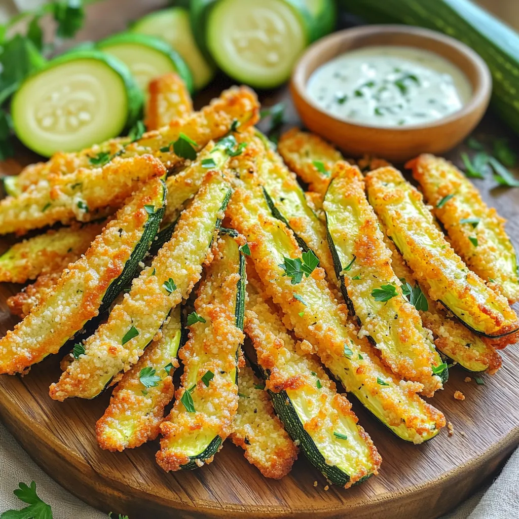 - 2 medium zucchinis, cut into fries - Salt and pepper to taste - 1 cup Panko breadcrumbs - ½ cup grated Parmesan cheese - 1 teaspoon garlic powder - 1 teaspoon onion powder - ½ teaspoon paprika - 1 large egg, beaten - ½ cup ranch dressing for dipping Zucchinis are the star here. Their mild taste pairs well with bold flavors. I love using medium zucchinis for the right size. Salt and pepper add a touch of brightness. For the dry mix, Panko breadcrumbs give a crunchy texture. Grated Parmesan cheese adds that cheesy goodness. Garlic and onion powder bring a savory depth. Paprika adds a hint of warmth and color. You’ll need one large egg to help the coating stick. Ranch dressing is a must for dipping. It brings a creamy balance to the crispy fries. This combination creates a dish that's not only tasty but also fun to eat. Enjoy each bite with that ranch dip! To start, take your zucchinis and wash them well. After that, slice them into fry shapes. Aim for each piece to be about ½ inch thick. This thickness helps them cook evenly. If they are too thin, they might burn. If they are too thick, they may not cook through. When cutting, try to keep all the pieces the same size. This step is key for cooking. If some pieces are larger, they may take longer to cook. Smaller pieces may become crispy too fast. Consistency makes sure every fry turns out just right. Next, set up your breading station. You need two bowls for this part. In the first bowl, pour in the beaten egg. In the second bowl, mix together the breadcrumbs, Parmesan cheese, garlic powder, onion powder, paprika, salt, and pepper. This mixture will give the fries a nice flavor. Now, it's time to coat the zucchini fries. Take one fry and dip it into the egg. Make sure to let the extra egg drip off. Then, place it into the breadcrumb mixture. Press it lightly so the crumbs stick well. Repeat this step for all the zucchini fries. Each fry should be fully coated. Before cooking, preheat your air fryer to 400°F (200°C). This step usually takes about 5 minutes. Preheating ensures that the fries get that crispy texture we want. Once preheated, arrange the breaded zucchini fries in a single layer in the air fryer basket. Avoid overcrowding the basket. Cook them for about 10-12 minutes. Halfway through, shake the basket gently to move the fries around. This action helps them cook evenly. After 10-12 minutes, check if the fries are golden brown and crispy. If they look perfect, take them out. If they still seem soft, cook them for an extra 1-2 minutes. You want that crunch! To get that perfect crunch, start with the right temperature. Set your air fryer to 400°F (200°C). This high heat helps the fries crisp up quickly. Cook them for 10 to 12 minutes. If they need more time, add 1 to 2 minutes. Shaking the basket halfway is key. It helps the fries cook evenly. This action prevents them from sticking together and ensures all sides get golden brown. Zucchini fries can be fun to flavor. Use herbs like oregano or thyme for a fresh taste. You can also add spices like cayenne for some heat. A sprinkle of Italian seasoning adds great flavor too. Want more cheese? You can mix in some shredded mozzarella with the Parmesan. This makes the fries even cheesier and more delicious. Make your dish pop with garnishes. Sprinkle fresh parsley on the platter for color. You can also add a few slices of fresh zucchini around the fries. For serving, place the ranch in a small bowl in the center. This makes dipping easy and fun. Presenting your zucchini fries this way impresses guests and makes the meal more enjoyable. {{image_2}} Adding Spicy Seasoning Want a kick? Add cayenne pepper or chili powder to your breadcrumb mix. Start with a pinch and adjust to your taste. This spice will add warmth and excitement to each bite. Using Different Cheese Types Experiment with cheese! You can use cheddar, mozzarella, or even a spicy pepper jack. Each cheese brings its unique flavor. Grate your chosen cheese and mix it into the breadcrumbs for a tasty twist. Gluten-Free Options with Alternative Breading If you need a gluten-free option, use crushed gluten-free crackers or almond flour. Both options work well and still give you that crispy texture. Just replace the regular breadcrumbs with your choice. Vegan Substitutions For a vegan version, skip the egg and use a flax egg instead. Mix one tablespoon of ground flaxseed with three tablespoons of water and let it sit for five minutes. This mixture helps the breadcrumbs stick to the zucchini. Other Dipping Sauce Ideas Ranch is great, but you can try other dips! Honey mustard, marinara, or even spicy ketchup work well. Each dip adds a new flavor and makes your meal more fun. Homemade Ranch vs. Store-Bought Homemade ranch is simple and fresh. Combine buttermilk, mayonnaise, garlic powder, onion powder, and herbs. Store-bought ranch is easy but may contain preservatives. Try making your own for a tasty upgrade! You will want to store your leftover Air Fryer Parmesan Zucchini Fries right. These fries taste best fresh, but they can last in the fridge. Here are some guidelines: - Refrigeration Guidelines: Place the leftover fries in an airtight container. They can stay fresh for up to three days. Be sure to let them cool before sealing the container to avoid moisture build-up. - Freezing Options: If you want to keep them longer, freezing is a great option. Lay the fries on a baking sheet in a single layer. Freeze them for about an hour, then transfer them to a freezer-safe bag. They will last for up to three months. Reheating your zucchini fries can be tricky. You want them crispy, not soggy. Here are two methods: - Oven vs. Microwave Method: The oven is best for reheating. Preheat your oven to 400°F (200°C). Place the fries on a baking sheet and heat for about 5-10 minutes. A microwave works too, but it may make them soft. - Tips to Retain Crispiness: To keep the fries crispy, avoid covering them while reheating. If using the microwave, place them on a paper towel to absorb moisture. Air fryer zucchini fries last up to 3 days in the fridge. Store them in an airtight container. You can freeze them for up to 2 months. Just remember to let them cool before freezing. To enjoy them later, thaw in the fridge overnight. Yes, you can use regular breadcrumbs. However, Panko breadcrumbs make the fries extra crispy. Regular breadcrumbs are finer and may not give the same crunch. If you want that delightful crunch, stick with Panko. Zucchini fries are great on their own but can be paired with many things. Here are some popular options: - Fresh salsa - Marinara sauce - Garlic aioli - Spicy ketchup - A side salad These dips and sides make your meal more fun and tasty! You can make tasty air fryer zucchini fries with fresh and dry ingredients. They are easy to prepare and cook. Follow the steps for crispiness and flavor. Don’t forget to try different dips and seasonings for unique tastes. You can store leftovers easily and reheat them perfectly. Now, you’re ready to enjoy or share this delicious snack with friends and family!