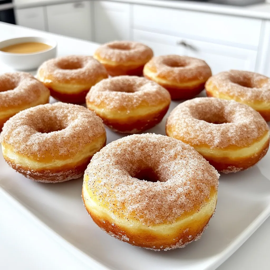 To make these tasty donuts, you need quality ingredients. Here’s what you will need: - 1 cup pumpkin puree - 1/2 cup granulated sugar - 1/4 cup brown sugar - 1/3 cup vegetable oil - 2 large eggs - 1 teaspoon vanilla extract - 1 1/2 cups all-purpose flour - 1 teaspoon baking powder - 1/2 teaspoon baking soda - 1 teaspoon ground cinnamon - 1/2 teaspoon ground nutmeg - 1/2 teaspoon salt - 1/4 cup granulated sugar (for coating) - 2 teaspoons ground cinnamon (for coating) These ingredients work together to create a moist, flavorful donut that captures the essence of fall. If you need to convert measurements, here are some quick conversions: - 1 cup = 8 fluid ounces - 1/2 cup = 4 fluid ounces - 1/4 cup = 2 fluid ounces - 1/3 cup = 2.67 fluid ounces - 1 teaspoon = 5 milliliters - 1 tablespoon = 15 milliliters These conversions help if you use different measuring tools or recipes. You can easily swap ingredients based on your needs: - Use applesauce instead of pumpkin puree for a different flavor. - Replace vegetable oil with melted coconut oil for a richer taste. - Try using maple syrup instead of granulated sugar for a natural sweetness. - For gluten-free options, use a 1:1 gluten-free flour blend instead of all-purpose flour. These substitutions can make the recipe fit your diet or taste preferences without losing flavor. First, preheat your oven to 350°F (175°C). This helps the donuts bake evenly. Next, grease your donut pan. Use cooking spray or butter to coat each mold. This step keeps the donuts from sticking. In a large mixing bowl, combine the pumpkin puree, granulated sugar, brown sugar, and vegetable oil. Add the eggs and vanilla extract next. Whisk everything together until it is smooth. The mixture should be well blended with no lumps. In a separate bowl, sift the all-purpose flour, baking powder, baking soda, ground cinnamon, ground nutmeg, and salt. Sifting helps remove any clumps. Make sure all dry ingredients are well mixed. This ensures even flavor in every donut. Gradually add the dry mixture to the wet ingredients. Stir gently until just combined. It is okay if small lumps remain; do not overmix. Now, spoon the batter into the prepared donut pan. Fill each mold about three-quarters full. This allows space for the donuts to rise. Place the donut pan in the preheated oven. Bake for 12 to 15 minutes. To check if they are done, insert a toothpick into a donut. If it comes out clean, the donuts are ready. If not, bake for another minute or two. After baking, let the donuts cool in the pan for about five minutes. Then, transfer them to a wire rack. Allow them to cool completely. Meanwhile, mix the granulated sugar and ground cinnamon in a small bowl. Once the donuts are cool, coat each one in the cinnamon sugar mixture. Make sure to cover all sides for that perfect sweet crunch. To get the best donut texture, focus on mixing. Mix the wet and dry ingredients until just combined. Lumps are fine; they help keep the donuts soft. Overmixing makes them tough. Use a donut pan for uniform shapes and even baking. Fill each mold only 3/4 full to allow room for rising. This way, you avoid overflowing and get perfect, fluffy donuts. If you have leftover donuts, store them in an airtight container. They stay fresh for up to three days. Keep them at room temperature to maintain their softness. For longer storage, freeze them. Wrap each donut in plastic wrap and place them in a freezer bag. They can last for about two months in the freezer. When you’re ready to eat, just thaw them at room temperature. Cinnamon sugar pumpkin donuts shine when served warm. Pair them with a side of maple glaze or cream cheese frosting. This adds a sweet touch. For a cozy vibe, enjoy them with hot apple cider or coffee. You can also sprinkle extra cinnamon on top for a beautiful finish. Arrange the donuts on a fun plate for a nice presentation. {{image_2}} You can enjoy these donuts in two ways: glazed or sugared. Glazed donuts have a sweet, sticky topping. To make a glaze, mix powdered sugar with milk until smooth. Pour the glaze over warm donuts for a shiny finish. Sugared donuts are rolled in cinnamon sugar, giving them a crunchy and sweet exterior. Both options are delicious, so choose based on your mood! Want to add more fun? Try mixing in chocolate chips or nuts. Chocolate chips add a rich, sweet taste that pairs well with pumpkin. Just fold in about 1 cup of chips when mixing the batter. Nuts, like pecans or walnuts, add a nice crunch. Chop them finely and add about 1/2 cup to the batter. These tweaks can make your donuts even more special. For a stronger pumpkin flavor, make a pumpkin spice version. Simply add more spices like ginger or allspice to the batter. Try 1/2 teaspoon of ginger and 1/4 teaspoon of allspice for extra warmth. You can also swap some of the granulated sugar for brown sugar to deepen the flavor. These changes will make your donuts a true fall treat! To keep your donuts fresh, store them in an airtight container. This method helps prevent them from drying out. Place a sheet of parchment paper between layers if you stack them. This keeps the cinnamon sugar coating intact. For best taste, enjoy them within two days. You can freeze these donuts if you have leftovers. Place them in a single layer on a baking sheet. Freeze for about an hour until firm. Then, transfer them to a freezer bag or container. Make sure to remove as much air as possible. They can stay frozen for up to three months. When you are ready to enjoy your frozen donuts, take them out of the freezer. Let them thaw at room temperature for about 30 minutes. For a warm treat, pop them in the oven at 350°F (175°C) for 5-10 minutes. This will give them a fresh-baked taste. Alternatively, you can microwave each donut for about 10-15 seconds. Enjoy them warm! To make your donuts moist, use pumpkin puree. It adds moisture and flavor. Do not overmix the batter; small lumps are fine. Bake at 350°F for the right time, about 12-15 minutes. Yes, you can make these donuts gluten-free. Use a gluten-free all-purpose flour blend instead of regular flour. Make sure it contains xanthan gum for the best texture. Homemade donuts last about 2-3 days at room temperature. Store them in an airtight container to keep them fresh. You can also freeze them for up to a month. Yes, you can use fresh pumpkin. Roast a pumpkin, scoop out the flesh, and puree it. Make sure it is smooth and not too watery for the best results. Absolutely! You can use mini donut pans or even muffin pans. Just adjust the baking time slightly. Keep an eye on them to avoid overbaking. In this post, we explored how to make delicious cinnamon sugar pumpkin donuts. You learned about key ingredients, measurements, and simple substitutes. I shared step-by-step instructions to help you bake perfect donuts. We also discussed tips for texture, storage, and even some tasty variations. Remember, baking is an art and a fun way to treat yourself. So gather your ingredients, follow the steps, and enjoy your homemade donuts with friends and family. Happy baking!