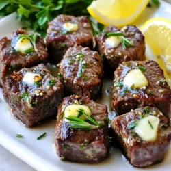 For this tasty dish, you need a few key items: - 1 lb sirloin steak, cut into bite-sized cubes - 4 tablespoons unsalted butter, melted - 4 cloves garlic, minced - 1 teaspoon fresh rosemary, chopped - 1 teaspoon fresh thyme, chopped - Salt and pepper to taste - 1 tablespoon olive oil - 1 tablespoon fresh parsley, chopped (for garnish) - Lemon wedges (for serving) These ingredients create a rich and savory flavor. Sirloin steak works well because it is tender and juicy. The garlic and herbs add a lovely taste. The seasonings make this dish stand out. Here’s what I use: - Salt and pepper enhance the natural flavors of the steak. - Fresh rosemary and thyme add an earthy aroma. - The parsley garnish gives a pop of color and freshness. - Lemon wedges bring a zesty contrast to the richness. Combining these flavors elevates the dish. The garlic butter marinade coats the steak perfectly, making each bite delicious. To make Baked Garlic Butter Steak Bites, you will need: - A large mixing bowl for the marinade - A sharp knife and cutting board to cube the steak - A baking sheet lined with parchment paper - An oven set to 400°F (200°C) Having the right tools makes cooking easier and more fun. The parchment paper helps with cleanup and keeps the steak from sticking. First, set your oven to 400°F (200°C). This heat is perfect for cooking steak bites. While the oven warms, grab a baking sheet. Line it with parchment paper. This helps with easy cleanup. It also stops the steak from sticking. In a large bowl, melt 4 tablespoons of unsalted butter. Add 4 minced garlic cloves. The garlic gives great flavor. Next, sprinkle in 1 teaspoon each of fresh rosemary and thyme. These herbs add a nice touch. Season with salt and pepper to taste. Mix everything well to create a tasty marinade. Now it’s time for the steak. Cut 1 pound of sirloin steak into bite-sized cubes. Toss these cubed steaks into the bowl with the garlic butter mix. Make sure each piece is coated well. Spread the steak bites on the prepared baking sheet in a single layer. Drizzle 1 tablespoon of olive oil over them. This adds moisture and flavor. Bake the steak bites for 10 to 12 minutes. Stir halfway through for even cooking. The outside should be browned, and the inside cooked to your liking. After baking, let the steak bites rest for 2 to 3 minutes. Finally, sprinkle fresh parsley on top and serve with lemon wedges. The lemon adds a fresh zing. Enjoy your meal! To make the best baked garlic butter steak bites, start with sirloin steak. Sirloin has great flavor and tenderness. Look for a piece that is bright red and has some fat. The fat adds taste and keeps the meat juicy. You can also use ribeye or flank steak if you prefer. Just cut them into bite-sized cubes, and you’ll have a tasty dish. For steak bites, doneness is key. I recommend cooking them to medium-rare for the best flavor. This means an internal temperature of about 130°F (54°C). Use a meat thermometer to check. If you like your steak more cooked, aim for medium (140°F or 60°C). Remember, the steak will keep cooking a bit after you take it out. Let them rest for 2-3 minutes before serving to lock in the juices. These steak bites shine with simple sides. Serve them with a fresh salad or roasted veggies. A side of garlic bread complements their flavor too. For a zesty kick, add lemon wedges. The lemon juice brightens the dish and balances the richness of the steak. You can also sprinkle more fresh herbs on top for added flair. Enjoy your meal! {{image_2}} You can switch up the flavors in baked garlic butter steak bites easily. Try using different herbs. Fresh basil or oregano can add a new twist. If you want more spice, add red pepper flakes or cayenne pepper. You can even mix in some Worcestershire sauce for a savory kick. For a sweet touch, consider a dash of honey or balsamic glaze. These simple swaps will make your dish stand out. Baking is great, but there are other ways to cook steak bites. You can grill them for a smoky flavor. Just marinate your steak bites, then skewer them before grilling. Air frying is also a quick and healthy option. It gives the bites a nice crisp without much oil. If you have a stovetop, sautéing can be fast too. Just heat a pan and cook the steak bites until browned. Each method brings its own unique taste. Think about what to serve with your steak bites. A fresh salad with mixed greens can balance the rich flavors. Roasted veggies or mashed potatoes are great sides as well. For sauces, a creamy garlic sauce or chimichurri adds zest. You can even serve the steak bites with a tangy barbecue sauce for dipping. These pairings will make your meal even more enjoyable. To store leftover steak bites, first let them cool. Place the bites in an airtight container. Make sure to separate layers with parchment paper to keep them from sticking. Store in the fridge for up to three days. This keeps them fresh and tasty for your next meal. When you want to enjoy your steak bites again, use the oven or a skillet. Preheat your oven to 350°F (175°C). Spread the bites on a baking sheet. Heat for about 5-7 minutes until warm. If using a skillet, add a little butter. Heat over medium heat for about 3-4 minutes. This method adds flavor and keeps them juicy. If you want to save steak bites for later, freezing works well. First, let the steak bites cool completely. Then, place them in a freezer bag. Remove air before sealing to prevent freezer burn. Label the bag with the date. You can freeze steak bites for up to three months. When ready to eat, thaw in the fridge overnight. Reheat as mentioned above for a delicious meal. Yes, you can. While sirloin steak works well, other cuts are great too. You might try ribeye, tenderloin, or flank steak. Each cut has its own taste and texture. Ribeye offers more fat, making it juicy. Tenderloin is lean and super tender. Flank steak has a rich flavor, but it can be chewier. Just remember to adjust cooking times based on the cut's thickness. If your steak bites are overcooked, there are few ways to fix this. You can try adding a rich sauce like barbecue or a creamy sauce. This adds moisture and flavor back. Another option is to slice the steak thinly and serve it in a sandwich or wrap. You can also serve it with a broth-based soup, which helps soften the meat. Remember, cooking at a lower heat next time might help too. You can prep this recipe ahead of time with ease. Cut the steak into cubes and marinate them in the garlic butter mix. Store them in the fridge for up to 24 hours. When you are ready to cook, just take them out and bake as instructed. You can also bake them in advance. Store the cooked bites in an airtight container. Reheat them in the oven for a few minutes when you’re ready to serve. In this blog post, we covered how to make tasty baked garlic butter steak bites. You learned the key ingredients, tools needed, and how to prepare the dish step by step. I shared tips on selecting the best steak and serving ideas. You can also explore variations to suit your taste and storage methods to keep leftovers fresh. Remember, cooking is about experimenting, so don’t hesitate to try new flavors. Enjoy making steak bites that wow your family and friends!