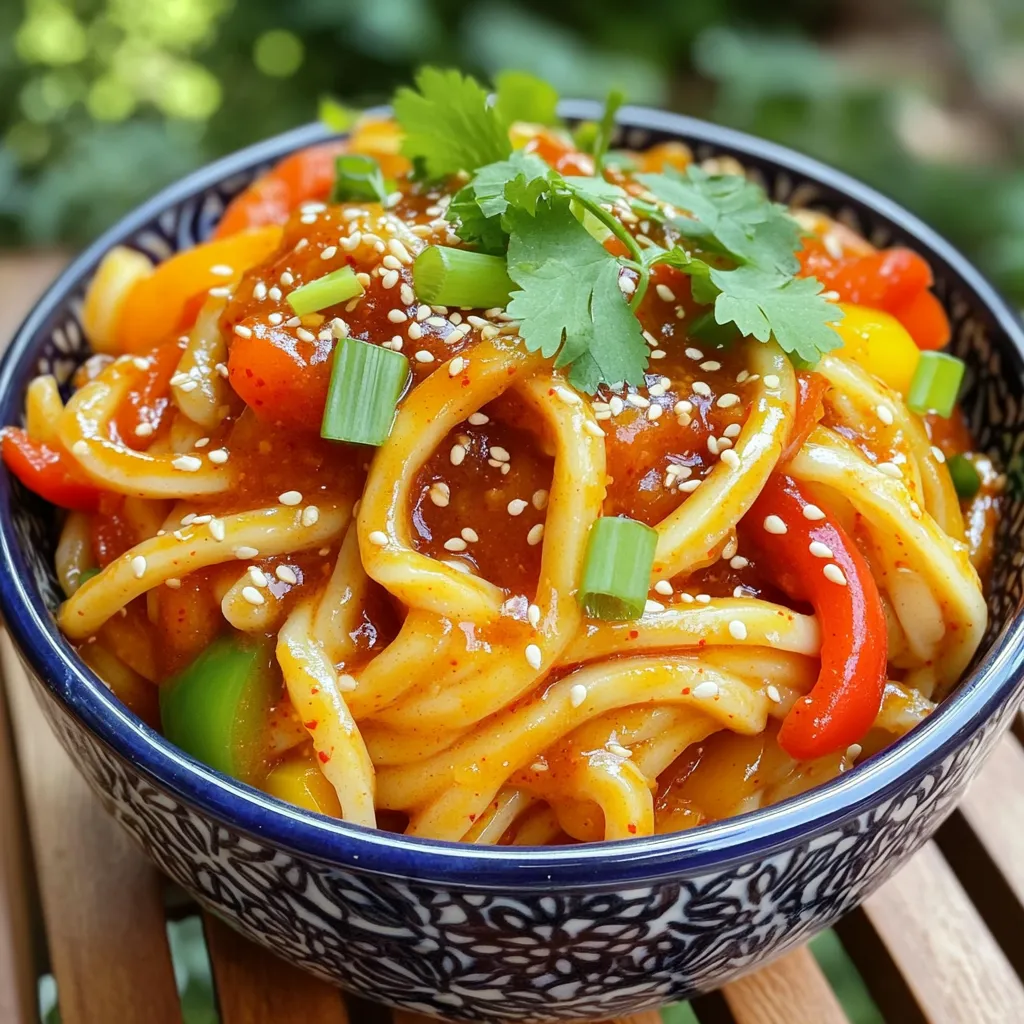 - 200g udon noodles - 2 tablespoons gochujang (Korean chili paste) - 1 tablespoon soy sauce - 1 tablespoon sesame oil - 1 tablespoon honey or maple syrup - 1 teaspoon minced garlic - 1 teaspoon minced ginger - 1 small carrot, julienned - 1 bell pepper (any color), thinly sliced - 3 green onions, chopped - 2 teaspoons sesame seeds - Fresh cilantro leaves for garnish - Optional: fried tofu or a soft-boiled egg for protein Each ingredient adds flavor and texture to the dish. Udon noodles are thick and chewy, making them perfect for this recipe. Gochujang gives a spicy kick and a rich flavor. Soy sauce adds saltiness while sesame oil brings a nutty taste. Honey or maple syrup balances the spice with sweetness. Garlic and ginger offer warmth and depth. Fresh veggies like carrot and bell pepper add crunch and color. Green onions and sesame seeds provide freshness and garnish. Optional proteins like tofu or egg enhance the meal's heartiness. If you cannot find udon noodles, you can use rice noodles or spaghetti. For a gluten-free option, choose gluten-free noodles. If gochujang is unavailable, try sriracha or chili paste, but adjust the amount to your spice level. You can replace honey with agave syrup or omit it for a low-sugar version. Instead of sesame oil, olive oil works fine, though it changes the flavor slightly. Feel free to swap veggies based on what you have at home, like zucchini or broccoli. First, you need to cook the udon noodles. Bring a pot of water to a boil. Add 200g of udon noodles to the pot. Cook them for about 6 to 8 minutes, or until they are just tender. Stir them occasionally to stop them from sticking. Once done, drain the noodles and set them aside. Next, let’s make the spicy sauce. In a small bowl, combine 2 tablespoons of gochujang, 1 tablespoon of soy sauce, and 1 tablespoon of sesame oil. Add 1 tablespoon of honey or maple syrup for sweetness. Now, stir in 1 teaspoon of minced garlic and 1 teaspoon of minced ginger. Whisk it all together until smooth. This sauce packs a spicy punch and brings the dish to life. Now it’s time to combine everything. Heat a large pan or wok over medium heat. Add the julienned carrot and thinly sliced bell pepper to the pan. Sauté these for about 2 to 3 minutes until they start to soften. Then, add the cooked udon noodles to the pan. Pour the spicy sauce over the noodles and toss everything together. Mix until the noodles and veggies are well coated and heated through, about 2 to 3 minutes. Remove from heat. Finally, stir in chopped green onions and 2 teaspoons of sesame seeds. Serve the noodles in bowls and garnish with fresh cilantro. Enjoy your meal! To get the best udon noodles, cook them just right. Follow the package instructions closely. Generally, this means boiling them for 6-8 minutes. Check for doneness by tasting a noodle. It should be soft but firm. Drain them well to avoid sogginess. Rinse briefly under cold water to stop the cooking process. This keeps the texture perfect for your dish. Gochujang brings a unique heat to your dish. To make it even spicier, add more gochujang based on your taste. You can also mix in some chili flakes or fresh jalapeños for an extra kick. If you prefer a milder flavor, lessen the gochujang. The sauce combines well with honey and soy sauce. Adjust these to balance the spice and sweetness to your liking. Use pre-cut veggies to save time. Many grocery stores sell julienned carrots and sliced bell peppers. This cuts down your prep time a lot. Cook the udon noodles while you prepare the sauce. Multitasking helps you finish the meal quicker. You can also make the spicy sauce ahead of time and store it in the fridge. This way, you can enjoy this tasty meal even on your busiest days! {{image_2}} You can boost the protein in your udon noodles easily. Tofu is a great choice. It soaks up flavors well. Use fried or baked tofu for texture. You can also add cooked chicken. Slice it thin for quick mixing. A soft-boiled egg on top adds creaminess. The yolk mixes in nicely with the sauce. Each protein adds a unique taste and makes the meal more filling. Feel free to play with the vegetables. You can swap carrots and bell peppers for others. Broccoli, snap peas, or mushrooms work well too. They all add color and crunch. You can even toss in some spinach at the end. It wilts nicely and adds nutrients. Get creative with what you have on hand! Want a gluten-free meal? You can use rice noodles instead of udon. They cook fast and taste great with the sauce. Check the label for gluten-free options. Also, make sure your soy sauce is gluten-free. There are many brands available. This way, you can enjoy this dish without worry! To store your leftover spicy gochujang udon noodles, let them cool first. Once cool, place them in an airtight container. Make sure to seal it well. You can keep them in the fridge for up to three days. This helps keep the noodles fresh and tasty. When you are ready to enjoy the noodles again, reheating them is easy. Place the noodles in a pan over medium heat. Add a splash of water or broth to keep them moist. Stir them often to heat evenly. You can also use the microwave. Just cover the bowl and heat for one to two minutes. Stir halfway through for even heat. Prepared spicy gochujang udon noodles last about three days in the fridge. If you store them in the freezer, they can last up to three months. To freeze, place them in a freezer-safe bag. Remove as much air as possible before sealing. When ready to eat, thaw them in the fridge overnight before reheating. Yes, you can make these udon noodles vegan. To do this, swap honey for maple syrup. Both work well and keep the dish sweet. You can also add fried tofu for protein. This makes the meal hearty and satisfying. If you don't have gochujang, try using sambal oelek. This chili paste adds heat but lacks sweetness. You can mix in a bit of sugar or maple syrup to mimic gochujang's flavor. Another option is sriracha, but it is spicier and more liquid. Cooking udon noodles is quick and easy. It takes about 6-8 minutes to cook them until tender. Always check the package instructions for best results. Once cooked, drain and set them aside to mix with your sauce. This article covered how to make Minute Spicy Gochujang Udon Noodles. We explored each ingredient and its importance, plus some substitutes. Step-by-step instructions helped you navigate cooking the noodles and sauce. I shared tips for perfect texture and flavor, along with variations to make this dish your own. Lastly, we discussed how to store leftovers effectively. Now, you can enjoy this tasty dish with confidence. Give it a try and let your kitchen shine!