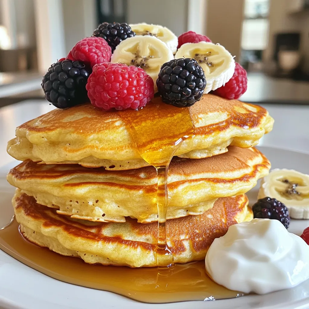To make cottage cheese protein pancakes, you need: - 1 cup cottage cheese - 2 large eggs - 1/2 cup rolled oats - 1 tablespoon honey or maple syrup - 1/2 teaspoon baking powder - 1/2 teaspoon cinnamon - Pinch of salt - Cooking spray or a bit of butter for the pan - Optional toppings: fresh fruits, nut butter, or yogurt You can easily swap ingredients if needed. Use Greek yogurt instead of cottage cheese for a creamier taste. If you want a dairy-free option, try almond milk or tofu. For a vegan twist, replace eggs with flaxseed meal mixed with water. Use agave syrup instead of honey or maple syrup if you prefer. These pancakes are packed with protein. Each serving has about 200 calories. They offer around 15 grams of protein. The rolled oats provide fiber for a healthy start. The honey or maple syrup adds a touch of sweetness. This meal can keep you full and energized. First, grab a mixing bowl. Add 1 cup of cottage cheese. Then, crack in 2 large eggs. Next, stir in 1 tablespoon of honey or maple syrup. Sprinkle in 1/2 teaspoon of baking powder, 1/2 teaspoon of cinnamon, and a pinch of salt. Mix it all well until everything is blended. If you want a smoother batter, you can blend it for a few seconds. Now, slowly add 1/2 cup of rolled oats. Stir until you have a creamy batter. Now it's time to cook! Preheat a non-stick skillet over medium heat. Lightly grease it with cooking spray or a little butter. Once hot, use a ladle or measuring cup to pour in some batter. Shape it into round pancakes. Cook for about 2-3 minutes. You’ll see bubbles on the surface when they’re ready to flip. Carefully use a spatula to flip the pancakes. Cook for another 2-3 minutes until they turn golden brown. Once done, remove them from the skillet. Repeat this step for the rest of the batter. Serve your pancakes warm. You can top them with fresh fruits like berries or banana slices. A dollop of yogurt makes a great addition too. For a nutty twist, drizzle some nut butter on top. Enjoy your delicious, healthy meal! To make your pancakes fluffy, use fresh ingredients. Mix the cottage cheese well with the eggs. The honey or maple syrup adds moisture. Add baking powder for lift. When you pour the batter into the pan, avoid overmixing. A few lumps are okay. Cook on medium heat. If the pan is too hot, the outside burns and the inside stays raw. Wait for bubbles to form before flipping. This helps keep your pancakes light and airy. You need some simple tools to make these pancakes. A mixing bowl helps combine the ingredients. Use a whisk for smooth batter. A ladle or measuring cup helps pour the batter. A non-stick skillet or frying pan is key for easy cooking. A spatula is needed for flipping the pancakes. Finally, a heat-safe plate keeps your pancakes warm while you cook the rest. You can boost the flavor of your pancakes easily. Add a pinch of vanilla extract to the batter for sweetness. Mix in some chocolate chips for a fun twist. Fresh fruits like berries or banana slices make great toppings. You can also try nut butter for creaminess. A sprinkle of nuts adds crunch. Experiment with spices like nutmeg for a warm flavor. Each of these ideas can make your pancakes taste even better! {{image_2}} You can make these pancakes gluten-free easily. Simply replace rolled oats with gluten-free oats. Oats are naturally gluten-free, but check labels to be safe. This swap keeps your pancakes fluffy and tasty without any gluten. Boost the nutrition in your pancakes with add-ins. Try adding: - Chia seeds for fiber - Ground flaxseed for omega-3s - Spinach for iron and vitamins - Protein powder for an extra protein punch These ingredients blend well and add nutrition without changing the taste much. Mix up the flavors in your pancakes with fun additions. You can try: - Vanilla extract for sweetness - Cocoa powder for a chocolate twist - Pumpkin puree for a seasonal vibe These combinations make your pancakes exciting and enjoyable. You can even pair them with fresh fruits or nut butter for extra flavor and texture. To store leftover pancakes, let them cool first. Place them in an airtight container. You can also use plastic wrap to cover them. Store them in the fridge for up to three days. This keeps them fresh and tasty for your next meal. When you are ready to eat your pancakes, you can reheat them easily. Use a microwave for quick heating. Heat on a plate for about 30 seconds. If you want them crispy, use a skillet. Heat them on medium for about 1-2 minutes on each side. Freezing is a great way to save pancakes for later. First, let them cool completely. Then, stack them with parchment paper between each pancake. Place them in a freezer bag or container. You can freeze them for up to three months. Just remember to label the bag with the date! Yes, you can use low-fat cottage cheese. It works well in this recipe. The flavor and texture remain great. Low-fat cottage cheese has less fat but still gives good protein. This makes the pancakes healthy and tasty. If you want to skip eggs, try mashed banana or unsweetened applesauce. Use 1/4 cup of either for each egg. These options keep the pancakes moist. They also add a natural sweetness. Another choice is flaxseed meal. Mix 1 tablespoon of flaxseed meal with 3 tablespoons of water. Let it sit for a few minutes until it thickens. Yes, these pancakes are great for meal prep. You can make them ahead and store them. After cooking, let them cool completely. Then, place them in an airtight container. They will stay fresh in the fridge for about 3-4 days. You can also freeze the pancakes. Just stack them with parchment paper in between. They can last for up to 2 months in the freezer. To reheat, use a microwave or toaster oven. Enjoy them warm, topped with your favorite fruits or nut butter! In this article, we explored how to make pancakes from start to finish. We listed all the needed ingredients and shared substitutes for common ones. You learned about mixing the batter, cooking tips, and tasty ways to serve. We discussed perfect fluffy pancakes, tools, and flavor ideas. We also covered gluten-free options and how to store leftovers. Remember, pancakes can be easy and fun, with many ways to enjoy them. Now, you are ready to make your own delicious pancakes!
