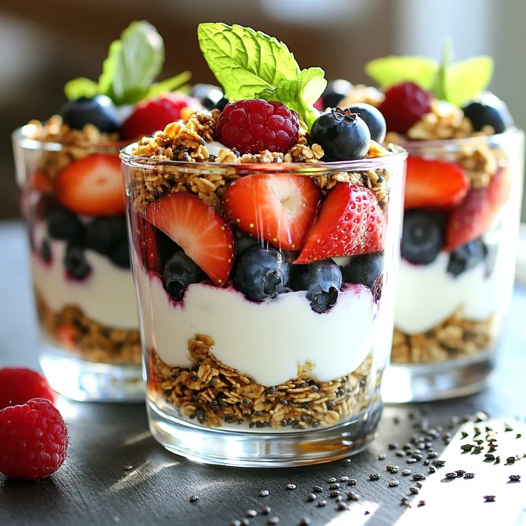 Gathering the right ingredients is key to making Minute High-Protein Greek Yogurt Parfaits. Here’s what you need: - 2 cups of Greek yogurt (plain or flavored) - 1 cup mixed berries (strawberries, blueberries, raspberries) - 1/4 cup granola (preferably low sugar) - 2 tablespoons honey or maple syrup (optional) - 1 tablespoon chia seeds - 1 teaspoon vanilla extract - Fresh mint leaves for garnish Each ingredient plays a role in the parfait's taste and texture. Greek yogurt adds protein and creaminess. Mixed berries bring freshness and sweetness. Granola gives a nice crunch. Chia seeds add fiber and a fun texture. Vanilla extract enhances the flavor, and mint leaves make it pretty. I love using fresh berries for their bright colors. They make the parfait look appealing and taste great. You can mix and match different berries based on what you like or what’s in season. If you want a sweeter touch, add honey or maple syrup. This step is optional, but it can enhance the flavors. Remember, using low-sugar granola keeps it healthier without losing the crunch. These ingredients combine well and are easy to find. You can create a tasty and healthy breakfast or snack in just a few minutes. Enjoy the process of making these parfaits! First, grab a mixing bowl. Add 2 cups of Greek yogurt. If you like, use flavored yogurt for extra taste. Pour in 1 teaspoon of vanilla extract. Mix until the yogurt is smooth and creamy. Next, take a small bowl and add 1 tablespoon of chia seeds. Pour in 1 tablespoon of water. Let the chia seeds sit for about 5 minutes. They will swell up and become gel-like. This step helps boost the protein in your parfait. Now, it is time to layer your parfait. Start with half of the yogurt mix. Spoon it into the bottom of serving glasses. Make sure you cover the bottom well. Next, add a layer of mixed berries. Use strawberries, blueberries, and raspberries. Save some berries for the top. Then, sprinkle a layer of granola over the berries. This adds crunch to your parfait. If you chose to use chia seeds, add a spoonful over the granola. Repeat the layers. Use the rest of the yogurt, berries, and granola. It creates a beautiful, colorful look. Once you finish layering, it is time to add some sweetness. Drizzle honey or maple syrup on top if you want. This step is optional but tasty. Finish by adding extra berries on top. Then, garnish with fresh mint leaves for a pop of color. Your Minute High-Protein Greek Yogurt Parfaits are now ready to enjoy! Mixing yogurt might seem simple, but I have tips to get it right. First, use a medium bowl. This gives you space to mix well. Add your yogurt and vanilla extract. Stir gently but thoroughly. You want a smooth blend without lumps. If you like, taste a bit before using. Adjust with honey or maple syrup if you want it sweeter. Layering your parfait makes it look nice and tasty. Start with half the yogurt mixture at the bottom of your glass. Add a layer of berries next. Choose colorful berries for extra appeal. Then, sprinkle on some granola. This adds crunch. Repeat these layers until you fill the glass. Finish with berries and a mint leaf on top. This way, each bite gives you a mix of flavors and textures. A great parfait needs to look as good as it tastes. Use clear glasses or bowls. This lets the layers show. Place the parfaits on a nice tray. Add a few mint leaves around them for color. If you have time, chill them before serving. This keeps them fresh. When you present them well, your guests will be excited to dig in! {{image_2}} You can swap the mixed berries for other fruits. Try bananas, peaches, or apples. Each fruit brings its own taste and texture. For a tropical twist, use pineapple or mango. These fruits make your parfaits colorful and fun. Just remember to chop larger fruits into small pieces. This way, they mix well with yogurt. If you want less sugar, skip the honey or maple syrup. Instead, use stevia or agave nectar. These sweeteners add flavor without too many calories. You can also try mashed bananas for natural sweetness. This choice is great if you prefer a fruity taste. Just adjust the amount to your liking. For a dairy-free version, use coconut yogurt or almond yogurt. These options taste great and keep the texture creamy. Look for brands that are high in protein to keep it nutritious. You can still add your favorite fruits and granola. This way, everyone can enjoy a delicious parfait. After making your parfaits, you can store them in the fridge. Place them in airtight containers. They will stay fresh for up to two days. Cover each parfait with plastic wrap if you don't have containers. This helps keep the yogurt smooth and the berries fresh. These parfaits do not freeze well. The texture of the yogurt and berries may change. Instead, prepare the yogurt and toppings separately. You can keep Greek yogurt sealed in the fridge for up to a week. Store granola and chia seeds in cool, dry places. This way, you can make parfaits fresh whenever you want. You do not need to heat parfaits. They taste best cold. If the yogurt looks a bit watery, mix it gently. Add more granola or fresh berries for a refreshing touch. You can also drizzle a bit more honey or syrup to enhance the flavor. Enjoy your parfaits as a quick snack or a healthy breakfast! Yes, you can make parfaits ahead of time. They stay fresh for up to 24 hours in the fridge. To prep, layer the yogurt, berries, and granola as usual. Keep the granola separate until you serve. This keeps it crunchy. Greek yogurt is high in protein. On average, it contains about 20 grams of protein per cup. This makes it a great choice for a snack or meal. The protein helps keep you full and satisfied. Yes, you can use frozen berries in your parfaits. They work well and add a nice chill. Just thaw them slightly before adding. This way, they won’t freeze the yogurt. They can also add a fun, colorful look to your parfaits. This blog post showed you how to create tasty yogurt parfaits. We covered ingredients like Greek yogurt, berries, granola, and optional sweeteners. You learned how to layer and serve them beautifully, plus tips for mixing and presentation. We also explored variations and storage methods to keep them fresh. Remember, parfaits are versatile and fun to make. You can easily craft your own version with what you love. Enjoy making these nutritious treats!