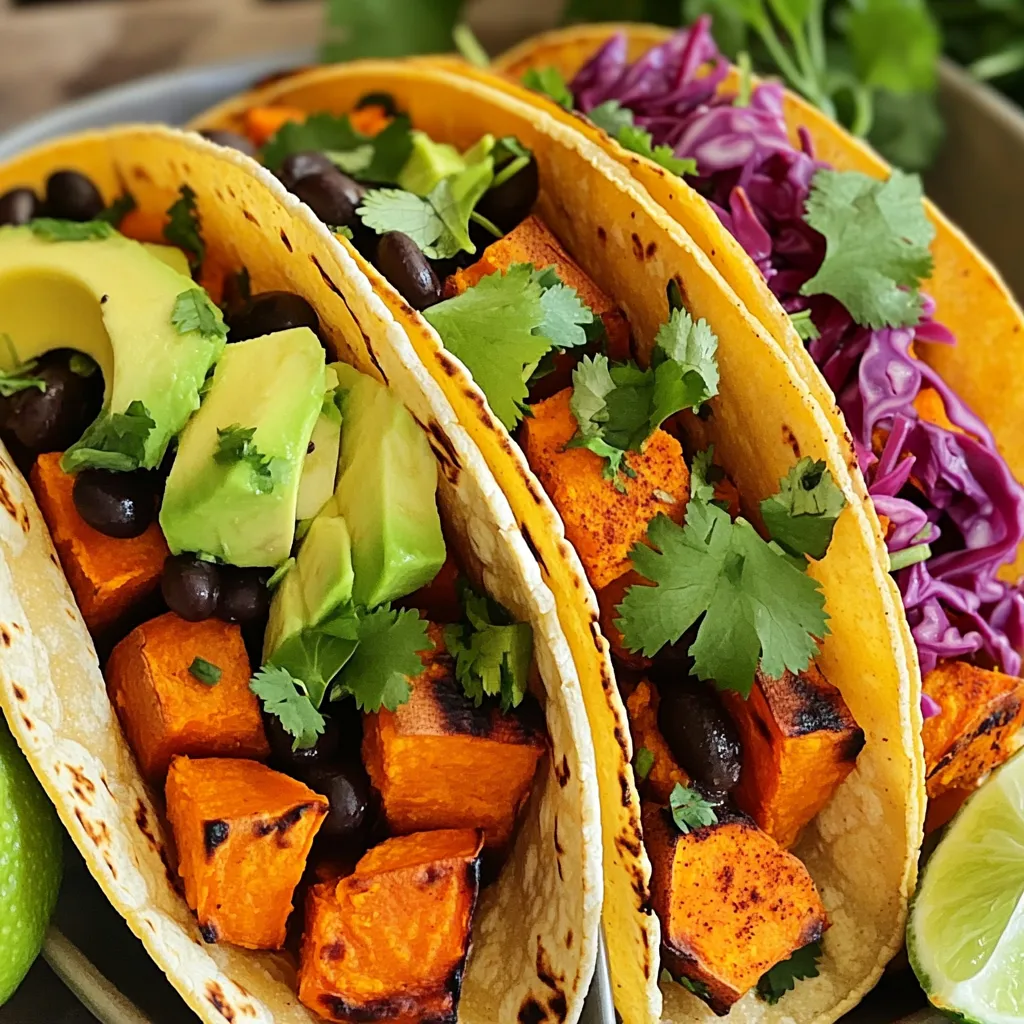 - 2 large sweet potatoes, peeled and diced - 1 tablespoon olive oil - 2 teaspoons smoked paprika - 1 teaspoon chipotle powder - 1 teaspoon ground cumin - 1 teaspoon garlic powder - Salt and pepper to taste - 8 small corn tortillas - 1 cup black beans, rinsed and drained - 1 avocado, sliced - 1 cup red cabbage, finely shredded - Fresh cilantro, for garnish - Lime wedges, for serving When making Smoky Chipotle Sweet Potato Tacos, you need fresh ingredients. Start with sweet potatoes. Their natural sweetness pairs well with our spices. Peel and dice them into small cubes. This helps them cook evenly and get crispy. Next, you’ll want olive oil. It adds richness and helps the spices stick. Smoked paprika gives a lovely smoky taste. Chipotle powder adds heat and depth. Ground cumin and garlic powder enhance the flavor, making each bite delicious. Salt and pepper are key. They bring all the flavors together. For the tortillas, small corn ones work best. They hold everything well and add a nice texture. Don’t forget the black beans! They add protein and creaminess. Sliced avocado brings a smooth, cool touch to the tacos. Shredded red cabbage adds a crunchy bite. Lastly, fresh cilantro brightens the dish. Serve with lime wedges for a zesty kick. All these ingredients create a perfect blend of flavors and textures. Enjoy crafting your tacos! Start by preheating your oven to 425°F (220°C). This step is key. A hot oven helps the sweet potatoes roast well. Next, peel and dice the sweet potatoes into small cubes. In a large bowl, add diced sweet potatoes. Pour in one tablespoon of olive oil. Then, sprinkle two teaspoons of smoked paprika, one teaspoon of chipotle powder, one teaspoon of ground cumin, and one teaspoon of garlic powder over them. Add salt and pepper to taste. Toss everything until the sweet potatoes are well coated. Spread the sweet potatoes on a baking sheet in a single layer. Place them in the preheated oven. Roast for 25 to 30 minutes. Stir them halfway through for even cooking. You want them to be tender and slightly crispy. While the sweet potatoes roast, it’s time to warm the corn tortillas. Heat a skillet over medium heat. Place each tortilla in the pan for about 30 seconds on each side. This makes them soft and easy to fold. Now, it’s time to build your tacos. On each warm tortilla, place a generous scoop of the roasted sweet potatoes. Add a spoonful of rinsed and drained black beans on top. This adds extra protein and flavor. Top the tacos with sliced avocado and shredded red cabbage. The cabbage adds a nice crunch. Finish with fresh cilantro and a squeeze of lime juice for brightness. Serve immediately with lime wedges on the side for an extra zing! Choosing sweet potatoes is easy. Look for firm ones with smooth skin. Avoid any that have soft spots or wrinkles. You want vibrant orange flesh inside. This means they will be sweet and creamy when cooked. If you can, buy organic sweet potatoes. They often taste better and are grown without chemicals. You control the heat in these tacos. If you like it spicy, add more chipotle powder. Start with half a teaspoon and taste as you cook. You can also mix in fresh jalapeños for heat. If you prefer milder flavors, reduce the chipotle powder. You can always add more later, but you can't take it out once it's in! Warm tortillas are the best for tacos. To keep them fresh, wrap them in a clean towel. Heat them in a skillet for about 30 seconds on each side. This makes them soft and easy to fold. If you have leftovers, store them in an airtight bag. Reheat them in a pan or microwave before serving. Enjoy every bite of your tasty tacos! {{image_2}} You can change up the sweet potatoes with other proteins. Chicken works great. Just grill or roast it with the same spices. Tofu is another option. Press it to remove water, then cube it. Marinate the tofu in the same spices before cooking. Both options add a different taste and texture to your tacos. Toppings can make your tacos even better. Try adding fresh salsa for a burst of flavor. Cheese adds creaminess, so sprinkle some on top. You can also use yogurt instead of cream. Pickled onions give a nice tang. Experiment with different toppings to find your favorite mix. Making these tacos vegan is easy. Just skip the cheese or use a plant-based version. For gluten-free options, use corn tortillas. Check the label to ensure they are gluten-free. You can also use lettuce wraps instead of tortillas. This way, you enjoy the same tasty tacos without gluten. After enjoying your Smoky Chipotle Sweet Potato Tacos, you might have some leftovers. Store them in an airtight container. Keep the tacos in the fridge for up to three days. If you want to keep them longer, separate the filling from the tortillas. This helps prevent sogginess. To reheat your tacos, you have a few good options. You can use the microwave, oven, or skillet. If using the microwave, place the tacos on a plate and cover with a damp paper towel. Heat for about 30 seconds. For the oven, preheat to 350°F (175°C) and heat for 10 minutes. If you prefer a skillet, warm it over medium heat and toast each side for about a minute. If you have leftover roasted sweet potatoes, freezing is a great option. Let them cool completely. Then, place them in a single layer on a baking sheet. Freeze until firm, about 1-2 hours. After that, transfer them to a freezer bag. They can last for up to three months. When you're ready to use them, thaw in the fridge overnight before reheating. Yes, you can use other potatoes. White or yellow potatoes work well too. They will taste a bit different. Sweet potatoes add a nice sweetness. If you prefer, try Yukon gold for a creamy texture. To add more heat, use extra chipotle powder. You can also add fresh jalapeños or hot sauce. Adjust based on your heat preference. Start small and taste as you go. This way, you can find the perfect spice level. You can use flour tortillas for a softer texture. Lettuce wraps are a great low-carb option. If you want something crunchy, try crispy taco shells. Each option will change the flavor a bit, so pick what you enjoy. Making chipotle powder is simple. Start with dried chipotle peppers. Grind them in a spice grinder or blender. Aim for a fine powder. Store it in an airtight container. This way, you can use it whenever you want fresh flavor. This blog covers delicious tacos featuring sweet potatoes, spices, and vibrant toppings. We explored how to prep, roast, and assemble them step by step. I shared tips on pick fresh sweet potatoes and adjust spices to your taste. You can create variations with different proteins, toppings, or dietary needs. Finally, I provided storage advice to keep your leftovers tasty. Enjoy making these great tacos at home, and share them with friends!