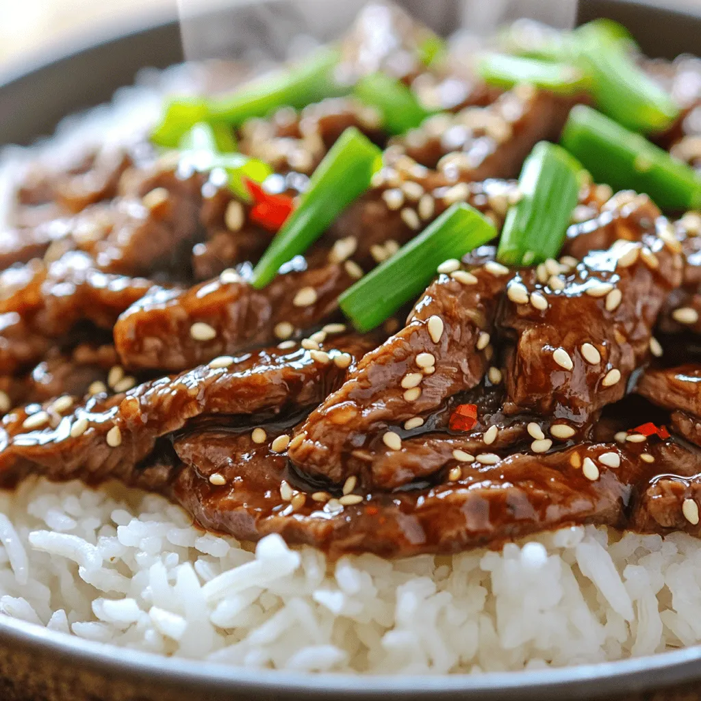 - Flank steak and its preparation: You need 1 pound of flank steak. Slice it thinly against the grain. This helps make the meat tender. Thin slices cook fast and get crispy. - Cornstarch for coating: Use 1/2 cup of cornstarch. Toss the sliced beef in it until fully coated. This gives the beef a nice crunch when cooked. - Essential aromatics and seasonings: Gather these key items: - 3 tablespoons vegetable oil for frying - 1 teaspoon minced ginger for a warm flavor - 3 cloves of garlic, minced for richness - 1/4 cup low sodium soy sauce for saltiness - 1/4 cup brown sugar for sweetness - 1/2 cup green onions, chopped (white and green parts separated) for freshness - 1/4 teaspoon black pepper for spice - 1/4 teaspoon red pepper flakes (optional) for heat - Sesame seeds for garnish, adding a nice touch These ingredients come together to create a dish that is quick and tasty. They also offer a well-balanced flavor, making your Mongolian beef better than takeout. First, slice the flank steak thinly against the grain. This keeps the meat tender. Next, toss the sliced beef in cornstarch until it is fully coated. This helps create a crispy texture. Let the beef rest for about 10 minutes. This resting time allows the cornstarch to stick better. Heat 3 tablespoons of vegetable oil in a large skillet over medium-high heat. Make sure the oil is hot before adding the beef. Cook the beef in batches. This step helps avoid overcrowding, which can make it steam instead of crisp. Cook for 2-3 minutes on each side until they turn golden brown. Once done, place the beef on paper towels to drain excess oil. In the same skillet, add 1 teaspoon of minced ginger and 3 cloves of minced garlic. Sauté for about 30 seconds until fragrant. Then, add 1/4 cup of low sodium soy sauce, 1/4 cup of brown sugar, 1/4 teaspoon black pepper, and red pepper flakes if you want heat. Stir well and let it simmer for 2-3 minutes. This helps the sauce thicken slightly. Return the cooked beef to the skillet. Toss it gently to coat with the sauce. Add the white parts of the 1/2 cup of chopped green onions. Stir and cook for an additional 1-2 minutes until heated through. Finally, remove from heat and garnish with the green parts of the green onions and sesame seeds. Using low sodium soy sauce is key. It gives rich flavor without too much salt. This helps balance sweetness and heat. Use brown sugar for sweetness and red pepper flakes for spice. Adjust these to your taste. For browning meat, use a hot skillet with oil. This keeps the beef crispy and tender. Cook in batches to avoid steaming. High heat helps the meat cook fast. It seals in juices and gives a nice crust. Serve your Mongolian beef over rice or noodles. This makes a full meal. Drizzle extra sauce on top for added flavor. Garnish with green onions and sesame seeds. This adds color and makes the dish look fancy. {{image_2}} You can easily swap flank steak for other cuts. Sirloin works well if you want a more tender bite. For those who want a lighter option, chicken or tofu can fit nicely too. If you need a soy sauce alternative, try tamari or coconut aminos. Both options give a similar taste but cater to different dietary needs. Add some veggies to your dish for extra crunch! Bell peppers and broccoli bring color and nutrients. You can also adjust the spice levels. If you like heat, toss in more red pepper flakes. This small change can make a big impact on flavor. If you want to make this dish gluten-free, use tamari instead of soy sauce. For a low-sugar version, cut down on brown sugar or use a sugar substitute. These easy swaps help you enjoy Mongolian beef while sticking to your dietary goals. To keep your Mongolian beef fresh, place it in an airtight container. Let it cool first. Store it in the fridge for up to four days. Always label the container with the date. This helps you track freshness. To freeze leftover Mongolian beef, follow these steps: 1. Cool the beef completely. 2. Place it in a freezer-safe bag or container. 3. Remove as much air as possible before sealing. 4. Label with the date. You can freeze it for up to three months. When ready to eat, thaw it overnight in the fridge. Reheat in a skillet over low heat until hot. In the fridge, Mongolian beef lasts about four days. If you freeze it, it can stay good for three months. Always check for any off smells or changes in texture before eating. This ensures your meal is safe and tasty. Yes, you can make Mongolian beef ahead of time. To do this, follow these steps: - Cook as normal: Prepare the dish completely. - Cool it down: Let it cool to room temperature. - Store it: Place it in an airtight container in the fridge for up to three days. When you're ready to eat, reheat it in a pan over medium heat. Stir it often to avoid burning. You can also add a splash of water or extra soy sauce to keep it moist. Flank steak is the best cut for Mongolian beef. It has a rich flavor and cooks well. Here’s how it compares to other cuts: - Flank Steak: Tender, easy to slice thin, and absorbs flavors well. - Sirloin: A bit tougher and less flavorful, but still a good option. - Ribeye: Very tender and juicy, but it may be too fatty for this dish. Flank steak remains the top choice for its flavor and texture. If you want more heat in your Mongolian beef, here are some tips: - Add more red pepper flakes: Start with an extra 1/4 teaspoon and adjust to taste. - Use fresh chili peppers: Slice up fresh chilies and add them while cooking. - Include sriracha or chili paste: A spoonful can bring a nice kick. Adjust the spice to match your heat preference. Traditional Mongolian beef is not gluten-free because it uses soy sauce. However, you can make it gluten-free by using these alternatives: - Tamari: A gluten-free soy sauce that tastes great. - Coconut aminos: A soy-free option that's also gluten-free. By making these swaps, you can enjoy this dish without gluten. In this post, we explored how to make Mongolian Beef from scratch. We covered key ingredients like flank steak and cornstarch. I shared steps for preparing, cooking, and assembling the dish, along with tips for rich flavor. Variations allow for personal touches, making it versatile. Finally, I highlighted storage tips to maintain freshness. Enjoy making this dish and impress your friends and family with your skills!