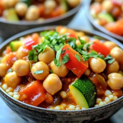 - 1 cup couscous - 2 cups vegetable broth - 1 can (15 oz) chickpeas, rinsed and drained - 1 medium onion, diced - 2 cloves garlic, minced - 1 red bell pepper, diced - 1 zucchini, diced - 1 can (14 oz) diced tomatoes Couscous acts as a fluffy base for this stew. It cooks quickly and absorbs flavors well. Chickpeas add protein and a nice texture. Fresh vegetables like onion, garlic, bell pepper, and zucchini bring color and nutrients to the dish. - 2 tablespoons harissa paste (adjust for spice level) - 1 teaspoon cumin - 1 teaspoon smoked paprika - Salt and pepper to taste Harissa paste gives the stew its signature heat and depth. Cumin adds warmth, while smoked paprika enhances the flavor with a subtle smokiness. Salt and pepper round out the taste, making every bite delicious. - Fresh parsley, chopped (for garnish) - Drizzling olive oil Fresh parsley brightens the dish and adds a pop of color. A drizzle of olive oil on top enhances the flavor and richness. Serve this hearty stew warm in deep bowls for a comforting meal. First, let’s prepare the broth and couscous. In a medium saucepan, heat 2 cups of vegetable broth until it simmers. Once it simmers, add 1 cup of couscous. After that, remove the pot from the heat. Cover it and let it steam for about 5 minutes. When time is up, fluff the couscous with a fork. Next, we need to chop our vegetables and garlic. Start with a medium onion. Dice it into small pieces. Then, take 2 cloves of garlic and mince them finely. You will also need to dice 1 red bell pepper and 1 zucchini. Make sure your pieces are uniform for even cooking. Now it’s time to cook! In a large pot or Dutch oven, heat 3 tablespoons of olive oil over medium heat. Once the oil is hot, add the diced onion. Cook it for about 5 minutes until it turns translucent. Then, stir in the minced garlic and diced red bell pepper. Sauté these together for about 3 minutes. The bell pepper should become tender. Next, add the diced zucchini to the pot. Sauté it for an additional 2-3 minutes. After that, stir in 1 can of diced tomatoes, 1 can of chickpeas (rinsed and drained), 2 tablespoons of harissa paste, 1 teaspoon of cumin, and 1 teaspoon of smoked paprika. Add salt and pepper to taste. Bring the stew to a gentle boil, then reduce the heat and let it simmer for 10-15 minutes. After the stew has simmered, it’s time to combine the couscous with the stew. Fold the cooked couscous into the pot gently. Make sure everything is mixed well. Taste the stew and adjust the seasoning if needed. Serve your hot stew in deep bowls. To make it extra special, drizzle a little more olive oil on top. Add some chopped fresh parsley for a pop of color. Enjoy this delightful meal that warms the soul! How to properly cook couscous To cook couscous, heat vegetable broth until it simmers. Then, add the couscous. Remove it from heat and cover the pot. Let it sit for about five minutes. After that, fluff it with a fork. This method keeps the couscous light and fluffy. Tips for cutting vegetables uniformly When cutting veggies, use a sharp knife. Start with even pieces for quick cooking. Try to cut all pieces the same size. This ensures they cook evenly and look nice in your stew. A simple trick is to stack slices and then cut them into strips. Adjusting spice levels with harissa Harissa paste adds heat and flavor. Start with two tablespoons for a spicy kick. If you prefer less heat, use one tablespoon. You can also add a bit of yogurt on the side. It cools the spice and balances the flavors. Adding protein or other vegetables Want to add protein? Chickpeas work great here, but you can try lentils or tofu. They blend well with the stew. You can also toss in more veggies like carrots or spinach. This gives you extra nutrition and flavor. Just chop them and add them during cooking. {{image_2}} You can switch couscous for other grains. Quinoa or bulgur works well. They add unique flavors. If you want a gluten-free option, try rice or millet. Both will soak up the stew's tasty broth. For legumes, chickpeas are great, but you can use other beans. Black beans or lentils also fit nicely. They change the flavor and texture. Mix and match to find your favorite combo. To lower the heat, use less harissa paste. Start with one tablespoon and taste. You can also add more veggies to balance the spice. Sweet potatoes or carrots can help. If you want it spicier, add more harissa. You can also sprinkle in red pepper flakes or cayenne pepper. Just a pinch can bring extra heat. Experiment with different spice blends too. Try adding curry powder for a new twist. This recipe can easily fit vegan needs. All ingredients are plant-based, so you're good to go! For gluten-free options, just replace couscous with a gluten-free grain. Always check labels to ensure they meet your needs. If you have dairy or nut allergies, this stew is safe. It doesn’t contain any dairy or nuts. Enjoy this dish without worry. To store leftovers, let the stew cool down first. Place it in an airtight container. Make sure to seal it tightly to keep the stew fresh. You can store it in the fridge for up to three days. To freeze portions, use freezer-safe containers. Divide the stew into single servings. Leave some space at the top of the container to allow for expansion. Label the containers with the date, so you know when you made it. For thawing, move the container to the fridge overnight. You can also thaw it in the microwave. When reheating, stir well to ensure even heating. Heat until it's steaming hot. Enjoy your tasty stew again! Can I prepare this dish ahead of time? Yes, you can make this stew in advance. It tastes even better the next day. Store it in the fridge for up to three days. Reheat it on the stove or in the microwave. What to serve with Spicy Harissa Chickpea Couscous Stew? This stew pairs well with crusty bread or a fresh green salad. You can also serve it with yogurt for a cool contrast to the spice. Is this stew healthy? Yes, this stew is healthy. It is packed with vegetables, protein from chickpeas, and whole grains from couscous. It is a great option for a balanced meal. How many calories per serving? Each serving has around 350 calories. This can vary based on the exact ingredients used. Can I use a different type of broth? Absolutely! You can use chicken broth or even water if you prefer. Just remember that different broths will change the flavor a bit. What if I can’t find harissa paste? If you can't find harissa, try using a mix of chili paste and a bit of cumin. This will give you a similar heat and flavor. You can also use sriracha for a different kick! This blog post provided a complete guide to making Spicy Harissa Chickpea Couscous Stew. We covered the key ingredients, from couscous and chickpeas to fresh veggies and spices. You learned the preparation steps and cooking tips to make your stew flavorful. I shared variations to cater to different diets and preferences. With proper storage techniques, leftovers can stay fresh for days. Experiment with spices to find your perfect flavor. Enjoy making this dish, and remember it’s all about the fun of cooking!