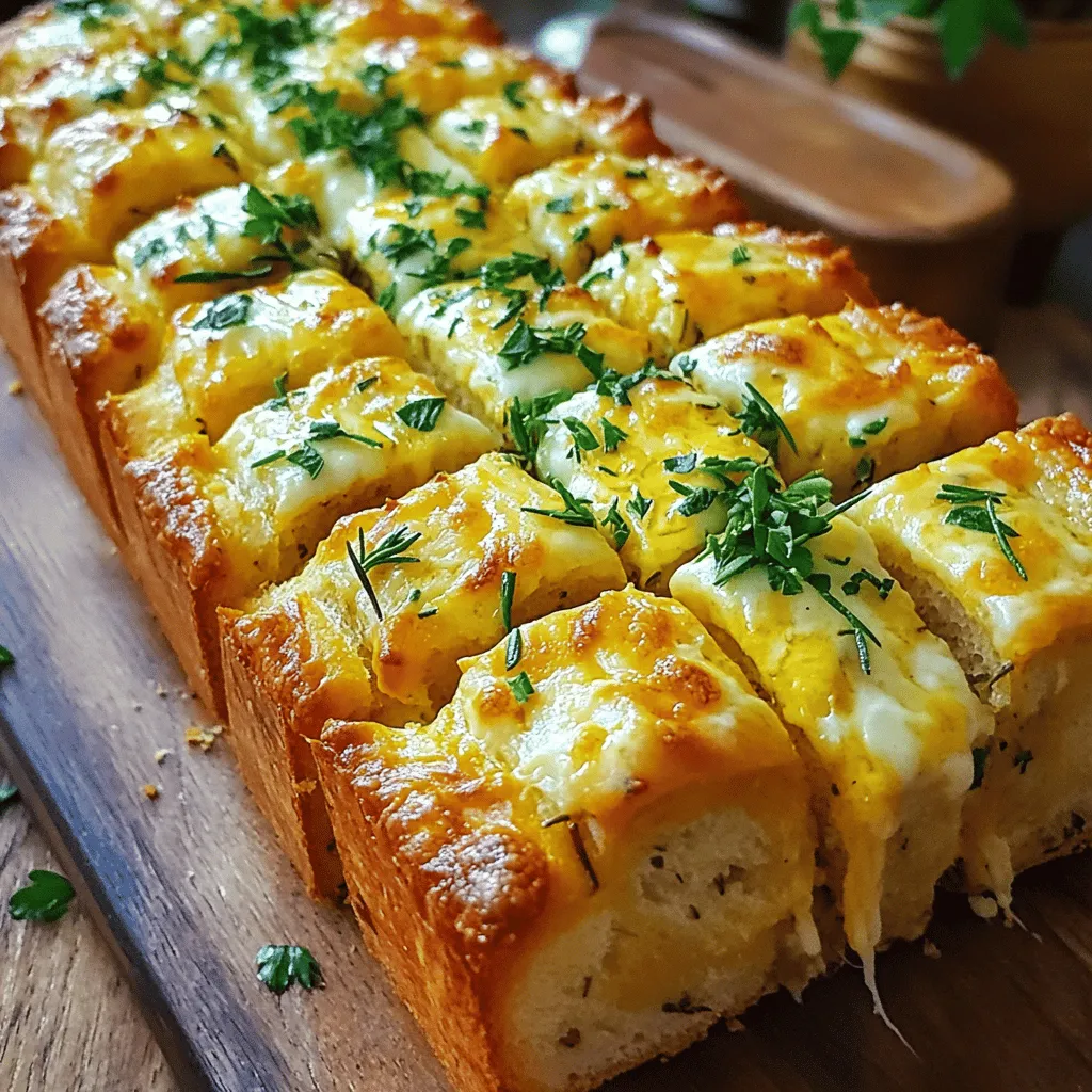 To make Cheesy Garlic Pull Apart Herb Bread, you need some simple ingredients. Each one plays a key role in creating a rich and tasty flavor. Here’s what you need: - 1 loaf of fresh bakery-style bread (ciabatta or rustic) - 1 cup shredded mozzarella cheese - 1/2 cup grated Parmesan cheese - 1/2 cup unsalted butter, melted - 4 cloves garlic, minced - 2 tablespoons fresh parsley, chopped - 1 tablespoon fresh rosemary, chopped - 1 tablespoon fresh thyme leaves - 1 teaspoon onion powder - Salt and pepper to taste Each ingredient adds its unique touch. The bread serves as a warm base, while the cheeses melt to create gooey goodness. Garlic gives a strong flavor that pairs well with the herbs. The butter helps everything blend together and keeps the bread soft. For herbs, fresh options like parsley, rosemary, and thyme bring a garden touch. This bread is perfect for sharing at any meal or as a snack. - Preheat oven to 375°F (190°C). - In a bowl, mix melted butter, minced garlic, parsley, rosemary, thyme, onion powder, salt, and pepper. This garlic herb butter is key for flavor. - Place the loaf on a cutting board. - Use a serrated knife to cut the bread into a grid pattern. Make deep cuts. Do not cut all the way through. Aim for about 1-inch gaps. - Drizzle the garlic herb butter into the cuts. Use a spoon or brush for even coverage. - Stuff the cuts with cheese, alternating between mozzarella and Parmesan. This will melt into the bread as it bakes. - Wrap the bread in aluminum foil. Place it on a baking sheet. - Bake for 15-20 minutes. This heats the bread through. - Remove the foil and bake for an extra 10 minutes. This creates a bubbly, golden crust. To make the garlic herb butter shine, use fresh herbs. Fresh parsley, rosemary, and thyme add a bright taste. You can also mix in other herbs like basil or oregano for extra flavor. Adjust these herbs to fit your taste. If you love garlic, add more minced cloves. Balance the butter with salt and pepper for a well-rounded taste. Cutting the bread right is key. Use a serrated knife for clean cuts. Make a grid pattern across the top of the bread. Aim for about 1-inch gaps between cuts. Be careful not to cut all the way through the bottom. This allows the garlic herb butter and cheese to seep in. Deep cuts create more pockets for flavor. The cheese you choose matters. I recommend mixing mozzarella and Parmesan for the best taste. Mozzarella melts well, while Parmesan adds a salty kick. Layer the cheese inside the cuts. This ensures every bite is cheesy and delicious. For added flavor, consider adding a sprinkle of garlic powder or a touch of red pepper flakes. {{image_2}} You can change the herbs to fit your taste. For a bright flavor, use basil or dill. Try oregano for an Italian twist. If you want a spicy kick, add some crushed red pepper flakes. Mix and match your favorites! Each herb gives a new taste to your cheesy garlic pull apart bread. Switch out the mozzarella and Parmesan for other cheeses. Cheddar brings a sharp taste that many love. Gouda adds a sweet, smoky flavor. You can even try feta for a tangy touch. Mixing different cheeses makes this bread unique and fun to eat. Choose what you enjoy to create your own special bread. For even more flavor, add meats or veggies. Diced ham or crispy bacon gives a savory touch. You can also use spinach or sun-dried tomatoes for a fresh twist. Stuffing the bread with these extras makes it heartier and more satisfying. Let your creativity shine by adding what you like best! To keep your Cheesy Garlic Pull Apart Herb Bread fresh, store it properly. Wrap the bread in plastic wrap or foil. Place it in an airtight container. This method helps keep moisture in and prevents it from going stale. You can store it at room temperature for up to two days. If you need it to last longer, consider freezing. Reheating bread can be tricky. To get the best texture, preheat your oven to 350°F (175°C). Unwrap the bread from any covering. Place it on a baking sheet. Heat it for about 10-15 minutes. This helps the cheese melt again and keeps the crust nice and crisp. You can freeze both unbaked and baked bread. For unbaked bread, prepare it up to the baking step. Wrap it tightly in plastic wrap and then foil. Store it in the freezer for up to three months. When ready to bake, just remove it from the freezer and bake it straight from frozen. For baked bread, let it cool completely first. Then wrap it in plastic wrap and foil. This also lasts for about three months. You can prepare this bread in advance with a few easy steps. First, make the garlic herb butter and cut the bread as instructed. Then, drizzle the garlic butter into the cuts, but do not add the cheese yet. Wrap the bread tightly in foil and store it in the fridge for up to 24 hours. When you're ready to bake, just add the cheese and follow the baking steps. This way, you save time on busy days. Yes, you can use various breads for this recipe. Ciabatta and round rustic loaves work well, but you can also try sourdough or French bread. Just ensure that the bread has a nice crust to hold the filling. Each type of bread adds a unique taste and texture. Experiment to find your favorite! You can make this bread lighter with some simple swaps. Use whole wheat bread instead of white for more fiber. You can also reduce the cheese and use low-fat options. Swap butter for olive oil to cut back on saturated fats. Adding more herbs can enhance flavor without extra calories. These changes keep the bread tasty while making it a bit healthier. This blog post detailed how to make Cheesy Garlic Pull Apart Herb Bread. We covered the ingredients, preparation steps, and tips for perfect results. You can swap herbs and cheeses to fit your taste. Plus, there are easy ways to store and reheat leftovers. Now you can create this delicious dish at home. Trust me, it will impress your family and friends. Enjoy making this easy and tasty recipe!