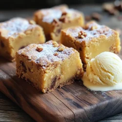 - 1 cup unsalted butter (2 sticks) - 1 cup brown sugar, packed - 1/2 cup granulated sugar - 2 large eggs - 2 teaspoons vanilla extract These essential ingredients give the blondies a rich and sweet flavor. Unsalted butter adds creaminess. Brown sugar makes them chewy and adds depth. Granulated sugar balances the sweetness. Eggs bind the mix, while vanilla adds warmth. - 2 cups all-purpose flour - 1/2 teaspoon baking powder - 1/2 teaspoon baking soda - 1/4 teaspoon salt The dry mix creates structure in the blondies. All-purpose flour is your base. Baking powder and baking soda help them rise. The salt enhances all the flavors, making every bite tastier. - 1 cup toffee bits (or chopped toffee candy) - 1/2 cup chopped walnuts or pecans (optional) These mix-ins are the stars of the show! Toffee bits add a sweet crunch. If you like, nuts can add a nice texture and flavor. Choose walnuts or pecans based on your taste. Browning the butter Start by melting your unsalted butter in a medium saucepan over medium heat. Stir it often. After about 5-7 minutes, it will turn a nice golden brown. You’ll know it’s ready when it smells nutty. Take it off the heat and let it cool a bit. Combining sugars and mixing in eggs In a large bowl, mix the brown sugar and granulated sugar together. Pour the warm brown butter into the sugars. Whisk them until they blend well. Now, crack in the eggs, one at a time. Mix well after adding each egg. Finally, stir in the vanilla extract for that lovely flavor. Whisking flour and leavening agents In another bowl, whisk the all-purpose flour, baking powder, baking soda, and salt. Make sure there are no lumps. This step helps the blondies rise evenly. Incorporating dry mixture into wet batter Now, slowly add the dry mix to the wet batter. Stir gently until just mixed. Be careful not to overmix, as this can make your blondies tough. Pouring batter into the pan Take your prepared 9x13 inch baking pan. Pour the batter in, spreading it out evenly. Bake time and testing for doneness Place the pan in a preheated oven at 350°F (175°C). Bake for 20-25 minutes. Check for doneness by inserting a toothpick into the center. It should come out with a few moist crumbs, not wet batter. Let the blondies cool in the pan for 10 minutes before lifting them out. Cut them into squares and enjoy! To get that chewy texture in your blondies, brown butter is key. Brown butter adds a rich, nutty flavor. It also helps create a soft, moist center. Cook the butter until it turns golden brown. This process takes about 5-7 minutes. Stir it often to avoid burning. Baking time is also important. Bake your blondies for 20-25 minutes. Keep an eye on them. The edges should be golden brown. Insert a toothpick in the center. It should come out with a few moist crumbs, not wet batter. To serve your blondies, use a rustic wooden board. This makes them look appealing. Dust them lightly with powdered sugar for style. Pair the blondies with a scoop of vanilla ice cream. This adds creaminess to each bite. You can also cut the blondies into fun shapes. Use cookie cutters for a twist. Add a drizzle of caramel sauce on top for extra sweetness. One common mistake is overmixing the batter. Mix until just combined to avoid tough blondies. Overmixing can lead to a dry texture. Another mistake is baking at the wrong temperature. Always preheat your oven to 350°F. An oven that is too hot can burn the edges before the center cooks. Use an oven thermometer to ensure accuracy. This simple tool can help you nail that perfect bake. {{image_2}} You can easily change up the flavor of your blondies. Adding chocolate chips or chunks gives a rich taste. I love using semi-sweet or dark chocolate for a nice contrast. If you want to be creative, try other mix-ins like coconut or dried fruit. Dried cherries or cranberries can add a nice tartness that balances the sweetness. If you need gluten-free blondies, you can swap all-purpose flour for gluten-free flour. Make sure to use a blend that works well for baking. For those looking to cut back on sugar, you can use sugar substitutes like stevia or monk fruit. These options can keep the flavor while lowering the sugar content. You can also customize your blondies for the seasons. For fall, add pumpkin spice to the batter for a warm, cozy taste. During the holidays, try mixing in peppermint toffee bits. This gives a festive twist that everyone will love. Each variation makes these blondies fun and exciting for any occasion. You can store your chewy brown butter toffee blondies at room temperature. Keep them in an airtight container. They will stay fresh for about three days this way. If you want them to last longer, refrigerate them. This can keep them good for up to a week. However, the cold might make them a bit firmer. To freeze blondies, first cut them into squares. Wrap each piece tightly in plastic wrap. Then, place them in a freezer-safe bag or container. This will help prevent freezer burn. They can last in the freezer for up to three months. When you are ready to eat, thaw them at room temperature. For the best texture, warm them in the microwave for a few seconds. When stored properly, these blondies will stay fresh for about three days at room temperature. In the fridge, they can last about a week. Signs of spoilage include a change in color or a dry texture. If they smell off or have mold, throw them away. Enjoy your blondies while they are at their best! To check if your blondies are done, look for a few key signs. The edges should be golden brown. The center should look set but soft. A toothpick inserted in the middle should come out with a few moist crumbs, not wet batter. If you see wet batter, bake them a bit longer. Keep an eye on them, as they can go from perfect to overbaked quickly. Yes, you can use salted butter. It adds a nice flavor, but it changes the taste slightly. Using salted butter can make the blondies richer and more complex. If you choose salted butter, you might want to skip the added salt in the recipe. This will help balance the flavors and keep them from becoming too salty. If you don’t have toffee bits, there are great alternatives! You can use chocolate chips, butterscotch chips, or chopped up candy bars. Nuts like chopped pecans or walnuts work well too. Each option gives your blondies a different twist while still keeping that chewy texture. Mix and match to find your favorite combo! In this post, I shared key ingredients and step-by-step instructions for making blondies. We explored tips to achieve the perfect chewy texture and common mistakes to avoid. I also covered fun variations and provided storage advice to keep your blondies fresh. With these insights, you can create delicious blondies that everyone will love. Enjoy baking and sharing this sweet treat with friends and family!