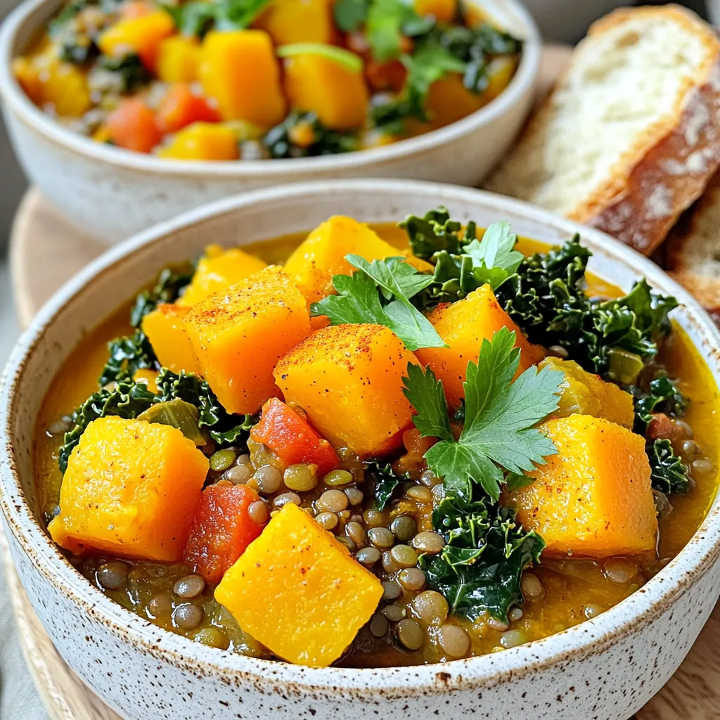 - 1 medium butternut squash, peeled and cubed - 1 cup green or brown lentils, rinsed - 1 large onion, chopped - 3 cloves garlic, minced - 2 carrots, diced - 2 celery stalks, diced - 1 can (14 oz) diced tomatoes - 4 cups vegetable broth - 2 teaspoons ground cumin - 1 teaspoon smoked paprika - 1 teaspoon turmeric - 1 teaspoon dried thyme - Salt and pepper to taste - 2 cups kale, chopped - 2 tablespoons olive oil - Fresh cilantro or parsley for garnish You can swap the butternut squash for sweet potatoes if you want. Zucchini also works well in place of celery. Use red lentils if you prefer a softer texture. If you don’t have fresh garlic, garlic powder is a quick fix. This stew is fully vegan, so it fits well for plant-based diets. It is gluten-free since all ingredients are free of gluten. Make sure to check your vegetable broth to confirm it is gluten-free. This recipe is great for anyone seeking healthy meals. Begin with a clean workspace. Peel the butternut squash and cut it into cubes. Aim for bite-sized pieces. Next, chop the onion and mince the garlic. Dice the carrots and celery too. Rinse the lentils under cold water to remove any dust. Gather all these fresh veggies and lentils in one bowl. This makes it easier to add them to the slow cooker. Now, it's time to set up your slow cooker. Add all the prepared ingredients into the pot. Pour in the diced tomatoes with their juice and the vegetable broth. Sprinkle in the spices: ground cumin, smoked paprika, turmeric, and dried thyme. Add salt and pepper to taste. Drizzle the olive oil over everything. Stir gently to mix well. Cover the slow cooker and choose your cooking time. For low heat, set it for 6 to 8 hours. If you’re short on time, you can set it to high for 3 to 4 hours. This is the magic of slow cooking. The longer it cooks, the better the flavors blend. About 30 minutes before you serve the stew, it’s time to add the kale. Chop it into smaller pieces and stir it into the pot. The kale adds a nice color and a healthy boost. Let it cook for the remaining time. When it’s ready, taste the stew. Adjust the seasoning if needed. Serve it hot and enjoy! To get the right texture, start with fresh butternut squash. Make sure it is peeled and cubed evenly. This helps it cook well. Use green or brown lentils, as they hold their shape better. Avoid red lentils, as they turn mushy. Let the stew cook slowly. This way, all the flavors mix and the veggies get tender. For added flavor, try using fresh herbs. Fresh thyme or cilantro can really boost the taste. You can also add a splash of lemon juice before serving. This brightens the dish. If you like more heat, add a pinch of red pepper flakes. Adjust salt and pepper to your liking. Always taste the stew before serving to make sure it’s just right. When slow cooking, layering ingredients matters. Start with the denser items like squash and lentils at the bottom. This lets them soak up all the flavors. Don't peek too often, as this releases heat. Set your slow cooker to low for a longer cook time. This helps the flavors develop fully. Remember to add kale near the end to keep it vibrant and fresh. {{image_2}} You can easily boost the protein in your Slow Cooker Butternut Squash and Lentil Stew. Try adding beans or chicken. For beans, black beans or chickpeas work well. Just rinse and drain them before adding. If you prefer chicken, use boneless, skinless thighs. Chop them into bite-sized pieces. Add the chicken at the start of cooking for tender results. Want to spice things up? Adjust the heat in your stew. Add cayenne pepper for a kick. Start with a small amount, about 1/4 teaspoon. You can also mix in diced jalapeños for fresh spice. If you prefer mild flavors, reduce the smoked paprika. This way, you can tailor the stew to your taste. Feel free to change up the veggies in your stew. Sweet potatoes or turnips can replace butternut squash. They add a nice twist and flavor. You can also include bell peppers or zucchini for extra color. Just be mindful of cooking times. Add quicker-cooking veggies later, about halfway through the stew's cooking time. This keeps them from getting too soft. To store your leftover stew, let it cool to room temperature. Then, scoop it into an airtight container. This keeps the stew fresh and tasty. You can store it in the fridge for up to five days. Make sure to label the container with the date. This way, you won’t forget when you made it. If you want to keep the stew longer, freezing is a great option. Pour the cooled stew into freezer-safe bags or containers. Leave some space at the top for expansion. You can freeze it for up to three months. When you are ready to eat, thaw it overnight in the fridge. Reheat it on the stove or in the microwave until it’s hot. Stir well to ensure even heating. The stew lasts about five days in the fridge. If you freeze it, it can last up to three months. After that, the stew may lose its flavor and texture. Always check for any off smells or changes in color before eating leftover stew. If it seems off, it’s best to toss it out. Yes, you can use other squashes. Acorn or pumpkin works well too. Each type adds a unique taste. Choose one that you like best. If you pick a sweeter squash, adjust the spices to balance the flavor. Experiment and find your favorite! If your stew is too soft, you can try a few things. First, add more broth or water to thin it out. This will help balance the texture. If it's too mushy, try stirring in some fresh, chopped vegetables. They will add crunch and freshness. Serve it over rice or a grain for some extra texture. This stew pairs nicely with crusty bread or rice. You can also serve it with a simple salad. A green salad with a light dressing works great. It adds freshness and contrast to the warm stew. Consider cornbread for a hearty touch. Each option complements the flavors of the stew well. This blog post covered all key points about making a delicious stew. We discussed the best ingredients and how to swap fresh ones. Dietary needs like vegan and gluten-free options were noted too. I shared step-by-step cooking tips, including prep, timing, and adding kale. You learned about texture, flavor, and effective slow cooking. We explored fun variations, storage, and answered common questions. Now, you're ready to whip up a hearty stew. Enjoy the flavors and creativity of cooking your own way!