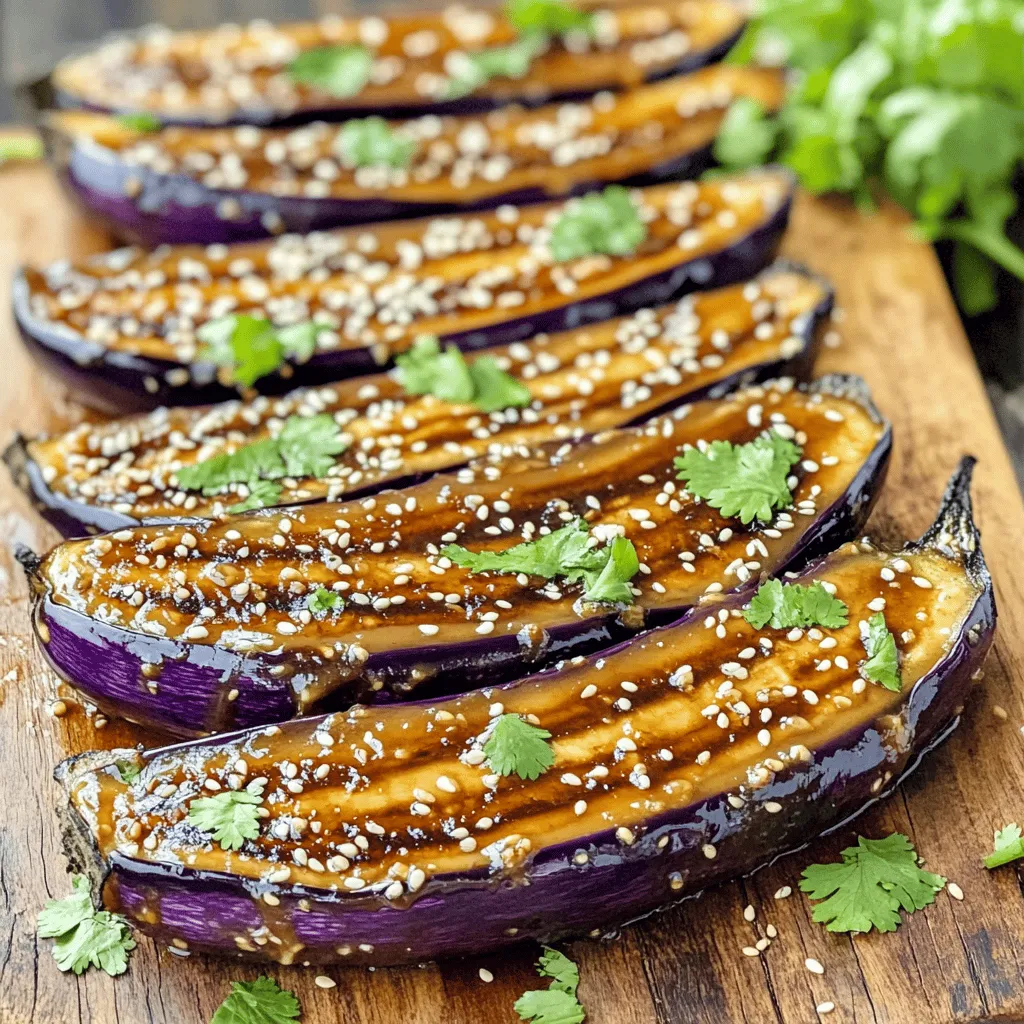- 2 medium eggplants, sliced into 1-inch thick steaks - 3 tablespoons miso paste (white or yellow) - 2 tablespoons maple syrup - 1 tablespoon soy sauce - 1 tablespoon sesame oil - 2 teaspoons rice vinegar - 1 clove garlic, minced - 1 teaspoon ginger, grated - 1 tablespoon sesame seeds - Fresh cilantro or green onions - Slicing and salting Start by slicing the eggplants into 1-inch thick steaks. Use a sharp knife for clean cuts. Lay the slices flat on a cutting board. - Drawing out moisture Sprinkle salt over each eggplant slice. Let them sit for 15 minutes. This step helps draw out excess moisture, making the eggplant less soggy when cooked. After 15 minutes, rinse the slices and pat them dry with a paper towel. - Whisking together the ingredients In a medium bowl, combine miso paste, maple syrup, soy sauce, sesame oil, rice vinegar, minced garlic, and grated ginger. If you like a little heat, add red pepper flakes. - Achieving a smooth consistency Whisk all the ingredients until well blended. Make sure there are no lumps. The glaze should be smooth and glossy. This will coat the eggplant nicely. - Proper marination techniques Place the eggplant steaks in a shallow dish. Pour the miso maple glaze over them. Use a brush or spoon to ensure each side gets coated well. - Recommended time for maximum flavor Cover the dish and let the eggplant marinate for at least 30 minutes. For deeper flavor, you can marinate it in the fridge for up to 2 hours. - Grilling instructions Preheat your grill to medium-high heat. If grilling, lightly oil the grates to prevent sticking. Place the marinated eggplant steaks on the grill. Cook for 4-5 minutes on each side. Look for nice grill marks. - Oven baking guidelines Preheat your oven to 400°F (200°C). Arrange the eggplant steaks on a lined baking sheet. Roast for 20-25 minutes, flipping halfway through. The eggplant should be tender and slightly caramelized. - Brushing leftover glaze In the last minutes of cooking, use any leftover glaze to brush the eggplant. This adds extra flavor and shine. - Garnishing the dish Once cooked, remove the eggplant from the heat. Sprinkle sesame seeds over the top and add fresh cilantro or green onions. Serve it hot for the best taste! To get the right flavor, adjust the sweetness and saltiness. If you like it sweeter, add more maple syrup. For a saltier taste, increase the miso or soy sauce. You can also swap out ingredients. Use tahini instead of miso for a nutty taste. If you don’t have maple syrup, honey works well too. Just remember that each change can change the flavor. When grilling, prevent sticking by lightly oiling the grill grates. This keeps the eggplant from tearing when you flip it. You can use a paper towel with a little oil to coat the grates. To ensure even cooking, cut the eggplant into uniform 1-inch steaks. This helps them cook at the same rate. Keep an eye on them to avoid burning. Pair these eggplant steaks with rice or quinoa for a full meal. Roasted vegetables or a fresh salad also work nicely. For a beautiful presentation, sprinkle sesame seeds and fresh cilantro on top. You can also arrange the steaks on a colorful plate for extra appeal. Remember, we eat with our eyes first! {{image_2}} You can add more heat with red pepper flakes. A pinch gives a nice kick. If you want more flavor, try other spices like smoked paprika or curry powder. These spices can change the taste and make the dish unique. Be sure all your ingredients meet dietary needs. Miso paste is usually vegan, but check the label. To make it gluten-free, use tamari instead of soy sauce. You could also try coconut aminos for a different taste. To make this dish more filling, add protein sources. Grilled tofu or chickpeas work well. You can also serve the eggplant steaks with grains like quinoa or brown rice. A fresh salad on the side adds crunch and color. To keep your Miso Maple Glazed Eggplant Steaks fresh, store leftovers in the fridge. Place them in an airtight container. This helps keep moisture in and prevents drying. Enjoy the leftovers within three days for the best taste. If you need to save them longer, freezing is a good option. Wrap the eggplant steaks tightly in plastic wrap and then place them in a freezer-safe bag. They can last up to three months in the freezer. When it comes to reheating, you have two choices: the microwave or the oven. The microwave is quick but may make the eggplant a bit soggy. Heat in short bursts, checking often. For better texture, use the oven. Preheat it to 350°F (175°C). Place the eggplant on a baking sheet and warm for about 10-15 minutes. This method helps keep the flavors and texture intact. Miso Maple Glazed Eggplant Steaks are safe to eat for three days in the refrigerator. After this time, they may lose flavor and texture. Look for signs of spoilage, such as a sour smell or slimy texture. These signs mean it’s best to toss them out. Keeping food safe is essential for a pleasant dining experience. Miso paste is a fermented soybean product. It adds a rich, savory flavor to dishes. Miso is high in protein, vitamins, and minerals. It also contains probiotics, which can aid digestion. You can use miso in soups, dressings, and marinades. Its versatility makes it a must-have in your pantry. Yes, you can! Zucchini, portobello mushrooms, and cauliflower are great substitutes. Each vegetable will absorb the miso maple glaze well. Adjust cooking times based on the vegetable's thickness. For example, zucchini may cook faster than eggplant. Feel free to experiment and find your favorite! You can prepare the eggplant and glaze ahead of time. Slice the eggplant and salt it as directed. Then, mix the glaze and marinate the eggplant. Cover and store in the fridge for up to 24 hours. This allows the flavors to deepen. When ready to cook, just grill or bake as usual. Absolutely! Miso maple glazed eggplant steaks are completely vegetarian. The main ingredients are plant-based, making it a great choice. You can enjoy this dish with confidence, knowing it fits your diet. Serve it with a side of rice or salad for a complete meal. To add heat, mix in red pepper flakes for a mild kick. If you want more spice, try adding sriracha or chili paste. You can also use fresh chopped chili peppers for a fresh taste. Start small and adjust to your heat preference. This way, you can enjoy a spicy version of the dish! In this blog post, we explored how to make delicious miso maple glazed eggplant. We covered the key ingredients, including eggplant, miso paste, and maple syrup. I shared step-by-step instructions to prepare, marinate, and cook the eggplant. You learned tips for achieving the perfect glaze and variations to suit different diets. Remember, this dish is easy to adapt. Enjoy it as a tasty side or main meal. Experiment with your favorite ingredients to make it your own. Enjoy cooking and savor every bite!